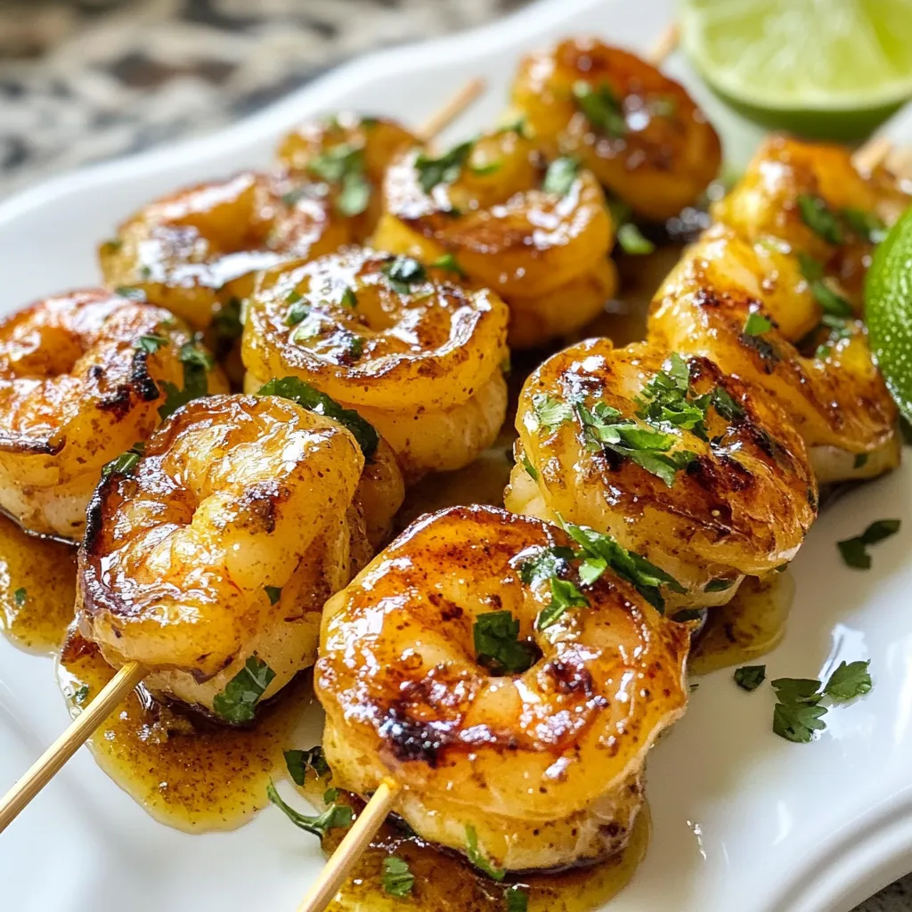 To make Honey Lime Shrimp Skewers, you will need: - 1 lb large shrimp, peeled and deveined - 3 tablespoons honey - 2 tablespoons fresh lime juice - 1 teaspoon lime zest - 2 cloves garlic, minced - 1 teaspoon ground cumin - 1 teaspoon paprika - Salt and pepper to taste - 2 tablespoons olive oil - Fresh cilantro, chopped (for garnish) You need a few tools to make this dish: - Skewers (wooden or metal) - Mixing bowl for the marinade - Grill or grill pan for cooking - Whisk or fork for mixing Garnishes can make your dish pop. Here are some ideas: - Extra lime wedges for serving - Slices of avocado - Chopped green onions - Sliced jalapeños for a spicy kick - More fresh cilantro for a bright finish {{ingredient_image_1}} To start, grab a medium bowl. In this bowl, whisk together these key ingredients: - 3 tablespoons honey - 2 tablespoons fresh lime juice - 1 teaspoon lime zest - 2 cloves garlic, minced - 1 teaspoon ground cumin - 1 teaspoon paprika - Salt and pepper to taste - 2 tablespoons olive oil Mix them well until smooth. This marinade gives the shrimp a sweet and tangy flavor. Next, take 1 pound of large shrimp, peeled and deveined. Add the shrimp to the marinade. Make sure each shrimp gets a good coating. Cover the bowl with plastic wrap. Let the shrimp marinate for 30 minutes. You can also chill it for up to 2 hours for extra flavor. Now, preheat your grill or grill pan to medium-high heat. While it's heating, thread the marinated shrimp onto skewers. Aim for about 4-5 shrimp per skewer. This keeps them together while cooking. Lightly oil the grill grates to avoid sticking. Place the shrimp skewers on the grill. Cook each side for 2-3 minutes. The shrimp should turn opaque and be just cooked through. Once done, remove them from the grill. Garnish with fresh chopped cilantro before serving. Enjoy this tasty dish! To make the best honey lime shrimp skewers, start with the marinade. Combine honey, lime juice, and zest. Add minced garlic, ground cumin, and paprika. This mix brings out the best flavors. The shrimp should soak in this for at least 30 minutes. If you have more time, let them marinate for up to 2 hours. This helps the shrimp absorb all those tasty flavors. Don't skip this step; it is key for a great dish. Grill temperature matters. Aim for medium-high heat. This ensures the shrimp cook fast. Too low, and the shrimp can become tough. Too high, and they may burn. Preheat your grill for about 10 minutes before cooking. You want that perfect sear on each skewer. Lightly oil the grates to avoid sticking. This makes flipping easy and keeps the shrimp intact. Sometimes, things don’t go as planned. If shrimp stick to the grill, it may be the heat or oil. Make sure to oil the grill grates well. If your shrimp are overcooked, they will be rubbery. Keep an eye on them and cook for just 2-3 minutes on each side. Remove them once they turn opaque. If they look pink and shiny, they are ready to eat! Pro Tips Marinate for Maximum Flavor: Allow the shrimp to marinate for at least 30 minutes, but for the best flavor, try to marinate them for up to 2 hours in the refrigerator. Use Skewers Wisely: If using wooden skewers, soak them in water for 30 minutes before grilling to prevent burning. Don’t Overcook the Shrimp: Shrimp cook quickly; grill them just until they turn opaque and are slightly curled to maintain a tender texture. Garnish for Freshness: Always garnish with freshly chopped cilantro right before serving to enhance the dish's aroma and presentation. {{image_2}} You can swap shrimp for other proteins. Chicken or tofu works well. Use about 1 pound for each. Both absorb the honey-lime flavor nicely. You can also try scallops. They cook quickly and taste great with the marinade. Just like shrimp, they need about 2-3 minutes on each side. Want to change the taste? Try adding spices or herbs. A pinch of chili powder gives a nice kick. You can also add fresh herbs like basil or mint. These herbs add a fresh taste that brightens the dish. For a smoky flavor, try smoked paprika instead of regular paprika. Pair your skewers with tasty sides. Rice or quinoa makes a great base. You can also serve them with a fresh salad. A citrus salad with orange or grapefruit adds a nice touch. For something crunchy, consider coleslaw or grilled veggies. Enjoy your meal with a light drink like sparkling water or iced tea. After enjoying your Honey Lime Shrimp Skewers, store any leftovers in an airtight container. Place the container in the fridge. The shrimp will stay fresh for up to two days. Make sure to cool the skewers to room temperature before storing them. This helps keep the shrimp juicy and tasty. To reheat the shrimp skewers, use a skillet over medium heat. Add a splash of olive oil to the pan. Cook the skewers for about three to five minutes, turning them gently. You want to heat them through without overcooking. You can also use a microwave. Heat the skewers on a microwave-safe plate for about 30 seconds. Check to ensure they are warm but not rubbery. You can freeze the marinated shrimp before grilling. Place them in a freezer-safe bag. Make sure to remove as much air as possible before sealing. They can stay in the freezer for up to three months. When ready to use, thaw them overnight in the fridge. This keeps the shrimp safe and tasty. Do not freeze cooked shrimp, as they can lose their texture. I recommend marinating shrimp for at least 30 minutes. This time allows the shrimp to soak up the honey and lime flavors. If you want a stronger taste, you can marinate for up to 2 hours. Just remember, don’t go longer than that. The shrimp can become too soft. Yes, you can make these skewers in the oven. Preheat your oven to 400°F (200°C). Place the shrimp on a baking sheet lined with foil. Cook for about 6-8 minutes, flipping halfway through. Watch for the shrimp to turn opaque and curl slightly. These skewers pair well with various sides. You might try serving them with: - Rice or quinoa for a filling base. - Grilled veggies for a colorful plate. - A fresh salad for a light, crisp touch. - Corn on the cob for a sweet crunch. These options will enhance the meal and make it more exciting! Honey Lime Shrimp Skewers are easy to make and taste great. We covered the ingredients, equipment, and garnishes needed. I shared simple steps to marinate and grill the shrimp. The tips help you get the best flavor and fix any cooking problems. You can even try different proteins and flavors. Remember to store your leftovers properly too. This dish is perfect for any meal, and it pairs well with many sides. Enjoy your cooking adventure with these tasty skewers!