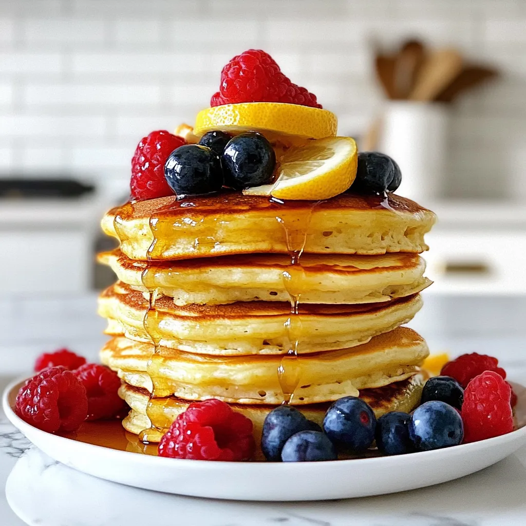 To make the perfect lemon ricotta pancakes, you need some key ingredients. Each one adds flavor and texture to your dish. Here’s what you will need: - 1 cup ricotta cheese - 1 cup all-purpose flour - 1/2 cup milk - 3 large eggs - Zest of 1 lemon - 2 tablespoons lemon juice - 2 tablespoons sugar - 1 teaspoon baking powder - 1/2 teaspoon baking soda - Pinch of salt - Butter or oil for cooking - Maple syrup and fresh berries for serving Ricotta cheese is the star of this recipe. It makes the pancakes soft and rich. The all-purpose flour gives them structure. Milk adds moisture and makes them easy to mix. Eggs help bind everything together and add fluffiness. Lemon zest and juice bring a bright, fresh flavor. Sugar adds just the right sweetness. Baking powder and baking soda make the pancakes rise and become airy. A pinch of salt balances the sweetness and enhances the flavor. You will need a fat, like butter or oil, to cook the pancakes. Finally, serve your pancakes with maple syrup and fresh berries for a tasty finish. These toppings add sweetness and a burst of color to your plate. Enjoy crafting these delightful pancakes! {{ingredient_image_1}} Start by gathering your mixing bowl. Add 1 cup of ricotta cheese to it. Then pour in 1/2 cup of milk. Crack 3 large eggs into the bowl. Next, add the zest of 1 lemon and 2 tablespoons of lemon juice. Finally, sprinkle in 2 tablespoons of sugar. Whisk these ingredients until the mix is smooth and well combined. This step makes your pancakes rich and creamy. In a separate bowl, sift together 1 cup of all-purpose flour, 1 teaspoon of baking powder, 1/2 teaspoon of baking soda, and a pinch of salt. Sifting helps to avoid lumps and ensures even mixing later. Make sure you mix these dry ingredients evenly. This step adds structure to your pancakes. Now, carefully fold the dry ingredients into the ricotta mix. Use a spatula to gently stir until just combined. It’s okay if a few lumps remain. Overmixing can make your pancakes tough. Remember, the goal is a light and fluffy pancake. Preheat your non-stick skillet or griddle over medium heat. Lightly grease it with butter or oil. Once hot, pour about 1/4 cup of batter for each pancake. Cook for about 2-3 minutes. Look for bubbles forming on the surface. When the edges look set, flip the pancakes. Cook for another 2 minutes until golden brown. Repeat this with the remaining batter, greasing the skillet as needed. Serve your warm pancakes topped with maple syrup. Add a handful of fresh berries on the side for color and flavor. This makes for a delightful finish to your meal. Enjoy every fluffy bite! To make your pancakes fluffy, start by using fresh ricotta cheese. Creamy ricotta adds a light texture. Mix your wet ingredients first. Whisk ricotta, milk, eggs, lemon zest, lemon juice, and sugar well. This step helps create air pockets. Next, avoid overmixing when you combine wet and dry ingredients. A few lumps are fine. This keeps the pancakes airy. Also, let the batter rest for a few minutes. This resting time lets the baking powder work. If you have allergies or preferences, there are easy swaps. For dairy-free needs, try almond or oat milk in place of regular milk. You can use a vegan ricotta made from nuts. For gluten-free pancakes, substitute all-purpose flour with a gluten-free blend. If you prefer less sugar, reduce the sugar or use a sugar substitute. These changes let you enjoy the pancakes while meeting your needs. For the best pancakes, consider using a digital thermometer. This helps check your cooking temperature. Aim for medium heat on your skillet. Too hot, and the pancakes burn. Too cool, and they won’t cook through. Use a measuring cup for even pancake sizes. About 1/4 cup works well. This way, all your pancakes cook evenly. Also, try flipping them once. Flipping too often makes them tough. Finally, serve the pancakes right away. They taste best fresh and warm! Pro Tips Use Fresh Ingredients: Always opt for fresh lemons and high-quality ricotta for the best flavor in your pancakes. Don’t Overmix: Gently fold the dry ingredients into the wet mixture to keep the pancakes fluffy. A few lumps are perfectly fine. Temperature is Key: Ensure your skillet is preheated to the right temperature to achieve a golden-brown crust without burning. Custom Toppings: Experiment with different toppings like yogurt, honey, or various fruits to create your own delicious variations. {{image_2}} You can easily change the taste of your pancakes. Adding vanilla gives a warm, sweet flavor. Just mix in one teaspoon of vanilla extract with the wet ingredients. For a fruity twist, toss in fresh blueberries. Use about half a cup and fold them gently into the batter. This adds a burst of flavor in every bite. Want gluten-free pancakes? It’s easy! Swap the all-purpose flour for a gluten-free flour blend. Make sure it has a good mix of starches and fibers. This keeps the pancakes light and fluffy. You might need to adjust the liquid a bit. If the batter is too thick, add a little more milk until it’s just right. You can make these pancakes vegan too! Replace the ricotta cheese with silken tofu. Blend the tofu until smooth for a creamy base. Use plant-based milk instead of regular milk. For eggs, mix one tablespoon of ground flaxseed with three tablespoons of water for each egg. Let it sit for five minutes to thicken. This will give your pancakes a lovely texture without eggs. To store leftover pancakes, first let them cool. Place them in an airtight container. You can stack them with parchment paper in between to prevent sticking. Store them in the fridge for up to three days. This keeps them fresh and ready for your next meal. When you’re ready to eat the pancakes again, there are a few easy ways to reheat them. You can use a microwave for quick heating. Place a pancake on a microwave-safe plate and cover it with a damp paper towel. Heat for 15 to 30 seconds. For a crispier pancake, use a skillet. Heat the skillet on low and warm each side for about one minute. If you want to save pancakes for a longer time, freezing is a great option. First, let the pancakes cool completely. Then, place them in a single layer on a baking sheet. Freeze them for about one hour. Once frozen, transfer them to a freezer bag. They can last for up to two months. When you’re ready to enjoy them, simply reheat straight from the freezer. Yes, you can make Lemon Ricotta Pancakes ahead of time. Cook the pancakes, then let them cool. Place them in an airtight container. You can store them in the fridge for up to three days. When you are ready to eat, just reheat them in a toaster or microwave. This method keeps them soft and tasty. Ricotta Pancakes stand out because of their creamy texture. Ricotta cheese adds moisture and richness. This makes the pancakes fluffy and light. The lemon zest and juice bring a bright flavor, enhancing the overall taste. Unlike regular pancakes, these have a lovely creaminess that makes them special. Yes, you can use different types of cheese. Cream cheese or cottage cheese can be good swaps. Each cheese gives a unique flavor and texture. Just keep in mind that the taste may change a bit. Experimenting with cheese can lead to fun new flavors in your pancakes. You can serve Lemon Ricotta Pancakes with many toppings. Here are some great options: - Maple syrup - Fresh berries (like strawberries or blueberries) - Whipped cream - Honey - A sprinkle of powdered sugar These toppings add sweetness and color to your dish, making it even more delightful. In this post, I covered how to make tasty lemon ricotta pancakes. We explored the ingredients, discussed preparation steps, and provided tips for perfect pancakes. I shared different variations and storage tips to help you enjoy them later. Remember, these pancakes are not just a treat; they're easy to make and fun to customize. Try them with berries or a drizzle of maple syrup. You’ll impress everyone with your delicious breakfast skills. Enjoy your cooking!