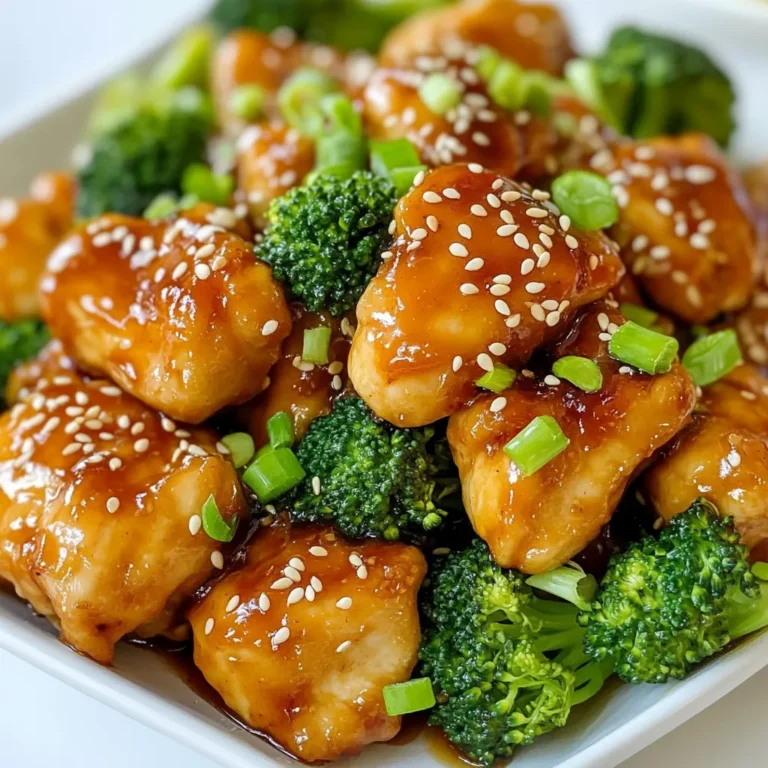 - 1 lb boneless, skinless chicken thighs, cut into bite-sized pieces - 2 cups broccoli florets - Marinade components: - 1/4 cup honey - 4 cloves garlic, minced - 2 tablespoons low sodium soy sauce - 1 tablespoon apple cider vinegar - 1 teaspoon grated fresh ginger - Salt and pepper to taste Chicken thighs bring a juicy texture to this dish. They cook evenly and soak up flavors well. Broccoli florets add color and crunch. The marinade blends sweet and savory notes, making it special. - Sesame seeds - Chopped green onions Garnishes enhance the look and taste. Sesame seeds provide a nutty crunch. Chopped green onions add a fresh bite. They make the dish more appealing and tasty. - 2 tablespoons olive oil Olive oil is key for cooking the chicken. It adds richness and helps achieve a nice browning. The low sodium soy sauce keeps the dish flavorful without too much salt. Apple cider vinegar balances the sweetness of honey. It adds a lovely tang to the meal. {{ingredient_image_1}} To start, grab a bowl and mix the marinade. Combine honey, minced garlic, soy sauce, apple cider vinegar, and grated ginger. Add a pinch of salt and pepper for taste. Once mixed, add the chicken pieces. Toss them until they are well coated. Cover the bowl and let it chill in the fridge. Marinate for at least 30 minutes for the best flavor. A longer marination will deepen the taste. While the chicken marinates, prepare your broccoli. Fill a pot with salted water and bring it to a boil. Once boiling, add the broccoli florets. Blanch them for 2 to 3 minutes. You want them bright green and slightly tender. Watch the time closely. If you overcook, they will lose their crunch. After blanching, drain the broccoli and set it aside. Now, let’s cook the chicken. Heat olive oil in a large skillet over medium-high heat. Remove the chicken from the marinade but save that marinade for later. Add the chicken to the hot skillet. Cook for about 5 to 7 minutes. Stir occasionally, making sure the chicken browns nicely. The chicken is done when it is no longer pink in the center. Once the chicken is cooked, it’s time to add the broccoli. Toss the blanched broccoli into the skillet and stir everything together. Pour the reserved marinade over the chicken and broccoli. Let it cook for an additional 3 to 4 minutes. This will thicken the sauce, making it delicious and sticky. Stir until everything is well coated. To make your honey garlic chicken even tastier, consider adding optional spices and herbs. - Ginger: Fresh ginger adds warmth and depth. - Red pepper flakes: For a hint of heat. - Cilantro: Fresh cilantro brightens the dish. You can also try different marinades. Mix honey with orange juice for a fruity twist, or use balsamic vinegar for a richer flavor. When cooking in a skillet, keep a few best practices in mind. - Heat: Start with medium-high heat to brown the chicken well. - Stirring: Stir the chicken often to cook evenly. To avoid overcooking chicken and broccoli, watch the time closely. Cook the chicken for 5-7 minutes, until it’s no longer pink. Blanch the broccoli for just 2-3 minutes; it should stay bright green and crisp. Pair your honey garlic chicken and broccoli with rice or noodles. - Rice: White or brown rice soaks up the sauce nicely. - Noodles: Stir-fried noodles add a fun twist. For a beautiful presentation, garnish with sesame seeds and chopped green onions. This adds color and extra texture to your dish. Pro Tips Marination Magic: Allow the chicken to marinate for at least 1 hour for deeper flavor. Overnight is even better! Browning the Chicken: Ensure the skillet is hot before adding the chicken to achieve a nice caramelization. Perfectly Blanched Broccoli: Blanch the broccoli until just tender to maintain its vibrant color and crunch. Thickening the Sauce: If you prefer a thicker sauce, mix 1 teaspoon of cornstarch with water and add it to the skillet during the final cooking stage. {{image_2}} You can easily switch chicken thighs for chicken breast. Chicken breast has less fat and cooks quickly. If you want shrimp, it works great too. Just reduce cooking time to about 3-4 minutes. For a vegetarian twist, use tofu. Tofu soaks up flavors well. Choose firm tofu for better texture. Cut it into cubes, then marinate and cook just like chicken. Feel free to add bell peppers for a sweet crunch. Slice them thinly and toss them in with the broccoli. Snap peas are another great choice. They add a nice snap and bright color. You can also customize with other greens. Spinach or kale works well. Just add them at the end for a quick wilt. Want more kick? Add chili flakes to the sauce. Start with a pinch and adjust to taste. You can also play with sweeteners. Use maple syrup instead of honey for a unique flavor. Brown sugar adds a deep sweetness too. Each change gives a new twist to the dish. To store your honey garlic chicken and broccoli, use airtight containers. Glass or plastic containers work well. Make sure to let the dish cool before sealing. This helps keep moisture in and prevents sogginess. You can refrigerate your leftovers for up to four days. If you want to keep them longer, freezing is your best bet. Just label your containers with the date so you know when to use them. For reheating, the stovetop is the best method. Heat a skillet over medium heat and add a splash of water or broth. This helps keep the chicken moist. Stir gently until everything is warm. You can also use a microwave. Place the food in a microwave-safe dish, cover it, and heat for 1-2 minutes. Stir halfway through to ensure even heating. This way, the flavors stay intact. In the fridge, honey garlic chicken and broccoli will last for about four days. In the freezer, it can stay good for up to three months. Look for signs of spoilage. If the chicken smells off or the broccoli has a slimy texture, discard it. Always trust your senses when it comes to food safety. To marinate chicken, mix the marinade ingredients in a bowl. For this recipe, combine honey, minced garlic, soy sauce, apple cider vinegar, and grated ginger. Add your chicken pieces and toss to coat them well. Cover the bowl and place it in the refrigerator. Let the chicken marinate for at least 30 minutes. This will enhance the flavor and tenderness. If you have time, you can marinate it for a few hours or overnight for an even richer taste. Yes, you can make this dish ahead of time. Prepare the marinade and chicken as directed. Marinate the chicken in the fridge for 30 minutes or longer. You can also blanch the broccoli and store it in a separate container. When you are ready to cook, just heat the skillet. Add the marinated chicken and follow the cooking steps. This makes meal prep easy and quick for busy days. If you want to add some heat, there are a few options. You can sprinkle red pepper flakes into the marinade to give it a spicy kick. Another option is to add fresh chopped chili peppers when cooking the chicken. You can also serve the dish with sriracha or your favorite hot sauce on the side. Adjust the amount based on your spice level preference. If you need a substitute for soy sauce, try using coconut aminos. It has a similar taste but is gluten-free. Another option is tamari, which is a gluten-free soy sauce alternative. You can also mix equal parts of balsamic vinegar and water for a different flavor profile. These options keep the dish tasty while meeting your dietary needs. This blog post covers a tasty chicken thigh dish made with broccoli and a flavorful marinade. We discussed marinating chicken, preparing broccoli, and cooking steps to get it just right. You learned tips for enhancing flavor and storing leftovers effectively. Try different proteins and vegetables to make the dish your own. Keep experimenting to find what you enjoy most. With practice, you will create meals that shine on your table. Happy cooking!
