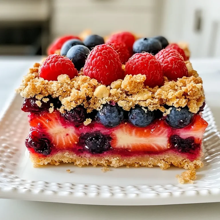 - 1 cup all-purpose flour - 1 cup rolled oats - 1/2 cup packed brown sugar - 1/2 cup unsalted butter, melted - 1 teaspoon vanilla extract - 1/4 teaspoon salt - 1/2 teaspoon ground cinnamon - 1 cup mixed berries (strawberries, blueberries, raspberries) - 2 tablespoons honey or maple syrup - 1 tablespoon cornstarch These ingredients come together to create a tasty treat. The flour and oats form the base. Brown sugar adds sweetness, while the butter gives richness. Vanilla extract enhances flavor, and salt balances the sweetness. Ground cinnamon adds warmth. The mixed berries provide tartness and color. Honey or maple syrup adds more sweetness. Finally, cornstarch helps thicken the berry filling. If you need allergy-friendly options, here are some ideas: - Gluten-Free Flour: Use a gluten-free flour blend instead of all-purpose flour. - Oats: Choose certified gluten-free oats if needed. - Butter: Substitute with coconut oil for a dairy-free option. - Honey/Maple Syrup: Use agave syrup if you prefer a different sweetener. These swaps keep your bars delicious while meeting dietary needs. Each serving of these bars has about: - Calories: 180 - Total Fat: 8g - Carbohydrates: 27g - Protein: 3g This breakdown helps you keep track of your intake while enjoying a tasty dessert. The mix of berries also adds vitamins, making these bars a healthier choice. {{ingredient_image_1}} First, preheat your oven to 350°F (175°C). This step helps the bars bake evenly. Next, take an 8x8-inch baking dish and line it with parchment paper. Make sure to leave some paper hanging over the sides. This makes it easy to lift out the bars later. In a mixing bowl, combine these ingredients: - 1 cup all-purpose flour - 1 cup rolled oats - 1/2 cup packed brown sugar - 1/2 cup unsalted butter, melted - 1 teaspoon vanilla extract - 1/4 teaspoon salt - 1/2 teaspoon ground cinnamon Mix everything until it looks crumbly. Save 1/2 cup of this mixture for the topping. Press the rest firmly into the bottom of your prepared baking dish. This forms a solid crust. In another bowl, toss together: - 1 cup mixed berries (strawberries, blueberries, raspberries) - 2 tablespoons honey or maple syrup - 1 tablespoon cornstarch Gently mix until the berries are coated. Spread this berry filling evenly over the crust in the pan. Then, crumble the reserved oat mixture on top of the berries. Make sure to cover them fully. Now, place the dish into your preheated oven. Bake for 25-30 minutes. You want the top to be golden and the berries to bubble. After baking, let the bars cool in the pan for 10-15 minutes. Finally, use the parchment paper to lift them out and let them cool completely on a wire rack. To get the right crumble texture, mix your dry ingredients well. Use a fork to blend the flour, oats, and brown sugar. Then, pour in the melted butter. Mix until it looks crumbly but holds together when pressed. You want it to be like wet sand. This mix forms a nice crust and topping. For a golden top, even baking is key. Make sure your oven is preheated to 350°F (175°C). Place the dish in the center of the oven. This allows hot air to circulate evenly. Bake for about 25-30 minutes. When the top turns golden and the berries bubble, they are ready. These bars taste great on their own. You can also serve them with a scoop of vanilla ice cream. Drizzle some honey or maple syrup on top for extra sweetness. Pair them with a cup of tea or coffee for a perfect snack. They are great for breakfast or dessert! Pro Tips Use Fresh Berries: Fresh berries will provide the best flavor and texture. If using frozen, make sure they are fully thawed and drained to avoid excess moisture. Experiment with Spices: Feel free to add a pinch of nutmeg or ginger to the crumble for an extra layer of flavor that complements the berries. Cool Completely: Allowing the bars to cool completely before cutting will help them set and hold their shape better when serving. Perfect for Meal Prep: These bars can be made ahead of time and stored in the fridge for up to a week, making them a great grab-and-go snack! {{image_2}} You can mix and match berries for great flavor. Try using blackberries, cherries, or even peaches. Seasonal berries can add a fresh twist. If you have berries that are overripe, this recipe is perfect for them. The juice from the berries makes the bars taste amazing. You can even use frozen berries if fresh ones are not available. To make these bars gluten-free, swap regular flour for gluten-free flour. You can use almond flour or a store-bought gluten-free blend. Check that your oats are labeled gluten-free, as some can contain gluten. These small changes keep the bars tasty while allowing more people to enjoy them. To make these bars vegan, replace the butter with coconut oil or vegan butter. Use maple syrup instead of honey for sweetness. Ensure your oats and other ingredients are vegan-friendly. You can even add a flax egg if you want a richer texture. These swaps keep the bars light, tasty, and perfect for everyone. Store your Triple Berry Crumble Bars in an airtight container. You can keep them in the pantry for up to three days. If you want them to last longer, place them in the fridge. They stay fresh for about a week in the fridge. Just make sure to let them cool completely before you store them. To freeze your bars, cut them into squares first. Wrap each square tightly in plastic wrap. Then, put them in a freezer-safe bag or container. They will stay good for up to three months. When you are ready to eat one, take it out and let it thaw in the fridge overnight. You can also reheat them in the microwave for 10-15 seconds. When stored correctly, the bars last about three days at room temperature. In the fridge, they can last up to a week. If you freeze them, they maintain their best quality for three months. Yes, you can use frozen berries. They work well in this recipe. Just make sure to thaw them first. If they are too wet, drain some liquid. This helps keep the bars from getting soggy. Look for a golden top. The berries should be bubbly and thick. Bake for 25-30 minutes until you see this. If you insert a toothpick, it should come out mostly clean. A little fruit juice is okay. You can serve these bars with whipped cream or ice cream. A scoop of vanilla pairs nicely. You can also add fresh berries on the side for extra flavor. Enjoy them with a cup of tea or coffee for a perfect snack! You learned how to make delicious Triple Berry Crumble Bars using simple ingredients. We covered everything, from the list of ingredients to step-by-step instructions and storage tips. Remember, you can swap ingredients for allergies or make it vegan. These bars are tasty, easy to make, and great for any occasion. Enjoy your baking journey, and don't hesitate to try different berry combinations or techniques. With practice, you'll perfect this treat and impress everyone! Happy baking!