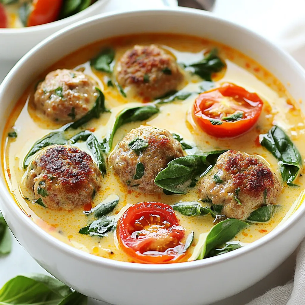 - 1 pound ground beef or turkey - 1/4 cup breadcrumbs - 1/4 cup grated Parmesan cheese - 1 tablespoon Italian seasoning - 1 egg - 1 tablespoon olive oil - 1 small onion, diced - 3 cloves garlic, minced - 4 cups chicken broth - 1 cup heavy cream - 1 cup baby spinach - 1 cup cherry tomatoes, halved - 1/2 teaspoon red pepper flakes (optional) When I think about making Creamy Tuscan Meatball Soup, I get excited. The meatballs are the heart of this dish. I often use ground beef or turkey, depending on what I have. Both work great. I mix in breadcrumbs to help keep them tender. A bit of Parmesan cheese adds rich flavor. Next, I grab Italian seasoning. It brings a warm, herby vibe to the soup. An egg helps bind the meatballs. Olive oil is key for cooking. It keeps things moist and adds taste. For the veggies, I start with onion and garlic. They create a wonderful base for the soup. I add four cups of chicken broth to make it hearty. Heavy cream gives it a creamy texture that is so comforting. I always include baby spinach for a pop of color and nutrition. Cherry tomatoes add a sweet burst, and red pepper flakes can bring some heat if you like spice. {{ingredient_image_1}} To start, I mix the meatball ingredients in a large bowl. I take 1 pound of ground beef or turkey and add 1/4 cup of breadcrumbs. Next, I sprinkle in 1/4 cup of grated Parmesan cheese and 1 tablespoon of Italian seasoning. I crack 1 egg into the mix and add salt and pepper to taste. Then, I use my hands to mix everything until it’s well combined. After mixing, I form the mixture into small meatballs, about 1 inch in size. This helps them cook evenly. I place the meatballs on a plate and set them aside for later. Next, I cook the soup base. In a large pot, I heat 1 tablespoon of olive oil over medium heat. I add 1 small diced onion and sauté it until it turns translucent, which takes about 3 to 4 minutes. After that, I stir in 3 minced garlic cloves and cook for another minute to bring out the garlic's flavor. Now, it’s time to brown the meatballs. I add them to the pot carefully, making sure not to crowd them. I brown the meatballs on all sides for about 5 to 7 minutes. If I have too many meatballs, I cook them in batches to ensure they brown properly. Once the meatballs are nicely browned, I pour in 4 cups of chicken broth and bring the mixture to a gentle boil. I then lower the heat and add 1 cup of heavy cream, stirring gently to combine everything. Next, I add 1 cup of halved cherry tomatoes and 1 cup of baby spinach. If I like a bit of heat, I sprinkle in 1/2 teaspoon of red pepper flakes. I let the soup simmer for about 10 minutes. This allows the spinach to wilt and the soup to thicken slightly. Afterward, I taste it and adjust the seasoning if needed. Finally, I serve the soup hot, garnished with fresh basil for a lovely finish. To make your soup creamy, add the heavy cream slowly. This helps it mix well without curdling. Stir gently after each addition. If the soup feels too thick, add a splash of chicken broth. This keeps the flavor strong while adjusting the texture. Seasoning is key to a tasty soup. Start with salt and pepper. Taste as you go. If you want to enhance the flavor, try adding garlic powder or a squeeze of lemon juice. Fresh herbs like basil can also boost the taste. They add a nice touch right before serving. To avoid greasy meatballs, use lean ground beef or turkey. Mixing in breadcrumbs and egg helps keep them moist without extra fat. Brown meatballs in batches for even cooking. This gives a nice crust and keeps them juicy inside. Always check that they are cooked through using a meat thermometer. Aim for 165°F for safety. Pro Tips Use Fresh Herbs: Fresh basil adds a vibrant flavor; add it at the end for the best aroma. Meatball Texture: For a softer meatball, soak the breadcrumbs in milk before mixing them into the meat. Adjust the Creaminess: Substitute half-and-half for heavy cream for a lighter soup without losing creaminess. Spice Level: Customize the heat by adjusting red pepper flakes or adding a pinch of cayenne pepper. {{image_2}} You can swap out the ground beef for other meats. Lean turkey works well and is healthier. You can also use chicken for a lighter option. If you want to skip meat, try lentils or chickpeas. These add protein and texture. Feel free to add more greens to your soup. Kale or Swiss chard are great choices. They bring color and nutrients. You can also use seasonal veggies like zucchini or carrots. These add flavor and make the soup heartier. Spices can change the taste of your soup. Try adding garlic powder, oregano, or thyme for extra flavor. You might also add a squeeze of lemon juice for a fresh twist. Cheese can also enhance the soup. Swap Parmesan for feta or Gouda. These cheeses can give your soup a unique taste. Explore different combinations to find your favorite! To store leftovers, let the soup cool down to room temperature. Then, pour it into an airtight container. This method keeps the soup fresh and tasty. In the fridge, it lasts about 3 to 4 days. Make sure to label the container with the date. This way, you won't forget when you made it! For freezing soup, use freezer-safe containers. Leave some space at the top, as soup expands when frozen. You can freeze the soup for up to 3 months. When you want to eat it, take it out of the freezer. Thaw it in the fridge overnight for best results. To reheat, pour it into a pot over medium heat. Stir often until it's hot. If it seems too thick, add a splash of broth or water. This soup pairs well with bread. A crusty loaf or garlic bread works great! For garnishes, add fresh basil on top. You can also sprinkle some extra Parmesan cheese. These small touches make your soup look and taste even better! Yes, you can make this soup ahead of time. First, cook the meatballs and soup base as usual. Then, let it cool before storing it. Place the soup in an airtight container in the fridge. It will stay fresh for about three days. You can also freeze it for up to three months. When ready to eat, thaw it overnight in the fridge. Reheat gently on the stove, adding a splash of broth if needed. To adjust the spice level, you can add or reduce red pepper flakes. If you want it spicier, add more flakes during cooking. For less heat, skip them or use only a pinch. Another option is to add mild peppers, like bell peppers, for flavor without heat. Taste as you go to find the right balance. If you want to replace heavy cream, there are great options. You can use half-and-half for a lighter choice. For a dairy-free option, try coconut milk or cashew cream. Both will add creaminess without dairy. Just remember to adjust the cooking time since these alternatives may change the soup's texture slightly. This blog post covered making a delicious soup with meatballs. We discussed key ingredients, like ground meat, seasonings, and veggies. I shared step-by-step instructions, ensuring your soup is creamy and full of flavor. You learned storage tips and tasty variations to fit your taste. In the end, this soup is easy to customize. It’s perfect for any meal, satisfying for all. Dive in, try the recipe, and enjoy a warm bowl of goodness. Happy cooking!