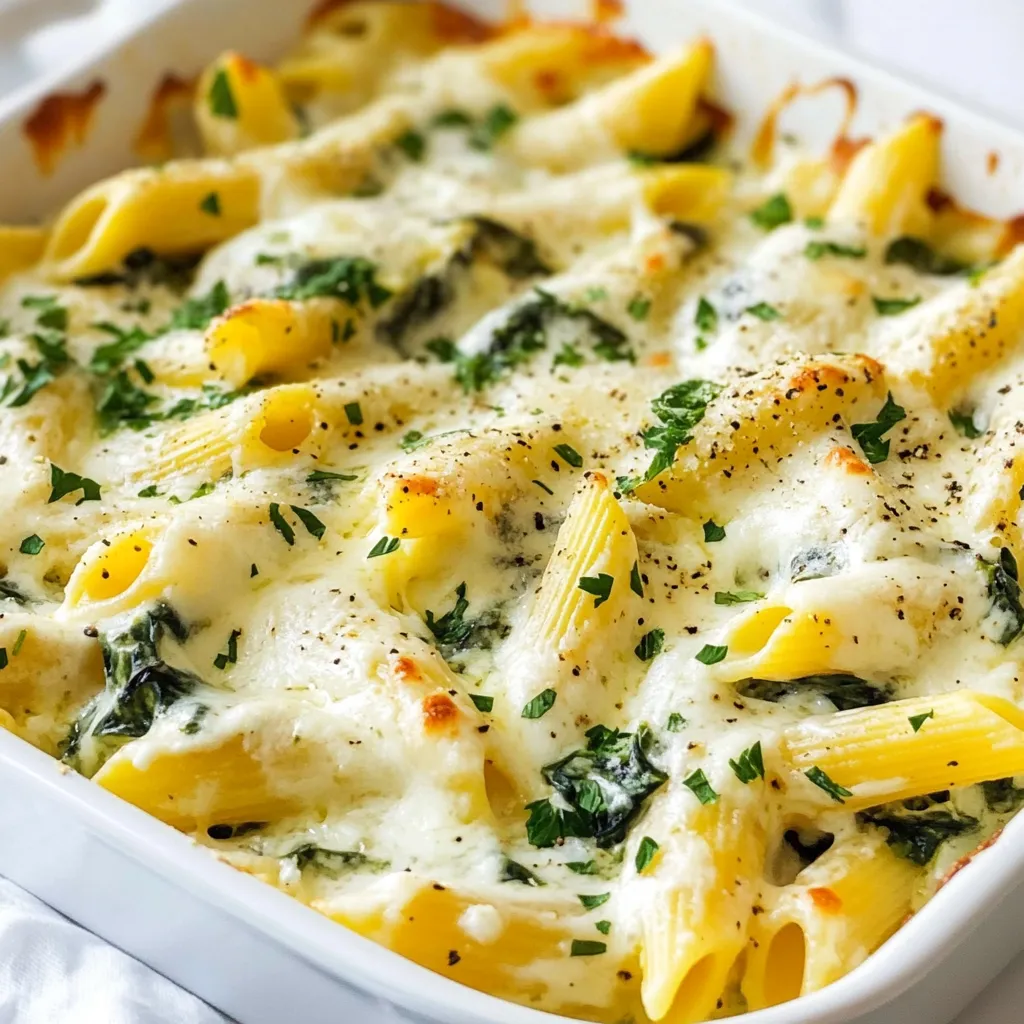 To make a tasty Spinach Artichoke Pasta Bake, gather these key items: - 8 oz (225 g) pasta (penne or rigatoni) - 1 tablespoon olive oil - 3 cloves garlic, minced - 1 can (14 oz) artichoke hearts, drained and chopped - 4 cups fresh spinach, roughly chopped - 1 cup cream cheese, softened - 1/2 cup sour cream - 1 cup grated Parmesan cheese - 1 cup shredded mozzarella cheese - 1 teaspoon lemon juice - 1/2 teaspoon red pepper flakes (optional for some heat) - Salt and pepper to taste - Fresh parsley, chopped (for garnish) These ingredients work together to create a creamy and rich flavor. The artichokes and spinach add freshness, while the cheeses give a wonderful texture. For extra flavor, consider adding: - 1/2 teaspoon dried oregano - 1/4 cup chopped sun-dried tomatoes - A splash of white wine These options can enhance the dish's taste. Sun-dried tomatoes bring sweetness, while dried oregano adds a nice herbal note. You can also swap ingredients if you have dietary needs: - Use gluten-free pasta for a gluten-free version. - Replace cream cheese with a vegan cream cheese. - Use dairy-free cheese for a plant-based option. These swaps can help everyone enjoy this meal. Remember, cooking is about making it work for you! {{ingredient_image_1}} Start by preheating your oven to 350°F (175°C). This step is key for a good bake. While the oven heats, boil a large pot of salted water. Once the water is boiling, add 8 ounces of pasta, like penne or rigatoni. Cook it until it is al dente, about 8-10 minutes. Drain the pasta and set it aside. Next, grab a large skillet and heat 1 tablespoon of olive oil over medium heat. Add 3 cloves of minced garlic and sauté for about 1 minute until it smells amazing. Add a can of chopped artichoke hearts and 4 cups of roughly chopped fresh spinach. Cook everything for about 3-4 minutes until the spinach wilts and the artichokes warm up. In a separate bowl, mix 1 cup of softened cream cheese with 1/2 cup of sour cream. Add 1 cup of grated Parmesan cheese, 1 teaspoon of lemon juice, and salt and pepper to taste. If you like heat, add 1/2 teaspoon of red pepper flakes. Stir until the mixture is smooth and creamy. Now, combine the cooked pasta with the sautéed spinach and artichokes in the cheese sauce. Make sure everything is coated well. Then, pour this mixture into a greased 9x13 inch baking dish. Top it all off with 1 cup of shredded mozzarella cheese, spreading it evenly. Place the baking dish in your preheated oven and bake for 25-30 minutes. Look for a bubbly and golden brown top. Once it is done, take it out and let it cool for a few minutes. For a fresh touch, garnish with chopped parsley before serving. Enjoy your delicious Spinach Artichoke Pasta Bake! To get the best flavor in your Spinach Artichoke Pasta Bake, use fresh ingredients. Fresh spinach tastes brighter than frozen. And fresh artichokes add a nice texture. Add a touch of lemon juice for brightness. It lifts the dish and balances the creaminess. Red pepper flakes can give it a nice kick. But only use them if you like some heat. Cooking pasta al dente means it's firm yet tender. This is key for a great bake. Boil your pasta in salted water for the right flavor. Follow the package instructions closely. Drain it just before it’s fully cooked. It will continue to cook in the oven, so stop cooking early. This helps prevent mushy pasta in your dish. Softened cream cheese blends easier than cold. Leave it out for about 30 minutes before mixing. Use a hand mixer or a whisk for a smoother blend. Mix it with sour cream and Parmesan until creamy. This makes a rich sauce that coats the pasta well. Avoid lumps for the best texture in your bake. Garnishing makes your dish look more appealing. Fresh parsley adds a pop of color. Chop it finely and sprinkle it over the top just before serving. You can also add a few extra red pepper flakes for color. This shows off the dish's flavor and makes it look inviting. A beautiful garnish makes everyone want to dig in! Pro Tips Use Fresh Spinach: Fresh spinach not only enhances the flavor but also retains more nutrients compared to frozen spinach. Perfectly Cooked Pasta: Make sure to cook the pasta al dente as it will continue to cook while baking, preventing it from becoming mushy. Cheese Variations: Feel free to mix cheeses; adding a bit of gouda or fontina can elevate the creaminess and flavor profile. Make Ahead: This dish can be assembled ahead of time and stored in the fridge for up to 24 hours before baking—perfect for meal prep! {{image_2}} You can keep this dish vegetarian with easy swaps. Use more veggies like bell peppers or zucchini. You can also add fresh herbs like basil or thyme. These add great flavor without meat. For a gluten-free version, choose gluten-free pasta. Many brands offer tasty options made from rice or chickpeas. This way, you still enjoy the creamy goodness without gluten. Want to make it heartier? Add cooked chicken or shrimp. Cook the chicken in the skillet first, then mix it with the pasta. For shrimp, just add them to the skillet with the spinach. Both options give you protein and flavor. Boost the taste with add-ins. Sauté mushrooms with the garlic for umami flavor. Sun-dried tomatoes also work well. They add a tangy bite that pairs nicely with the creamy sauce. Just chop them up and mix them into the bake for a delicious twist. To keep your Spinach Artichoke Pasta Bake fresh, let it cool first. Once cool, place it in an airtight container. Store it in the fridge for up to three days. If you want to enjoy it later, consider freezing it. When reheating, use the oven for the best results. Preheat the oven to 350°F (175°C). Place the pasta bake in a baking dish, cover with foil, and heat for about 20 minutes. This helps keep the top from burning while warming the inside. Check it after 15 minutes to see if it’s hot enough. To freeze, prepare the dish but do not bake it. Cover it tightly with plastic wrap and then aluminum foil. Label it with the date. It can last up to three months in the freezer. When ready to eat, thaw it overnight in the fridge. Bake it at 350°F (175°C) for 30-40 minutes or until bubbly. Enjoy your delicious meal anytime! Yes, you can prepare this dish ahead. Simply follow all the steps up to baking. Cover the dish and store it in the fridge for up to 24 hours. When you are ready to bake, let it sit at room temp for a bit. Then, bake it as directed. This helps the pasta heat evenly. This pasta bake pairs well with a fresh salad. A simple side of garlic bread also works nicely. You can also add roasted veggies or a light soup for a full meal. These sides balance the creamy texture of the pasta bake. You will know the bake is done when the top is golden brown and bubbly. Use a fork to check the pasta. It should be hot and soft all the way through. If you see any cheese not melted, give it a few more minutes. Yes, frozen spinach works well. Just make sure to thaw it first and squeeze out any extra water. This prevents the dish from becoming watery. You can follow the same steps as with fresh spinach. Penne or rigatoni are the best choices. These shapes hold the sauce well. You can also use shells or fusilli if you like. Just make sure they are cooked al dente for the best texture in the bake. This blog post covered how to make a delicious Spinach Artichoke Pasta Bake. We explored key ingredients and simple steps to create a creamy dish. You learned useful tips for flavor and cooking pasta just right. We also discussed variations and storage methods to keep it fresh. Embrace this recipe for your next meal. It’s easy and tasty, perfect for all occasions. Enjoy your cooking!