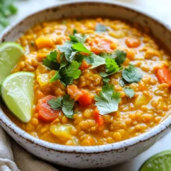- 1 cup red lentils, rinsed - 1 can (14 oz) coconut milk - 1 medium onion, diced - 2 cloves garlic, minced - 1 inch ginger, grated - 1 medium carrot, diced - 1 bell pepper, diced (any color) - 1 can (14 oz) diced tomatoes - 2 cups vegetable broth - 2 tablespoons curry powder - 1 teaspoon turmeric powder - 1 teaspoon cumin powder - Salt and pepper to taste - 2 tablespoons olive oil - Fresh cilantro, chopped (for garnish) - Lime wedges (to serve) When measuring ingredients, use dry measuring cups for solids like lentils and vegetables. For liquids, use a liquid measuring cup. Be precise with spices, as they greatly affect flavor. If you need more or less, adjust slowly and taste as you go. This helps you find the best balance for your curry. You can swap the red lentils for green or brown ones. They take longer to cook, so keep that in mind. If you lack coconut milk, try almond milk or cashew cream for a different taste. Any vegetable broth will work, but homemade adds extra flavor. For a lighter option, use less oil or skip it. Fresh herbs like basil or parsley can replace cilantro if you prefer. {{ingredient_image_1}} To start, gather all your ingredients. You will need: - 1 cup red lentils, rinsed - 1 can (14 oz) coconut milk - 1 medium onion, diced - 2 cloves garlic, minced - 1 inch ginger, grated - 1 medium carrot, diced - 1 bell pepper, diced (any color) - 1 can (14 oz) diced tomatoes - 2 cups vegetable broth - 2 tablespoons curry powder - 1 teaspoon turmeric powder - 1 teaspoon cumin powder - Salt and pepper to taste - 2 tablespoons olive oil - Fresh cilantro, chopped (for garnish) - Lime wedges (to serve) Make sure to rinse the lentils well. This helps remove any dust and keeps them clean. Dice the onion, carrot, and bell pepper into small pieces. Mince the garlic and grate the ginger. This prep work makes cooking smooth and quick. Heat a large saucepan over medium heat. Add the olive oil and let it warm up. Once hot, toss in the diced onion. Sauté for about five minutes until it turns translucent. This step builds a nice base flavor. Next, add the minced garlic and grated ginger to the pan. Cook for one to two minutes until you smell that lovely aroma. Then, add the diced carrot and bell pepper. Stir gently for about five minutes until they soften a bit. Time to spice things up! Mix in the curry powder, turmeric, and cumin. Stir well to coat the veggies in the spices. Cook for one to two minutes to let the flavors bloom. Now, add the rinsed lentils, diced tomatoes, coconut milk, and vegetable broth. Stir everything together well. Bring this mixture to a gentle simmer. Cover the pan, reduce the heat to low, and let it cook for 20-25 minutes. Stir occasionally until the lentils are tender and the curry thickens. Once the curry is cooked, season it with salt and pepper. If you want a thinner curry, add more broth or water. After removing it from the heat, let it sit for a few minutes. Serve the curry warm in bowls. Garnish each bowl with chopped cilantro and lime wedges on the side. The lime adds a bright touch. Enjoy this creamy coconut lentil curry with rice or naan for a complete meal. Cooking lentils is simple. Here are some tips to get it right: - Rinse your lentils: This removes dust and small stones. It helps clean them well. - Use the right type: Red lentils cook fast. They break down into a creamy texture. - Soak if needed: While red lentils do not need soaking, other types may benefit from it. Soaking helps them cook evenly. - Watch the water: Use enough liquid, but don’t drown them. Start with a ratio of 1 cup lentils to 3 cups liquid. To make your curry shine, try these ideas: - Fresh herbs: Add cilantro before serving. It brings freshness to your dish. - Spices: Use whole spices like cumin seeds. Toast them for a minute before adding. This step boosts flavor. - Acidity: A squeeze of lime right before serving brightens up the dish. - Coconut milk: Choose full-fat coconut milk for creaminess. It adds rich flavor and texture. Here are some pitfalls to skip: - Overcooking lentils: Keep an eye on them. Overcooked lentils turn mushy and lose texture. - Skipping seasoning: Don’t forget to taste and season your curry. Salt brings out all the flavors. - Not letting it sit: Let the curry rest after cooking. It helps the flavors meld together. - Ignoring texture: If your curry is too thick, add more broth. If too thin, cook it longer to thicken. With these tips, your creamy coconut lentil curry will be a hit! Pro Tips Soak the Lentils: Soaking red lentils for about 30 minutes before cooking can help them cook faster and more evenly. Add Extra Veggies: Feel free to add other vegetables like spinach, peas, or sweet potatoes for added nutrition and flavor. Spice it Up: Adjust the spice levels by adding chili powder or fresh chilies if you like a bit of heat in your curry. Make it Creamier: For an even creamier texture, blend a portion of the curry and stir it back into the pot before serving. {{image_2}} This recipe is already vegan-friendly! The key is to use plant-based ingredients. You can swap the vegetable broth if you want a richer taste. Just keep it to the same amount, and you’re set! Want to add some protein? You can include chickpeas or tofu. Both work well in this curry. If you choose chickpeas, use one can, drained and rinsed. For tofu, use 14 oz, pressed and cubed. Toss them in at the same time as the lentils. Do you like it hot? You can add fresh chili or red pepper flakes. Start with half a teaspoon for a mild kick. If you want it spicier, add more to taste. If you prefer a milder curry, skip the heat entirely. Adjusting spices makes this dish work for everyone! You can store leftover creamy coconut lentil curry in an airtight container. Place it in the fridge. It will stay fresh for about 3 to 4 days. Make sure to cool the curry before sealing it. This helps keep the flavors strong. To reheat, use a saucepan on medium heat. Add a splash of water or broth to help it warm up. Stir often to prevent sticking. You can also use the microwave. Heat it in short bursts, stirring in between. This ensures even heating. You can freeze the curry if you want to keep it longer. Use a freezer-safe container. Make sure to leave space at the top, as the curry may expand. It can last for about 2 to 3 months in the freezer. When you’re ready to eat, thaw it overnight in the fridge. Then, reheat as mentioned before. Yes, you can use other types of lentils. Brown and green lentils work well, but they take longer to cook. Red lentils cook faster and break down into a creamy texture, which is great for this curry. If you use brown or green lentils, adjust the cooking time to about 30-35 minutes. Make sure to check them for doneness. Creamy Coconut Lentil Curry pairs well with many sides. Here are a few ideas: - Steamed rice (white or brown) - Quinoa for a nutty flavor - Warm naan bread for dipping - A fresh salad to add crunch - Roasted vegetables for extra nutrients These sides enhance the meal and balance the rich flavors in the curry. This curry lasts about 4-5 days in the fridge. Store it in an airtight container to keep it fresh. The flavors often deepen after a day, making leftovers even tastier. Reheat on the stove or in the microwave until hot. If it thickens too much, add a splash of water or broth to loosen it up. In this blog post, we explored the key ingredients and steps for making Creamy Coconut Lentil Curry. You learned about measuring tips and substitutions to make it your own. We shared practical cooking tips and easy variations to fit your tastes. Lastly, proper storage and reheating ideas ensure your dish lasts longer. Embracing these insights will help you cook confidently and enjoy every bite. Trust me, this dish is worth trying!