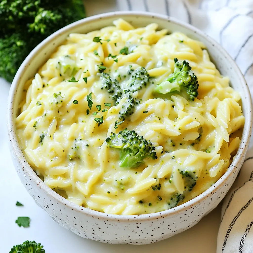 To make a delicious creamy broccoli cheddar orzo, gather these simple ingredients: - 1 cup orzo pasta - 2 cups broccoli florets - 1 cup cheddar cheese, shredded - 2 cups vegetable broth - 1 cup whole milk - 2 tablespoons butter - 2 tablespoons all-purpose flour - 1 small onion, finely chopped - 2 cloves garlic, minced - 1 teaspoon Dijon mustard - Salt and pepper to taste - Fresh parsley for garnish (optional) These ingredients are easy to find. You may already have some in your kitchen. The orzo pasta adds a nice texture. Broccoli gives it a fresh crunch. Cheddar cheese brings the creaminess you will love. Whole milk makes it even richer. Using vegetable broth adds depth to the flavor. Gather everything before you start cooking. It helps to have all your items ready. This makes the cooking process smooth and fun. You can mix and match some ingredients too. For example, try adding other veggies or different cheeses. Don't be afraid to get creative! {{ingredient_image_1}} Start by melting the butter in a large saucepan over medium heat. Add the chopped onion. Sauté it for 3-4 minutes until it becomes soft. Next, stir in the minced garlic. Cook it for about one minute until it smells good. Add the flour to this mix. Whisk it together for about 2 minutes to make a roux. This step gives your dish a nice, thick base. Now, it's time to add the vegetable broth. Pour it in slowly while whisking. This helps to avoid lumps in your sauce. Bring the mixture to a simmer. Once it simmers, stir in the orzo. Cook it for 8-10 minutes until the orzo is al dente. Stir it frequently to keep it from sticking. A few minutes before the orzo is done, add the broccoli florets. This way, they cook but stay bright and fresh. When the orzo and broccoli are cooked, reduce the heat to low. Stir in the whole milk and Dijon mustard. This adds a creamy texture and a hint of tang. Gradually sprinkle in the shredded cheddar cheese. Stir until it melts and the sauce is creamy. Finally, season with salt and pepper to taste. If the dish is too thick, add more milk to reach your desired consistency. Serve it warm. Garnish with fresh parsley if you like. Enjoy your delicious meal! To get that creamy texture, focus on the roux. Mix the flour and butter well. Whisk it for two full minutes. This step helps thicken your dish. When adding the broth, do it slowly. Stir constantly to keep lumps away. After adding milk, keep stirring until it’s silky smooth. If it’s not creamy enough, add more milk a little at a time. Dijon mustard adds a nice zing. Don't skip it! It brings out the cheese flavor. Fresh garlic and onion give depth to the dish. Make sure to sauté them well. Season with salt and pepper to balance the flavors. For a fresh touch, sprinkle chopped parsley on top just before serving. You need a large saucepan for this recipe. A whisk is important for mixing the roux and broth. Use a wooden spoon to stir in the orzo. A cutting board and knife make chopping easy. Having measuring cups and spoons helps keep everything precise. This way, your Creamy Broccoli Cheddar Orzo turns out perfect every time! Pro Tips Use Fresh Broccoli: Fresh broccoli florets will provide the best flavor and texture. If using frozen, make sure to thaw and drain them well before adding. Cheese Variations: Experiment with different cheeses like Gruyère or Monterey Jack for unique flavor profiles. Just ensure they melt well. Adjust Consistency: If you prefer a creamier dish, add more milk gradually until you reach your desired consistency. Herb Enhancements: Consider adding fresh herbs like thyme or basil for an extra layer of flavor that complements the cheese and broccoli. {{image_2}} You can easily boost your Creamy Broccoli Cheddar Orzo by adding protein. Cooked chicken or turkey works well. Chop it into bite-sized pieces and mix it in during the final steps. For a meat-free option, try chickpeas or white beans. They lend a nice texture and extra protein. Feel free to swap the broccoli for other veggies. Cauliflower or peas are excellent choices. You can even mix in spinach or kale for a nutrient boost. Just remember to adjust the cooking time to ensure everything cooks evenly. Want to make this dish vegan? Use plant-based milk and vegan cheese instead. Almond or oat milk can replace whole milk. Nutritional yeast adds a cheesy flavor without dairy. For the butter, replace it with olive oil or vegan butter. This way, you can enjoy a creamy dish that fits your lifestyle. Once you finish your Creamy Broccoli Cheddar Orzo, let it cool down. Place it in an airtight container. It will stay fresh in the fridge for up to three days. Make sure to label the container with the date. This helps you keep track of how long it has been stored. If you want to save some for later, freezing is a great option. Pour the cooled orzo into freezer-safe bags or containers. Remove as much air as you can to avoid freezer burn. The orzo can last up to three months in the freezer. When you're ready to eat it, just thaw it in the fridge overnight. To reheat, you can use the microwave or stovetop. If using the microwave, place the orzo in a bowl and cover it. Heat it in short bursts, stirring in between, until hot. If using the stovetop, add a splash of milk to the pan. Heat over low until warmed through, stirring often. Enjoy your creamy dish just like it was fresh! You can store Creamy Broccoli Cheddar Orzo in the fridge for about three days. Make sure to keep it in an airtight container. This helps keep it fresh and tasty. If you want to save it longer, consider freezing it instead. Yes, you can use different types of cheese. Gouda, Monterey Jack, or even cream cheese can work well. Each cheese adds its own flavor and creaminess. Try mixing cheeses for a fun twist! You can use other pasta shapes if you don't have orzo. Small shapes like ditalini or even rice work nicely. Adjust the cooking time based on what you choose. This keeps your dish fun and flexible! This blog post shared a simple, tasty recipe for Creamy Broccoli Cheddar Orzo. We covered the ingredients, step-by-step cooking instructions, and helpful tips to ensure great texture and flavor. You can adapt this dish with proteins or different veggies. Plus, I provided storage tips to keep leftovers fresh. Cooking should be fun and easy. Enjoy making this dish, and don't be afraid to experiment with your own ideas!