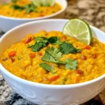 - 1 cup red lentils, rinsed - 1 can (400ml) coconut milk - 1 medium onion, diced - 3 cloves garlic, minced - 1 tablespoon ginger, minced - 1 medium tomato, chopped - 2 tablespoons red curry paste - 2 cups vegetable broth - 1 teaspoon turmeric powder - 1 teaspoon cumin seeds - 2 tablespoons olive oil - Salt and pepper to taste - Fresh cilantro for garnish To make this creamy coconut lentil curry, you need fresh and simple ingredients. Red lentils are the star here. They cook fast and add a nice texture. Coconut milk gives it a rich, creamy taste. You will also need a medium onion, some garlic, and ginger. These add depth to the flavor. A fresh tomato brings a nice acidity that balances the creaminess. Red curry paste adds spice. It is easy to find in stores. You also need vegetable broth to cook the lentils. Turmeric and cumin seeds add warmth and aroma. Olive oil helps sauté the onions and spices. Salt and pepper will enhance all the flavors. Finally, fresh cilantro is great for garnishing. It adds a pop of color and freshness. Gather these ingredients to create a warm, comforting dish. You will enjoy how each ingredient plays a part in making this curry special. {{ingredient_image_1}} 1. Heating the olive oil: Start by heating 2 tablespoons of olive oil in a large pot over medium heat. This step helps build flavor for your curry. 2. Sautéing onions and spices: Once the oil is hot, add 1 teaspoon of cumin seeds. Let them sizzle for about 30 seconds. This will release a lovely aroma. Next, add 1 medium diced onion. Cook it for about 5 minutes until it becomes soft and clear. 3. Incorporating curry ingredients: Stir in 3 minced garlic cloves and 1 tablespoon of minced ginger. Cook for another minute to bring out their flavors. Then, add 2 tablespoons of red curry paste and 1 teaspoon of turmeric powder. Mix everything well and cook for 2 more minutes. Then, add 1 chopped tomato and cook until it starts to break down, about 3 to 4 minutes. 1. Simmering the curry: Now, it’s time to add the main ingredients. Stir in 1 cup of rinsed red lentils, then pour in 2 cups of vegetable broth and 1 can of coconut milk. Mix it all together and bring it to a gentle simmer. 2. Adjusting consistency: Lower the heat and let the curry simmer for 20 to 25 minutes. Stir occasionally. The lentils should become soft, and the curry should thicken. If it gets too thick, add a splash of vegetable broth or water to reach your desired thickness. 1. Garnishing and serving suggestions: Once the curry is ready, season it with salt and pepper to taste. Serve it hot, garnished with fresh cilantro. You can enjoy this dish over rice or with naan bread for a complete meal. For a fresh touch, add a slice of lime on the side. - How to properly rinse lentils Rinsing lentils is a key step. Place them in a fine-mesh strainer. Run cold water over them. Swirl them around gently. This removes dirt and any small stones. It also helps to reduce foam while cooking. - Optimal spice adjustments Spice levels can change the flavor. Start with the recipe's suggested amounts. Taste as you cook. If you like it spicier, add more red curry paste. For a milder curry, reduce the amount of curry paste. You can also add a pinch of sugar to balance flavors. - Best serving dishes Use deep bowls for serving. They hold the curry better. Plus, they look nice on the table. If you want a fun touch, use coconut shells. This adds to the tropical vibe. - Garnishing ideas Fresh cilantro adds color and flavor. Sprinkle it on top just before serving. You can also add a slice of lime for a zesty kick. Another option is to add toasted coconut flakes for crunch. Pro Tips Use Fresh Spices: Fresh spices can significantly enhance the flavor of your curry. Always check the freshness of your spices, as old spices can lose their potency. Adjust the Heat: If you prefer a spicier curry, consider adding fresh chilies or a pinch of cayenne pepper. Start with a small amount and adjust to your taste. Let it Rest: Allowing your curry to sit for a few minutes after cooking can help the flavors meld together. This is especially true if you can let it rest for an hour or so before serving. Experiment with Add-ins: Feel free to add vegetables like spinach, bell peppers, or peas for extra nutrition and color. They can be added in the last few minutes of cooking to retain their texture. {{image_2}} You can change the lentils you use. Red lentils cook fast and get soft. You can try green or brown lentils too. They take longer to cook but add a nice bite. Just adjust cooking time as needed. Adding veggies makes the curry more colorful and healthy. You can add spinach, carrots, or bell peppers. Just chop them small and toss them in when the lentils simmer. For protein, try chickpeas or tofu. They soak up the flavors well. Want to add a fresh twist? Citrus is a great option. Squeeze in some lime juice before serving. It brightens the dish and adds zing. You can also switch up the curry paste. Each type has a unique taste. Use green curry paste for a spicier kick. Yellow curry paste gives a milder flavor. Experiment to find your favorite! To store leftover creamy coconut lentil curry, let it cool first. Once cool, transfer it to an airtight container. Make sure to seal it well. You can keep the curry in the fridge for up to five days. When you want to eat it, just reheat it on the stove or in the microwave. Stir it well and check if it needs more liquid. If it’s too thick, add a little vegetable broth or water. Freezing the curry is a great option if you want to save some for later. Start by letting the curry cool completely. Then, portion it into freezer-safe containers or bags. Make sure to leave some space for the curry to expand as it freezes. You can freeze it for up to three months. When you are ready to eat it, thaw it overnight in the fridge. Reheat it gently on the stove, adding a splash of broth or water for a smooth texture. How long does creamy coconut lentil curry last? Creamy coconut lentil curry lasts about 4 to 5 days in the fridge. Keep it in a sealed container for best results. Always check for any signs of spoilage before eating. Can I make this curry ahead of time? Yes, you can make this curry ahead of time. It tastes even better after the flavors have time to blend. Just reheat it on the stove or in the microwave before serving. Is this recipe suitable for meal prep? Absolutely, this recipe is great for meal prep. You can make a big batch and portion it out for lunches or dinners. Pair it with rice or naan for a full meal. What side dishes pair well with creamy coconut lentil curry? This curry pairs well with several side dishes. Here are some ideas: - Steamed rice - Quinoa - Naan bread - Fresh salad - Roasted vegetables These sides complement the curry's rich flavors and add texture to your meal. Enjoy experimenting with different pairings! This blog post shared a simple recipe for creamy coconut lentil curry. We explored key ingredients, cooking steps, and essential tips. I provided variations and storage advice to make meal prep easy. This dish is tasty, healthy, and versatile. Remember, you can adjust flavors and enjoy it your way. Whether you serve it fresh or freeze the leftovers, this recipe is a winner. I hope you feel confident to try it today!