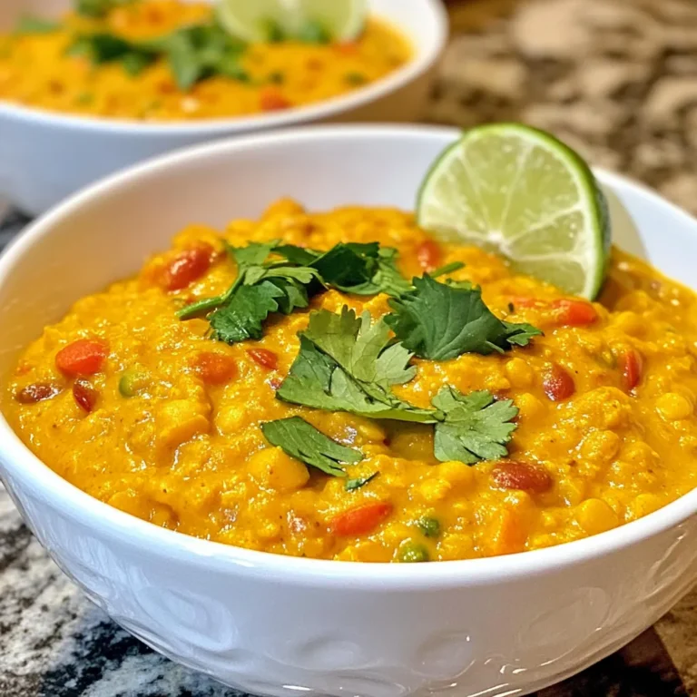 - 1 cup red lentils, rinsed - 1 can (400ml) coconut milk - 1 medium onion, diced - 3 cloves garlic, minced - 1 tablespoon ginger, minced - 1 medium tomato, chopped - 2 tablespoons red curry paste - 2 cups vegetable broth - 1 teaspoon turmeric powder - 1 teaspoon cumin seeds - 2 tablespoons olive oil - Salt and pepper to taste - Fresh cilantro for garnish To make this creamy coconut lentil curry, you need fresh and simple ingredients. Red lentils are the star here. They cook fast and add a nice texture. Coconut milk gives it a rich, creamy taste. You will also need a medium onion, some garlic, and ginger. These add depth to the flavor. A fresh tomato brings a nice acidity that balances the creaminess. Red curry paste adds spice. It is easy to find in stores. You also need vegetable broth to cook the lentils. Turmeric and cumin seeds add warmth and aroma. Olive oil helps sauté the onions and spices. Salt and pepper will enhance all the flavors. Finally, fresh cilantro is great for garnishing. It adds a pop of color and freshness. Gather these ingredients to create a warm, comforting dish. You will enjoy how each ingredient plays a part in making this curry special. {{ingredient_image_1}} 1. Heating the olive oil: Start by heating 2 tablespoons of olive oil in a large pot over medium heat. This step helps build flavor for your curry. 2. Sautéing onions and spices: Once the oil is hot, add 1 teaspoon of cumin seeds. Let them sizzle for about 30 seconds. This will release a lovely aroma. Next, add 1 medium diced onion. Cook it for about 5 minutes until it becomes soft and clear. 3. Incorporating curry ingredients: Stir in 3 minced garlic cloves and 1 tablespoon of minced ginger. Cook for another minute to bring out their flavors. Then, add 2 tablespoons of red curry paste and 1 teaspoon of turmeric powder. Mix everything well and cook for 2 more minutes. Then, add 1 chopped tomato and cook until it starts to break down, about 3 to 4 minutes. 1. Simmering the curry: Now, it’s time to add the main ingredients. Stir in 1 cup of rinsed red lentils, then pour in 2 cups of vegetable broth and 1 can of coconut milk. Mix it all together and bring it to a gentle simmer. 2. Adjusting consistency: Lower the heat and let the curry simmer for 20 to 25 minutes. Stir occasionally. The lentils should become soft, and the curry should thicken. If it gets too thick, add a splash of vegetable broth or water to reach your desired thickness. 1. Garnishing and serving suggestions: Once the curry is ready, season it with salt and pepper to taste. Serve it hot, garnished with fresh cilantro. You can enjoy this dish over rice or with naan bread for a complete meal. For a fresh touch, add a slice of lime on the side. - How to properly rinse lentils Rinsing lentils is a key step. Place them in a fine-mesh strainer. Run cold water over them. Swirl them around gently. This removes dirt and any small stones. It also helps to reduce foam while cooking. - Optimal spice adjustments Spice levels can change the flavor. Start with the recipe's suggested amounts. Taste as you cook. If you like it spicier, add more red curry paste. For a milder curry, reduce the amount of curry paste. You can also add a pinch of sugar to balance flavors. - Best serving dishes Use deep bowls for serving. They hold the curry better. Plus, they look nice on the table. If you want a fun touch, use coconut shells. This adds to the tropical vibe. - Garnishing ideas Fresh cilantro adds color and flavor. Sprinkle it on top just before serving. You can also add a slice of lime for a zesty kick. Another option is to add toasted coconut flakes for crunch. Pro Tips Use Fresh Spices: Fresh spices can significantly enhance the flavor of your curry. Always check the freshness of your spices, as old spices can lose their potency. Adjust the Heat: If you prefer a spicier curry, consider adding fresh chilies or a pinch of cayenne pepper. Start with a small amount and adjust to your taste. Let it Rest: Allowing your curry to sit for a few minutes after cooking can help the flavors meld together. This is especially true if you can let it rest for an hour or so before serving. Experiment with Add-ins: Feel free to add vegetables like spinach, bell peppers, or peas for extra nutrition and color. They can be added in the last few minutes of cooking to retain their texture. {{image_2}} You can change the lentils you use. Red lentils cook fast and get soft. You can try green or brown lentils too. They take longer to cook but add a nice bite. Just adjust cooking time as needed. Adding veggies makes the curry more colorful and healthy. You can add spinach, carrots, or bell peppers. Just chop them small and toss them in when the lentils simmer. For protein, try chickpeas or tofu. They soak up the flavors well. Want to add a fresh twist? Citrus is a great option. Squeeze in some lime juice before serving. It brightens the dish and adds zing. You can also switch up the curry paste. Each type has a unique taste. Use green curry paste for a spicier kick. Yellow curry paste gives a milder flavor. Experiment to find your favorite! To store leftover creamy coconut lentil curry, let it cool first. Once cool, transfer it to an airtight container. Make sure to seal it well. You can keep the curry in the fridge for up to five days. When you want to eat it, just reheat it on the stove or in the microwave. Stir it well and check if it needs more liquid. If it’s too thick, add a little vegetable broth or water. Freezing the curry is a great option if you want to save some for later. Start by letting the curry cool completely. Then, portion it into freezer-safe containers or bags. Make sure to leave some space for the curry to expand as it freezes. You can freeze it for up to three months. When you are ready to eat it, thaw it overnight in the fridge. Reheat it gently on the stove, adding a splash of broth or water for a smooth texture. How long does creamy coconut lentil curry last? Creamy coconut lentil curry lasts about 4 to 5 days in the fridge. Keep it in a sealed container for best results. Always check for any signs of spoilage before eating. Can I make this curry ahead of time? Yes, you can make this curry ahead of time. It tastes even better after the flavors have time to blend. Just reheat it on the stove or in the microwave before serving. Is this recipe suitable for meal prep? Absolutely, this recipe is great for meal prep. You can make a big batch and portion it out for lunches or dinners. Pair it with rice or naan for a full meal. What side dishes pair well with creamy coconut lentil curry? This curry pairs well with several side dishes. Here are some ideas: - Steamed rice - Quinoa - Naan bread - Fresh salad - Roasted vegetables These sides complement the curry's rich flavors and add texture to your meal. Enjoy experimenting with different pairings! This blog post shared a simple recipe for creamy coconut lentil curry. We explored key ingredients, cooking steps, and essential tips. I provided variations and storage advice to make meal prep easy. This dish is tasty, healthy, and versatile. Remember, you can adjust flavors and enjoy it your way. Whether you serve it fresh or freeze the leftovers, this recipe is a winner. I hope you feel confident to try it today!