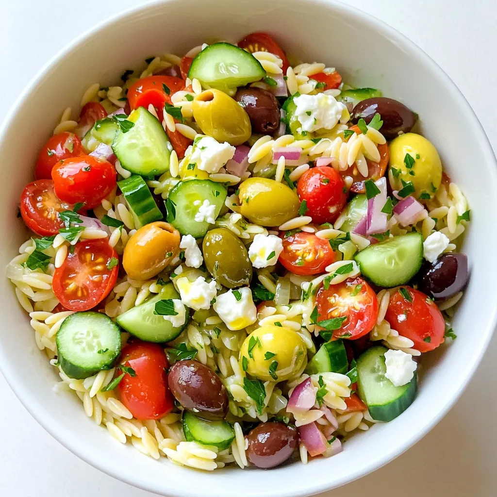 To make a delicious Greek Orzo Salad, gather these fresh ingredients: - 1 cup orzo pasta - 1 medium cucumber, diced - 1 cup cherry tomatoes, halved - 1/2 red onion, finely chopped - 1/2 cup Kalamata olives, pitted and sliced - 1/2 cup feta cheese, crumbled - 1/4 cup fresh parsley, chopped - 1/4 cup olive oil - 2 tablespoons lemon juice - 1 teaspoon dried oregano - Salt and pepper to taste Sometimes, you might not have all the items. Here are some great swaps: - For orzo, use any small pasta, like or spaghetti broken into pieces. - You can replace Kalamata olives with green olives for a different taste. - If you don’t have feta cheese, try goat cheese or leave it out for a vegan option. - Swap parsley with basil or mint for a fresh twist. Choosing good produce makes your salad shine. Here’s what to look for: - For cucumbers, pick ones that are firm and dark green. - Select cherry tomatoes that feel heavy and have bright skin. - When choosing red onions, look for smooth, shiny skin and a firm feel. - Always smell the parsley; it should have a fresh, clean scent. To start, boil water in a large pot. Add salt to the water. This enhances the flavor of the orzo. Once the water boils, add 1 cup of orzo pasta. Cook it until it is al dente, about 8 to 10 minutes. Stir the pasta occasionally to prevent sticking. After cooking, drain the orzo in a colander. Rinse it under cold water to stop the cooking process. This also cools the pasta down for the salad. Grab a large mixing bowl for your salad. Dice 1 medium cucumber and add it to the bowl. Next, halve 1 cup of cherry tomatoes and toss them in. Finely chop 1/2 red onion and add that as well. Slice 1/2 cup of Kalamata olives and mix them in. Crumble 1/2 cup of feta cheese and add it to the bowl too. Finally, add the cooled orzo pasta to this colorful mix. In a small bowl, combine 1/4 cup of olive oil and 2 tablespoons of lemon juice. Add 1 teaspoon of dried oregano for flavor. Don’t forget to add salt and pepper to taste. Whisk these ingredients together until smooth. Pour the dressing over the salad mixture. Gently toss everything together until it is well coated with the dressing. This step is key to ensuring every bite is flavorful! When you toss a salad, do it gently. Use two large spoons or your hands. Start from the bottom and lift the ingredients. This way, everything mixes well without breaking delicate pieces. Aim for an even coating of dressing. A light touch keeps your salad looking fresh and bright. Use fresh herbs for a big flavor boost. Chopped parsley adds a nice touch. You can also add a pinch of salt and pepper to taste. For extra zing, try a splash of red wine vinegar. This adds depth and brightens the whole dish. Seasoning is key to making your salad pop! Avoid overcooking the orzo. It should be al dente for the best texture. Rinse it under cold water to stop the cooking. This also helps cool it down quickly. Don’t forget to taste as you go. Adjust the seasoning to your liking. Lastly, serve it fresh. A salad can lose its crunch if it sits too long. {{image_2}} You can easily make Greek Orzo Salad heartier by adding protein. Grilled chicken works well. Simply chop it into bite-sized pieces and mix it in. You can also use chickpeas for a plant-based option. Drain a can of chickpeas and add them for a boost of flavor and protein. Both options make the salad more filling and nutritious. For a vegetarian twist, you can replace feta cheese with a plant-based cheese. This keeps the creamy texture while staying meat-free. If you want a vegan option, skip the cheese entirely. You can still enjoy the salad's fresh flavors by using an extra squeeze of lemon juice. This will enhance the taste without any animal products. Think about adding regional ingredients for a unique spin. Try sun-dried tomatoes or artichoke hearts to bring in diverse Mediterranean flavors. You could also add roasted red peppers for a smoky taste. If you want a spicy kick, toss in some pepperoncini. Each addition creates a new experience while keeping the dish fresh and flavorful. To store leftover Greek Orzo Salad, place it in an airtight container. Make sure to keep it in the fridge. It will stay fresh for about three days. For best flavor, consume it within this time. To keep your salad fresh, separate the dressing from the salad mix. Store the dressing in a small jar. This helps prevent sogginess. When ready to eat, mix the dressing with the salad only. Using fresh ingredients also helps. Always choose ripe cucumbers and firm tomatoes for the best taste. If you want to refresh the salad, add a bit of olive oil and lemon juice. This will brighten the flavors. You can eat it cold or at room temperature. Avoid reheating in the microwave, as it can make the salad mushy. Instead, enjoy it fresh for the best experience. Yes, you can make Greek Orzo Salad ahead of time. This salad tastes great when chilled. I suggest making it a few hours before serving. The flavors blend well as it sits. Store it in an airtight container in the fridge. Just give it a gentle toss before serving. You can serve Greek Orzo Salad with many dishes. Grilled chicken or fish pairs well. You can also add it to a buffet for a gathering. It complements lamb or roasted vegetables nicely. For a lighter meal, enjoy it solo or with a crusty bread. No, Greek Orzo Salad is not gluten-free. Orzo is a type of pasta made from wheat. If you need a gluten-free option, try using rice or quinoa. Both make a great base for this salad. You can still add all the fresh veggies and feta. We explored how to make a tasty Greek Orzo Salad. You learned about the right ingredients and found options to substitute if needed. I shared steps to cook orzo and mix it all. With tips on flavor and tossing, your salad will shine. Plus, you can customize it with proteins or unique twists. Store leftovers well and keep them fresh. Finally, I answered common questions to boost your confidence. Enjoy creating your version of this delicious dish!