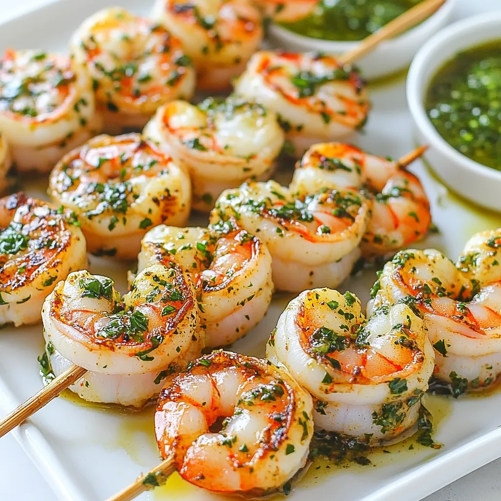 - 1 pound large shrimp, peeled and deveined - 2 tablespoons olive oil - 1 teaspoon smoked paprika - Salt and pepper to taste - 1 cup fresh parsley, finely chopped - 1/2 cup fresh cilantro, finely chopped - 4 cloves garlic, minced - 1/4 teaspoon red pepper flakes (adjust to taste) - 2 tablespoons red wine vinegar - 1 tablespoon lemon juice If you can’t find fresh parsley or cilantro, dried herbs work too. Use 1 tablespoon of dried parsley and 2 teaspoons of dried cilantro. You lose some flavor, but it still tastes good. You can also use basil or mint for a twist. They add different flavors but still pair well with shrimp. When you buy shrimp, look for a few key signs. Fresh shrimp should smell clean and like the sea. Avoid shrimp with a strong fishy smell. Look for firm, shiny shells and avoid any that feel mushy. Large shrimp are best for skewers. Check if they are labeled as "wild-caught." Wild shrimp often taste better than farmed shrimp. If possible, buy shrimp that has been frozen right after being caught. This keeps them fresh and tasty. {{ingredient_image_1}} To start, grab a bowl. Mix 2 tablespoons of olive oil, 1 teaspoon of smoked paprika, salt, and pepper. This mix will add flavor to the shrimp. Next, add 1 pound of peeled and deveined shrimp. Toss the shrimp well to coat them in the mix. Cover the bowl and let it sit in the fridge for at least 20 minutes. This step is key for juicy, tasty shrimp. While the shrimp marinates, let’s make the chimichurri sauce. Take another bowl and combine 1 cup of finely chopped parsley, 1/2 cup of finely chopped cilantro, and 4 minced garlic cloves. Add 1/4 teaspoon of red pepper flakes for some heat. Pour in 2 tablespoons of red wine vinegar and 1 tablespoon of lemon juice. Finally, stir in another 2 tablespoons of olive oil. Mix it all well. This sauce brings a fresh, zesty kick to the skewers. Now, it’s time to grill! Preheat your grill or grill pan over medium-high heat. Thread the marinated shrimp onto skewers, about 4-5 shrimp each. Grill the skewers for 2-3 minutes on each side. Watch for the shrimp to turn pink and opaque. Once cooked, take them off the grill. You can drizzle the chimichurri sauce over the shrimp or serve it on the side for dipping. Enjoy your flavorful chimichurri shrimp skewers! To get shrimp just right, start with high-quality shrimp. Look for large, fresh shrimp. They should be firm and smell like the ocean. Marinate your shrimp in a mix of olive oil and spices. This adds flavor and keeps them juicy. Grill the shrimp on medium-high heat. This helps them cook evenly. Watch them closely. They usually take just 2-3 minutes per side. You want them pink and opaque. Overcooking makes them tough. Chimichurri shrimp skewers pair well with many sides. Try a light salad with mixed greens. The freshness balances the bold flavors. You can also serve grilled vegetables. Zucchini, bell peppers, and corn work great. Rice or quinoa is another good option. They soak up the chimichurri sauce well. For a fun twist, serve with crusty bread. It’s perfect for dipping in the extra sauce. Red pepper flakes add a nice kick to chimichurri. Start with a little if you’re unsure. You can always add more after tasting. For a milder flavor, skip the flakes altogether. If you want more heat, add more flakes to the sauce. Remember, balance is key. You want the spices to enhance the dish, not overpower it. Adjust based on your taste and those of your guests. The goal is to create a dish everyone loves. Pro Tips Marinate Longer for Flavor: For even more flavor, marinate the shrimp for up to 2 hours in the refrigerator. This allows the spices to penetrate deeper into the shrimp. Use Wooden Skewers: If using wooden skewers, soak them in water for at least 30 minutes before grilling to prevent burning. Adjust Spice Level: Feel free to adjust the amount of red pepper flakes based on your heat preference. You can also add diced jalapeños for an extra kick. Fresh Herbs Make a Difference: For the best chimichurri sauce, use fresh herbs instead of dried. This will enhance the flavor and freshness of the dish. {{image_2}} You can use various proteins for skewers. Instead of shrimp, try chicken or beef. Chicken thighs work well because they stay juicy. Cut the chicken into bite-sized pieces and marinate just like the shrimp. For beef, use tender cuts like sirloin or filet mignon. Cut them into cubes and marinate. Fish like salmon or swordfish also taste great. Each protein will soak up the chimichurri flavor well. Chimichurri is not just a sauce; it’s a canvas for flavor. You can add more garlic for a stronger taste. A touch of honey can balance the acidity of the vinegar. If you like a bit of heat, toss in a pinch of cayenne pepper. You can also experiment with different herbs. Try using fresh oregano or basil for a unique twist. For a smoky flavor, add a dash of smoked paprika to the chimichurri. You can make delicious skewers with veggies. Bell peppers, zucchini, and cherry tomatoes work great. Cut them into chunks and marinate in olive oil and spices. You can also use mushrooms for a meaty texture. Eggplant is another good option; just slice it into thick pieces. Grill the veggies until they are tender and slightly charred. Drizzle with chimichurri for a fresh, tasty finish. After enjoying your chimichurri shrimp skewers, you may have leftovers. To keep them fresh, allow the skewers to cool down. Then, place them in an airtight container. Store in the fridge for up to three days. If you have extra chimichurri sauce, store it separately. This keeps the shrimp from getting soggy. You can freeze both the shrimp skewers and chimichurri sauce. Wrap the skewers tightly in plastic wrap. Then, place them in a freezer-safe bag. They will stay good for up to three months. For the chimichurri sauce, pour it into an ice cube tray. Once frozen, transfer the cubes to a bag. This way, you can use small amounts as needed. To reheat skewers, take them out of the fridge or freezer. If frozen, let them defrost overnight in the fridge. For reheating, preheat your grill or oven to medium heat. Grill the skewers for about five minutes, turning once. You want them warm all the way through. If using the oven, bake at 350°F for about 10 minutes. Serve with fresh chimichurri sauce for a tasty boost! Yes, you can make chimichurri sauce ahead of time. It tastes even better after sitting. I like to prepare it a day before serving. Just store it in the fridge in a sealed container. This allows the flavors to blend well. Before serving, stir it up to mix the ingredients again. You can tell shrimp are fully cooked when they turn pink and opaque. Cook them for 2-3 minutes on each side. You can also check the shape. Cooked shrimp curl into a C shape. If they form an O shape, they are overcooked. Use a meat thermometer if you like. The internal temperature should reach 120°F. Chimichurri goes well with many dishes. Try it on grilled meats like steak, chicken, or lamb. It also pairs nicely with roasted vegetables or potatoes. You can even drizzle it over fish or use it in sandwiches. The fresh flavor adds a nice touch to many meals. This blog post shared key steps to make delicious chimichurri shrimp skewers. We discussed essential ingredients, marinating tips, and how to grill shrimp perfectly. I shared options for different proteins and sides that pair well. Remember, you can make chimichurri ahead and store leftovers properly for later. Experiment with flavors, and enjoy your next meal! With these tips, you'll impress everyone at your next cookout. Happy grilling!