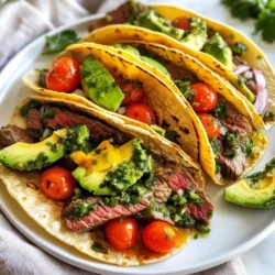To make these tasty chimichurri steak tacos, you will need: - 1 lb flank steak - 2 tablespoons olive oil - Salt and pepper to taste - 8 small corn tortillas - 1 cup cherry tomatoes, halved - 1/2 cup red onion, finely chopped - 1 avocado, sliced - Fresh cilantro, for garnish The flank steak is the star of this dish. It is tender and juicy. The corn tortillas add a nice texture. The chimichurri sauce is what makes these tacos special. You will need: - 1 cup fresh parsley, chopped - 1/2 cup fresh cilantro, chopped - 3 cloves garlic, minced - 1/2 teaspoon red pepper flakes - 1/4 cup olive oil - 2 tablespoons red wine vinegar (or apple cider vinegar) - Salt and pepper to taste This sauce gives a fresh, zesty flavor. It pairs well with the steak. For the best experience, add these to your tacos: - Extra cherry tomatoes - More sliced avocado - Lime wedges for squeezing - Additional fresh cilantro These toppings enhance flavor and add color. They make your tacos look and taste amazing! {{ingredient_image_1}} First, grab a medium bowl. You will need fresh parsley, cilantro, garlic, red pepper flakes, and vinegar. Chop the parsley and cilantro. Mince the garlic. Add these to the bowl. Next, pour in 1/4 cup of olive oil. Add salt and pepper to taste. Mix well. Let this sit for at least 20 minutes. This lets the flavors blend. Trust me, it makes a big difference. Now, let’s cook the flank steak. Start by seasoning it. Rub olive oil on both sides. Sprinkle salt and pepper to taste. Heat a grill or skillet over medium-high heat. Place the steak on the grill. Cook for about 5-7 minutes on each side. You want it medium-rare for the best taste. After cooking, let it rest for 5 minutes. This makes it juicy and tender. Time to build your tacos! First, warm the corn tortillas in a dry skillet. Just 30 seconds on each side will do. Take a tortilla and place a few slices of steak in the middle. Top it with halved cherry tomatoes, finely chopped red onion, and avocado slices. Don’t forget the chimichurri sauce! Add a generous spoonful on top. Finally, garnish with fresh cilantro. Now, your tacos are ready to be enjoyed! To get the best flavor from your flank steak, start with good seasoning. Use salt and pepper to enhance the taste. I recommend letting the steak sit at room temperature for about 30 minutes before cooking. This helps it cook evenly. Heat your grill or skillet to medium-high. Cook the steak for 5-7 minutes on each side. For medium-rare, look for an internal temperature of 130-135°F. After cooking, let the steak rest for 5 minutes before slicing. This keeps the juices inside, making it tender and juicy. When building your tacos, use fresh corn tortillas. Warm them in a dry skillet for about 30 seconds. This makes them soft and easy to fold. Start with a few slices of the steak. Next, layer on cherry tomatoes, red onion, and avocado. These fresh toppings add crunch and flavor. Finally, drizzle a generous amount of chimichurri sauce on top. Garnish with fresh cilantro for a pop of color and taste. Serve with lime wedges for a zesty kick. Chimichurri sauce is simple to prepare and can be made ahead of time. Mix chopped parsley, cilantro, garlic, and red pepper flakes in a bowl. Add olive oil and vinegar, then season with salt and pepper. Let this sit for at least 20 minutes. This wait time allows the flavors to blend well. You can store the sauce in the fridge for up to one week. Just give it a good stir before using. This makes meal prep easy and adds great flavor to your tacos. Pro Tips Let the Chimichurri Marinate: Allow the chimichurri sauce to sit for at least 20 minutes before serving. This resting period helps the flavors to intensify and meld together beautifully. Rest the Steak: After cooking, let the steak rest for 5 minutes before slicing. This allows the juices to redistribute, resulting in a more tender and flavorful bite. Use Fresh Ingredients: Fresh herbs and ripe vegetables will elevate the taste of your tacos. Opt for ripe avocados and vibrant cherry tomatoes for maximum flavor. Grill for Maximum Flavor: If possible, grill the flank steak instead of using a skillet. Grilling adds a delicious smoky flavor that complements the chimichurri sauce perfectly. {{image_2}} You can swap flank steak with other meats. Chicken, pork, or shrimp work well. For chicken, use boneless thighs or breasts. Season them just like the steak. Grill until cooked through. For pork, tenderloin or chops are great choices. Cook like the steak, aiming for juicy bites. Shrimp cooks fast. Toss them on the grill for a few minutes. These proteins soak up chimichurri flavor nicely. Chimichurri is fun to customize. If you like heat, add more red pepper flakes. Want a zesty kick? Try adding lime juice or zest. You can switch herbs too. Mix in fresh oregano or mint for a unique taste. Experiment with different vinegars, like white wine or balsamic. Each change can give your sauce a new twist. You can enjoy chimichurri tacos without meat. Try grilled vegetables like zucchini, bell peppers, or mushrooms. Toss the veggies with olive oil, salt, and pepper, then grill until tender. You can also use hearty beans like black or pinto beans. Top your tacos with the same fresh toppings. Add extra avocado or even a dollop of vegan sour cream for creaminess. You won't miss the meat! To store leftover tacos, first, separate the ingredients. Place the tortillas and steak in one container. Then, put the toppings like tomatoes, onion, and avocado in another. This keeps everything fresh. Cover the containers tightly. Store them in the fridge. Use the tacos within two days for the best taste. Chimichurri sauce is simple to store. Pour it into a clean jar. Seal it tightly with a lid. Keep it in the fridge. It can last up to one week. If you want to keep it longer, freeze it in ice cube trays. Once frozen, transfer the cubes to a bag. This makes it easy to use later. When reheating tacos, avoid making them soggy. Start by warming the steak in a pan over low heat. This keeps it juicy. Warm the tortillas separately in a dry skillet for about 30 seconds on each side. Assemble the tacos again after warming. This way, they stay fresh and delicious. Enjoy your chimichurri steak tacos just like the first time! Chimichurri sauce is a fresh and vibrant condiment from Argentina. It is made with herbs, garlic, and oil. The main ingredients are parsley and cilantro, which give it a bright green color. You mix these with garlic and red pepper flakes for a bit of heat. Vinegar adds a tangy flavor to balance the richness of the steak. This sauce pairs perfectly with grilled meats, making it a great choice for tacos. Yes, you can use other cuts of steak for these tacos. Popular options include skirt steak, ribeye, or sirloin. Each cut offers a different flavor and texture. Just remember to season and cook them the same way. The cooking time may change depending on the thickness of the steak. Always slice against the grain for tender bites. Chimichurri sauce can last in the fridge for about one week. Store it in an airtight container to keep it fresh. The flavors may deepen as it sits. However, if it starts to look or smell off, it’s best to toss it. You can also freeze chimichurri sauce for longer storage. Just pour it into ice cube trays and freeze. This way, you can use small amounts as needed later. This guide covers creating delicious chimichurri steak tacos. You learned about key ingredients, step-by-step preparation, and handy tips. We also explored variations to fit your tastes and shared smart storage methods. Enjoy crafting your tacos with your custom twist. These tips make cooking easy and fun. Remember, cooking is about experimenting and enjoying the process. Get ready to impress your friends and family with these tasty meals!