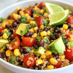 - 1 cup quinoa, rinsed - 2 cups vegetable broth - 1 can black beans, rinsed and drained - 1 cup cherry tomatoes, halved - 1 red bell pepper, diced - 1 small red onion, finely chopped - 1 cup corn (fresh, frozen, or canned) - 1 avocado, diced - 1 lime, juiced - 3 tablespoons olive oil - 1 teaspoon cumin - 1 teaspoon chili powder - Salt and pepper to taste - Fresh cilantro, chopped (for garnish) Rinsing quinoa is key. It removes saponins, which can make it bitter. Rinse it well in cold water. Use a fine mesh strainer for best results. Choosing vegetable broth matters too. A good broth adds flavor. Look for low-sodium options to control salt. Prepare your vegetables for the best texture. Dice and chop uniformly. This ensures even cooking and a nice bite in every forkful. {{ingredient_image_1}} To cook the quinoa, start by rinsing one cup of quinoa. Rinsing removes bitter flavors. Next, in a medium pot, mix the rinsed quinoa with two cups of vegetable broth. Bring this to a boil over medium heat. Once it boils, lower the heat. Cover the pot and let it simmer for about 15 minutes. After 15 minutes, check if the quinoa is done. It should be fluffy and have absorbed all the liquid. If it’s still wet, cover and simmer for a few more minutes. Once cooked, remove it from heat and let it cool. In a large mixing bowl, gather your veggies. Add one can of rinsed black beans, one cup of halved cherry tomatoes, one diced red bell pepper, and one finely chopped small red onion. Don’t forget one cup of corn, either fresh, frozen, or canned. Finally, add one diced avocado. Once the quinoa has cooled, add it to this bowl. To mix well, use a large spoon. Gently toss the ingredients together. This helps to distribute the flavors evenly throughout the salad. For the dressing, start with a small bowl. Whisk together the juice from one lime, three tablespoons of olive oil, one teaspoon of cumin, and one teaspoon of chili powder. Add salt and pepper to taste. To emulsify, whisk until the dressing looks smooth and combined. If you prefer it tangier, add more lime juice. For a richer taste, increase the olive oil. Adjust as needed to match your taste. Once ready, pour the dressing over the salad. Toss the salad gently to coat all the ingredients. Let it sit for at least 15 minutes. This allows the flavors to blend beautifully. Want to spice up your Southwest Quinoa Salad? Try adding jalapeños or a splash of hot sauce. This adds heat and excitement to each bite. If you prefer a milder option, skip the heat. You can also include cheese or nuts for extra flavor. Crumbled feta or cotija cheese brings creaminess. Chopped nuts like almonds or walnuts add crunch. Both options deepen the taste and texture. Serve your salad in a large, colorful bowl. This makes it eye-catching and fun. Garnish with chopped cilantro for a fresh touch. Add lime wedges on the side. They brighten the dish and invite guests to add more zing. Choose serving dishes that highlight the vibrant colors. Clear glass bowls work well, letting the salad shine. You can also use rustic wooden bowls for a cozy feel. To save time, prepare quinoa and vegetables in advance. Cook the quinoa a day ahead and store it in the fridge. Chop your vegetables earlier in the week. This keeps them fresh and ready to go. When storing salad, use airtight containers. This helps keep the salad crisp and tasty. If you plan to enjoy leftovers, store the dressing separately. Add it just before serving to maintain freshness. Pro Tips Rinse Quinoa Thoroughly: Always rinse quinoa under cold water before cooking to remove its natural coating, called saponin, which can give it a bitter taste. Use Fresh Lime Juice: For the best flavor, use freshly squeezed lime juice instead of bottled. It brightens up the salad and enhances the overall taste. Chill Before Serving: Allow the salad to sit in the fridge for at least 15 minutes after mixing to let the flavors meld together for a more delicious experience. Customize Your Veggies: Feel free to swap or add additional vegetables based on your preference or seasonality, such as cucumbers, radishes, or bell peppers of different colors. {{image_2}} You can switch up the beans in this salad. Try pinto beans or kidney beans for a new taste. If you want more veggies, add zucchini or bell peppers. You can use chickpeas for a protein boost. If you need gluten-free options, quinoa is already safe. You can also add nuts or seeds for extra protein and crunch. Instead of lime juice, use lemon or orange juice for a fresh twist. You can try apple cider vinegar for a zing. For a creamy dressing, mix in Greek yogurt or sour cream. Add a touch of chipotle for a smoky flavor. Each dressing choice will change the taste of your salad. This salad pairs well with grilled chicken or shrimp. You can create a complete meal by adding protein. It also goes well with spicy dishes or tacos. Serve it as a side dish for a BBQ or picnic. The bright flavors will make your meal pop. To keep your Southwest Quinoa Salad fresh, use airtight containers. Glass or BPA-free plastic work best. These containers help keep moisture in and air out. If you store it well, your salad stays tasty for up to four days in the fridge. Refrigerate the salad right after serving. Let it cool before sealing the container. This helps maintain the crispness of the veggies. You can also separate the dressing from the salad if you prefer. This keeps the salad fresh longer. You can freeze the quinoa and veggies separately. First, let the quinoa cool completely. Then, put it in a freezer-safe bag or container. Do the same for the vegetables. They will keep well for about three months. When you’re ready to eat, thaw the quinoa and veggies overnight in the fridge. You can add them to a bowl and mix them with your favorite dressing. Reheat the quinoa gently in the microwave or on the stove. This makes it warm and fluffy again. Quinoa is a tiny seed that acts like a grain. It is packed with nutrients. Quinoa is high in protein and fiber. It has all nine essential amino acids. This makes it a complete protein source. It is also a good source of vitamins and minerals. Quinoa is gluten-free, making it great for people with celiac disease. It is safe for those who avoid gluten. You can use quinoa in many dishes. It is light and fluffy, perfect for salads. Yes, you can make this salad ahead of time. It stays fresh in the fridge for about three days. To keep it tasty, store it in an airtight container. This helps stop it from drying out. Let the salad sit for a little bit before serving. This helps the flavors blend well. If you make it too early, add fresh avocado later. This keeps it green and tasty. If you need a substitute for black beans, try other legumes. Chickpeas or kidney beans work well. They add a nice texture and flavor. You can also use lentils for a different taste. Lentils are high in protein and cook quickly. All these options keep your salad healthy and satisfying. In this post, we explored a tasty quinoa salad recipe. We discussed key ingredients like quinoa, black beans, and fresh vegetables. You learned how to prepare these ingredients, cook the quinoa, and mix it all together with a zesty dressing. I shared tips on enhancing flavors and presented helpful ideas for meal prep. You can also see how to store leftovers and find options for variations. This dish is not only healthy but adaptable. I hope you enjoy making your own quinoa salad and try out different twists!