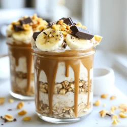 - 1 cup rolled oats - 2 cups almond milk (or any milk of choice) - 2 tablespoons peanut butter - 2 tablespoons cocoa powder The main ingredients form the base of your overnight oats. Rolled oats are thick and chewy. Almond milk makes it creamy. Peanut butter gives a rich, nutty flavor. Cocoa powder adds a deep chocolate taste. - 2 tablespoons honey or maple syrup - 1 teaspoon vanilla extract - A pinch of salt For sweetness, choose honey or maple syrup. They balance the cocoa's bitterness. Vanilla extract adds a warm flavor. A pinch of salt enhances all the tastes. - Sliced banana - Chopped dark chocolate - Crushed peanuts Toppings make your oats fun and tasty. Sliced banana adds natural sweetness. Chopped dark chocolate gives a rich bite. Crushed peanuts add crunch and extra peanut flavor. You can mix and match toppings as you like! {{ingredient_image_1}} - In a medium bowl, combine the rolled oats, almond milk, peanut butter, cocoa powder, honey, vanilla extract, and salt. - Whisk until smooth and mixed. Make sure the peanut butter is well blended with the oats. - Divide the mixture evenly into two jars or airtight containers. - Seal the jars tightly and refrigerate overnight. This allows the oats to soak up the liquid and flavors. - In the morning, stir the oats well. If you want a creamier texture, add a splash of almond milk. - Top your oats with sliced banana, chopped dark chocolate, or crushed peanuts. These toppings add extra flavor and crunch. To get the right thickness, adjust the milk. If you want thicker oats, use less milk. For creamier oats, add more milk. Mix the ingredients well. Use a whisk to combine the oats, milk, and peanut butter. This helps everything blend nicely. You can change the nut butter if you like. Almond butter or cashew butter will work great too. You can also switch sweeteners. Try agave syrup or coconut sugar instead of honey or maple syrup. This gives you a new taste. Serve your oats in clear jars. This makes the layers look pretty. Add a drizzle of peanut butter on top for a nice touch. You can also sprinkle some chopped dark chocolate or crushed peanuts. This adds flavor and makes it more fun to eat. Pro Tips Use Overnight Oats Ratio: The ideal ratio of oats to liquid is typically 1:2. Adjust this based on your texture preference—more liquid for creamier oats! Experiment with Sweeteners: Try different sweeteners like agave syrup or stevia to customize the sweetness level to your liking. Layer Your Ingredients: For added visual appeal, layer your oats with toppings in the jar, creating a beautiful presentation. Make It a Meal Prep: Double the recipe and prep jars for the week. Quick, nutritious breakfasts are just a grab away! {{image_2}} You can change the taste of your overnight oats easily. Here are two fun ideas: - Chocolate Banana Overnight Oats: Add sliced bananas to the mix. This makes your oats even sweeter. The banana pairs well with chocolate and peanut butter. - Peanut Butter Cup Oats: Mix in some mini chocolate chips. This gives a nice crunch and extra chocolate flavor. It’s like eating a dessert for breakfast! You can also adjust this recipe to fit your needs: - Vegan options: Swap honey for maple syrup. This keeps the sweetness without using animal products. Almond milk is already a great choice for vegans. - Gluten-free alternatives: Ensure your oats are labeled gluten-free. This way, you can enjoy oats if you have gluten sensitivity. Toppings can change with the seasons, adding new flavors: - Fruits for different seasons: In spring, add strawberries. In summer, try peaches. In fall, diced apples with cinnamon taste great. Winter can call for pomegranate seeds. - Adding spices: Cinnamon or nutmeg can enhance the flavor. A little sprinkle can make your oats taste warm and cozy. To keep your chocolate peanut butter overnight oats fresh, store them in airtight containers. Glass jars work well and allow you to see the layers. Make sure to seal the jars tightly to keep out air and moisture. If you have leftovers, try to eat them within three days for the best taste. You can freeze your overnight oats for longer storage. Simply fill your jars, leaving some space at the top. This allows for expansion. Seal the jars well and place them in the freezer. When you’re ready to eat, move a jar to the fridge to thaw overnight. If you want a warm meal, you can microwave it after thawing. In the fridge, your oats will last for about four to five days. Check for signs of spoilage like an off smell or a change in texture. If you see or smell anything strange, it’s best to toss them out. Keeping your oats sealed tight will help them last longer. Yes, you can use quick oats. Quick oats cook faster and absorb liquid differently. They may give a mushier texture. Rolled oats stay chewier and have a heartier bite. If you want a creamy mix, quick oats work well. If you prefer texture, stick with rolled oats. To make these oats vegan, swap honey for maple syrup. Almond milk is already a great choice. Other plant-based milks, like oat or soy, work too. This way, you keep all the flavors without any animal products. Your oats will still taste yummy! Yes, you can make these oats for several days. Just store them in airtight containers. They last up to five days in the fridge. To keep them fresh, avoid adding toppings until you’re ready to eat. This keeps the oats from getting soggy. You can create delicious overnight oats with simple ingredients. The steps are easy, and you can make them your own with different flavors and toppings. Remember to store your oats properly to keep them fresh. This recipe is flexible for your dietary needs. Try adding seasonal fruits or other nut butters to keep things exciting. Enjoy the tasty rewards of your healthy choices and feel good about what you're eating. These oats are quick, fun, and nutritious—perfect for any time of day.