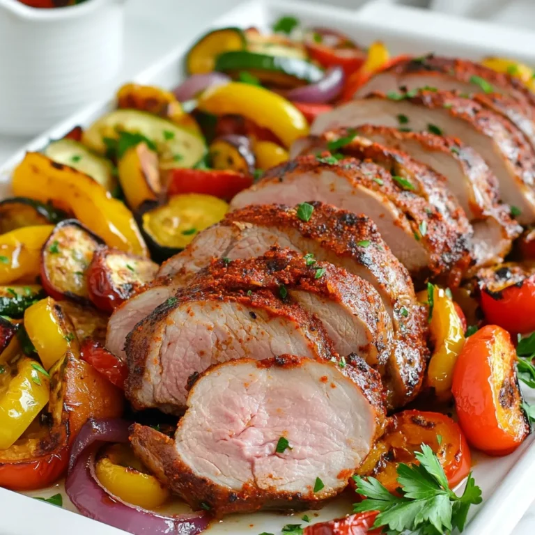 Here’s what you need for the Smoky Paprika Pork Tenderloin Sheet Pan: - 1 pound pork tenderloin - Seasoning mix: - 2 tablespoons smoked paprika - 1 teaspoon garlic powder - 1 teaspoon onion powder - 1 teaspoon cumin - 1 teaspoon salt - ½ teaspoon black pepper - 2 tablespoons olive oil - Assorted vegetables: - 1 red bell pepper, sliced - 1 yellow bell pepper, sliced - 1 red onion, sliced - 1 zucchini, sliced - Fresh parsley for garnish These ingredients come together to create a meal that is rich in flavor and easy to prepare. The pork tenderloin serves as a tasty main dish, while the veggies add color and nutrients. The smoked paprika brings a warm, smoky flavor that ties everything together. You can find these ingredients at your local grocery store. Just make sure the pork is fresh for the best taste. {{ingredient_image_1}} 1. Preheat the oven and prepare the baking sheet Start by preheating your oven to 425°F (220°C). This high heat helps the pork cook well and makes the veggies tender. Line a large baking sheet with parchment paper. This keeps things clean and makes for easy cleanup. 2. Mix the seasoning paste In a small bowl, combine 2 tablespoons of smoked paprika, 1 teaspoon of garlic powder, 1 teaspoon of onion powder, 1 teaspoon of cumin, 1 teaspoon of salt, and ½ teaspoon of black pepper. Pour in 2 tablespoons of olive oil. Stir well until you get a thick paste. This mix gives the pork a lovely smoky flavor. 3. Prepare the pork tenderloin Take 1 pound of pork tenderloin and pat it dry using paper towels. This step helps the seasoning stick better. Rub the spice paste all over the pork. Make sure every side is coated. This flavor will really shine through when cooked. 1. Arrange the vegetables on the baking sheet Slice 1 red bell pepper, 1 yellow bell pepper, 1 red onion, and 1 zucchini. Place these veggies around the pork on the baking sheet. They will soak up the tasty juices from the pork while roasting. 2. Place the pork tenderloin and roast Drizzle a little olive oil over the veggies and toss them gently to coat. Place the seasoned pork tenderloin right in the center of the veggies. Roast everything in the preheated oven for 25-30 minutes. Use a meat thermometer to check that the pork reaches 145°F (63°C). The vegetables should be soft and slightly browned. 1. Check for doneness and rest the pork Once the pork is done, take it out of the oven. Let it rest for 5-10 minutes before slicing. This helps the juices stay in the meat. 2. Slice and serve After resting, slice the pork tenderloin into even pieces. Serve it alongside the roasted vegetables. A sprinkle of fresh parsley on top adds a nice touch and color. Enjoy this delicious meal! - How to achieve a perfect seasoning coat Start with dry pork. Pat it with paper towels. This helps the spice paste stick better. Mix smoked paprika, garlic powder, onion powder, cumin, salt, and black pepper in a bowl. Add olive oil to form a paste. Rub this mix all over the pork. Make sure every part is covered. - Recommendations for side dishes Serve this dish with fluffy rice or creamy mashed potatoes. You can also add a simple green salad. Roasted sweet potatoes are another great choice. They add a nice sweetness that pairs well with the smoky pork. - Ensuring even cooking of the pork Use a meat thermometer to check the pork’s temperature. Aim for 145°F (63°C). This keeps the pork juicy. Place the pork in the center of the pan. This helps it cook evenly with the veggies. - Tips for caramelizing vegetables Cut the veggies into uniform pieces. This helps them cook evenly. Drizzle olive oil over them and toss well. Spread them out on the baking sheet. Avoid crowding them; this lets them brown nicely. - Best accompaniments for the dish Pair the pork with a light red wine, like Pinot Noir. The flavors blend well. You can also serve it with crusty bread. This helps soak up any juices. - How to garnish for presentation Before serving, sprinkle fresh parsley over the pork and veggies. This adds a pop of color. You can also drizzle a little olive oil for shine. It makes the dish look inviting and fresh. Pro Tips Rest the Meat: Allow the pork tenderloin to rest for 5-10 minutes after roasting. This helps the juices redistribute, resulting in a more tender and flavorful dish. Customize Your Veggies: Feel free to swap out or add other vegetables like asparagus, carrots, or potatoes based on your preference or seasonal availability. Spice Paste Variation: Experiment with different spices or herbs in the paste, such as chili powder or thyme, to create unique flavor profiles for the pork. Use a Meat Thermometer: To ensure perfectly cooked pork, use a meat thermometer to check that the internal temperature reaches 145°F (63°C) for safe consumption. {{image_2}} You can change the flavors of this dish easily. Try using different seasonings. If you want a spicy kick, add cayenne pepper or chili powder. For a fresh touch, use herbs like rosemary or thyme. You can also switch the smoked paprika for regular paprika if you prefer a milder taste. When it comes to vegetables, the options are endless. Instead of bell peppers, use asparagus or broccoli. Carrots or sweet potatoes add sweetness and color. Feel free to mix and match to find your favorite blend. If you prefer slow cooking, this dish adapts well. Just season the pork and place it in a slow cooker with the veggies. Cook on low for 6-8 hours. This method makes the pork super tender and juicy. Grilling is another fun way to make this dish. Marinate the pork with the spice mix, then grill it over medium heat. Add the veggies in a grill basket. This gives everything a nice smoky flavor and char. For gluten-free options, check your spice labels. Most spices are gluten-free, but some blends might contain gluten. Use fresh herbs and spices to avoid this. If you're watching carbs, you can skip the potatoes and use only non-starchy veggies. Zucchini, bell peppers, and onions are great low-carb choices. This keeps the dish light while still being tasty. After enjoying your Smoky Paprika Pork Tenderloin, you may have some leftovers. To store them, let the pork cool first. Wrap it tightly in plastic wrap or aluminum foil. You can also place it in an airtight container. Store the leftover pork and veggies in the refrigerator. They should stay fresh for up to three days. Be sure to keep the veggies close to the pork for best flavor. If you want to save some for later, freezing is a great option. Wrap the pork tenderloin tightly in plastic wrap. Then, place it in a freezer-safe bag or container. You can freeze the roasted vegetables too. Make sure to cool them before wrapping. Use them within three months for the best taste. When it’s time to enjoy your leftovers, proper reheating is key. I recommend using the oven for the best results. Preheat your oven to 350°F (175°C). Place the pork and veggies in a baking dish. Cover them with foil to keep moisture in. Heat for about 15-20 minutes, or until warmed through. You can also use a microwave, but the oven gives better flavor. Enjoy your meal again! Pork tenderloin should reach an internal temperature of 145°F (63°C). This ensures it is safe to eat. Use a meat thermometer to check the temperature. After cooking, let it rest for 5-10 minutes. This helps keep the meat juicy. Cooking pork tenderloin takes about 25-30 minutes at 425°F (220°C). The timing may vary with the size of the meat. Always check the temperature to ensure it's fully cooked. Yes, you can change the spices in the marinade. Try using chili powder, rosemary, or thyme for new flavors. Experimenting with spices can lead to tasty results! Bell peppers, red onions, and zucchini are great choices. You can add carrots, broccoli, or Brussels sprouts for variety. Use your favorite veggies to make it your own! Yes, you can prepare the spice paste and marinate the pork ahead of time. Store it in the fridge for up to 24 hours. This allows the flavors to blend and intensify. Absolutely! This dish stores well and reheats nicely. Cook a larger batch to use throughout the week. Pair it with grains or salads for easy meals. Check the internal temperature with a meat thermometer. If it reads 145°F (63°C), it is done. The meat should be slightly pink but not raw in the center. Yes, grilling works well too! Preheat your grill to medium-high heat. Cook for about 20-25 minutes, turning occasionally. Ensure it still reaches the proper temperature. This dish pairs well with rice, quinoa, or a fresh salad. You can also serve it with crusty bread or roasted potatoes. Get creative with your sides! This blog post guided you through preparing a delicious pork tenderloin dish. We covered ingredients, cooking steps, and tips for a great meal. Remember, seasoning is key, and don’t shy away from mixing flavors. Feel free to experiment with different vegetables and cooking methods. Leftovers can be stored easily or frozen for later. With these insights, you can impress family and friends. Now, it's time to enjoy your masterpiece!