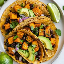 - 2 medium sweet potatoes, peeled and diced - 1 can (15 oz) black beans, drained and rinsed - 8 small corn tortillas - 1 tablespoon olive oil - 1 teaspoon cumin - 1 teaspoon smoked paprika - ½ teaspoon chili powder - Salt and pepper to taste - 1 avocado, sliced - ½ cup corn (fresh or frozen) - ¼ cup red onion, finely chopped - Fresh cilantro, for garnish - Lime wedges, for serving - Approximately 300 calories per serving - Key nutrients: fiber, protein, vitamins A and C Sweet potatoes are the star of these tacos. They bring a sweet and creamy texture. Roasting them turns up the flavor, making them caramelize beautifully. Black beans add protein and fiber, making your meal filling and nutritious. The spices play a big role too. Cumin gives warmth, while smoked paprika adds depth. Chili powder gives a gentle kick. Together, these spices create a rich flavor that pairs well with sweet potatoes. Corn tortillas are perfect for holding all these fillings. They have a soft texture that complements the crunchy veggies. Warming them makes them easy to fold and eat. Don't forget your garnishes! Sliced avocado adds creaminess and healthy fats. Red onion gives a bit of sharpness, and fresh cilantro adds brightness. Lime wedges are essential for a zesty finish. Just squeeze some over the top before you take a bite. This mix of ingredients creates a well-rounded taco that is packed with flavor and nutrition. Try it out, and you will love how everything comes together! {{ingredient_image_1}} - Preheating the oven Start by preheating your oven to 425°F (220°C). This helps cook the sweet potatoes evenly. - Preparing sweet potatoes Peel and dice the sweet potatoes. Place them in a bowl. Add olive oil, cumin, smoked paprika, chili powder, salt, and pepper. Toss until all pieces are coated. - Roasting sweet potatoes Spread the sweet potatoes on a baking sheet. Make sure they are in a single layer. Roast them for 25-30 minutes. Stir halfway through to help them brown evenly. - Heating black beans and corn While the sweet potatoes roast, take a saucepan. Add the drained black beans and corn. Heat over medium heat for 5-7 minutes, stirring often until warmed through. - Warming tortillas Heat the corn tortillas on a skillet over medium heat. Cook each side for about 30 seconds until they are soft and pliable. - Final assembly steps Take a tortilla and add a spoonful of roasted sweet potatoes. Next, add a spoonful of the black bean and corn mixture. Top with sliced avocado, red onion, and fresh cilantro. Serve with lime wedges on the side for a fresh squeeze. To boost flavor, I love using spices like cumin, smoked paprika, and chili powder. These spices add warmth and depth to the sweet potatoes. For a kick, add cayenne pepper or chipotle powder. Always taste your mixture before cooking. Adjust salt and pepper to your liking. When roasting sweet potatoes, cut them into small, even pieces. This ensures they cook evenly. Toss them well with olive oil and spices. Spread them out on the baking sheet. Don’t overcrowd them; this helps them caramelize nicely. Stir halfway through cooking for even browning. For dips, serve your tacos with fresh salsa or creamy guacamole. Both add great flavor and texture. A dollop of vegan sour cream can also work well. Pair these tacos with a simple salad or roasted veggies. Corn on the cob or a side of rice complements the meal nicely. If you like crunch, try serving with tortilla chips on the side. Plating is key to making your tacos pop. Stack the tacos neatly on a colorful plate. You can arrange the toppings in little bowls for guests to add as they like. Garnish with fresh cilantro and lime wedges for a bright finish. A sprinkle of red onion on top adds color and flavor. Serve with a side of lime for that fresh squeeze. This makes for an eye-catching meal! Pro Tips Roasting Sweet Potatoes: For maximum caramelization, ensure the sweet potatoes are spread out in a single layer on the baking sheet. This allows them to roast evenly and develop a delicious flavor. Black Bean Variations: Add extra flavor to the black bean mixture by incorporating spices like garlic powder or onion powder. You can also add diced bell peppers for added texture and taste. Tortilla Technique: To keep your tortillas warm and pliable, wrap them in a clean kitchen towel after warming. This helps prevent them from drying out before serving. Serving Suggestions: Enhance your tacos by offering a variety of toppings, such as salsa, hot sauce, or pickled jalapeños. This allows your guests to customize their tacos to their taste. {{image_2}} You can easily switch beans in this recipe. Pinto or kidney beans work well. They both add rich flavor and texture. Feel free to change the veggies too. Zucchini and bell peppers are great options. Both add crunch and color. Just chop them up and toss them in with the sweet potatoes. You have choices for how to serve these tacos. Soft shell tortillas are classic, but hard shell tacos are fun too. They add a nice crunch. If you're in the mood for something different, try a taco bowl. Just skip the tortillas. Use a bowl and layer the sweet potatoes, beans, and toppings. It’s a tasty twist! If you need gluten-free options, use corn tortillas. They are safe and delicious. For a low-carb meal, try using lettuce wraps. They give the same great taste and are light. Just wrap the filling in big lettuce leaves for a fresh bite. Store leftovers in an airtight container in the fridge. Make sure to cool the tacos first. They will last for about 3-5 days in the fridge. If you want to keep them fresh, avoid adding garnishes before storing. This will help keep the flavors bright. You can freeze the cooked sweet potatoes and black bean mixture. Let them cool completely before freezing. Use freezer bags to save space. These components will stay fresh for about 3 months. To reheat, let them thaw overnight in the fridge. Heat in the microwave or on the stove until hot. Prep ingredients in advance to save time. Peel and dice sweet potatoes a day ahead. You can also rinse the black beans and corn earlier. To build meal portions, fill tortillas right before eating. This keeps the tortillas from getting soggy. Enjoy the fresh flavors at every meal! These tacos can last up to three days in the fridge. Make sure to store them in an airtight container. This helps keep them fresh and safe to eat. Yes, you can prepare some parts in advance. Roast the sweet potatoes and heat the black beans a day before. Store them separately in the fridge. Just warm them up when you’re ready to eat. Great sides for vegan tacos include: - Rice or quinoa - Fresh salsa - Guacamole - A simple salad - Corn on the cob - Chilled drinks like agua fresca or iced tea These sides add flavor and balance to your meal. Enjoy exploring different combinations! In this post, I covered how to make tasty vegan tacos packed with sweet potatoes and black beans. You learned about the main and extra ingredients, cooking steps, and helpful tips for serving and storing. These tacos are versatile and easy to prepare. You can customize them to fit your tastes and needs. Enjoy experimenting with flavors and creating your own perfect dish!