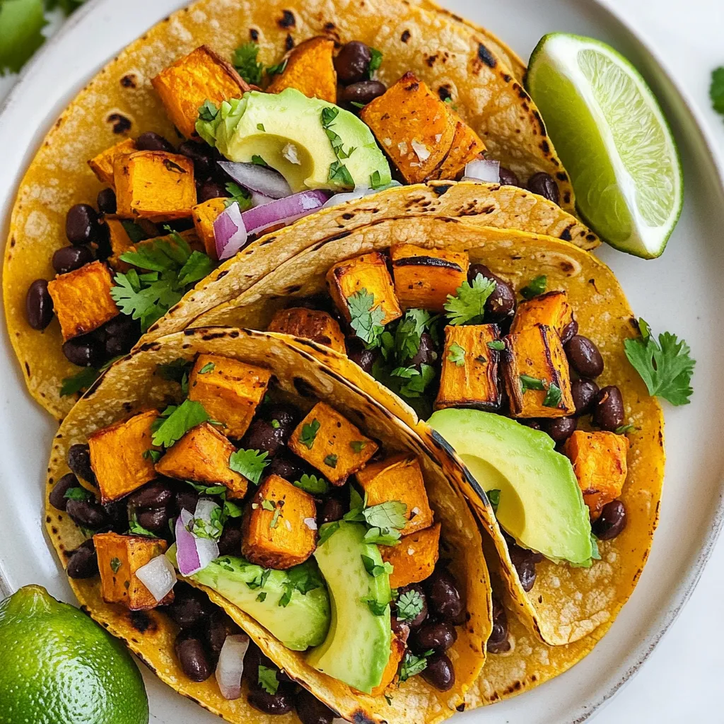 - 2 medium sweet potatoes, peeled and diced - 1 can (15 oz) black beans, drained and rinsed - 8 small corn tortillas - 1 tablespoon olive oil - 1 teaspoon cumin - 1 teaspoon smoked paprika - ½ teaspoon chili powder - Salt and pepper to taste - 1 avocado, sliced - ½ cup corn (fresh or frozen) - ¼ cup red onion, finely chopped - Fresh cilantro, for garnish - Lime wedges, for serving - Approximately 300 calories per serving - Key nutrients: fiber, protein, vitamins A and C Sweet potatoes are the star of these tacos. They bring a sweet and creamy texture. Roasting them turns up the flavor, making them caramelize beautifully. Black beans add protein and fiber, making your meal filling and nutritious. The spices play a big role too. Cumin gives warmth, while smoked paprika adds depth. Chili powder gives a gentle kick. Together, these spices create a rich flavor that pairs well with sweet potatoes. Corn tortillas are perfect for holding all these fillings. They have a soft texture that complements the crunchy veggies. Warming them makes them easy to fold and eat. Don't forget your garnishes! Sliced avocado adds creaminess and healthy fats. Red onion gives a bit of sharpness, and fresh cilantro adds brightness. Lime wedges are essential for a zesty finish. Just squeeze some over the top before you take a bite. This mix of ingredients creates a well-rounded taco that is packed with flavor and nutrition. Try it out, and you will love how everything comes together! {{ingredient_image_1}} - Preheating the oven Start by preheating your oven to 425°F (220°C). This helps cook the sweet potatoes evenly. - Preparing sweet potatoes Peel and dice the sweet potatoes. Place them in a bowl. Add olive oil, cumin, smoked paprika, chili powder, salt, and pepper. Toss until all pieces are coated. - Roasting sweet potatoes Spread the sweet potatoes on a baking sheet. Make sure they are in a single layer. Roast them for 25-30 minutes. Stir halfway through to help them brown evenly. - Heating black beans and corn While the sweet potatoes roast, take a saucepan. Add the drained black beans and corn. Heat over medium heat for 5-7 minutes, stirring often until warmed through. - Warming tortillas Heat the corn tortillas on a skillet over medium heat. Cook each side for about 30 seconds until they are soft and pliable. - Final assembly steps Take a tortilla and add a spoonful of roasted sweet potatoes. Next, add a spoonful of the black bean and corn mixture. Top with sliced avocado, red onion, and fresh cilantro. Serve with lime wedges on the side for a fresh squeeze. To boost flavor, I love using spices like cumin, smoked paprika, and chili powder. These spices add warmth and depth to the sweet potatoes. For a kick, add cayenne pepper or chipotle powder. Always taste your mixture before cooking. Adjust salt and pepper to your liking. When roasting sweet potatoes, cut them into small, even pieces. This ensures they cook evenly. Toss them well with olive oil and spices. Spread them out on the baking sheet. Don’t overcrowd them; this helps them caramelize nicely. Stir halfway through cooking for even browning. For dips, serve your tacos with fresh salsa or creamy guacamole. Both add great flavor and texture. A dollop of vegan sour cream can also work well. Pair these tacos with a simple salad or roasted veggies. Corn on the cob or a side of rice complements the meal nicely. If you like crunch, try serving with tortilla chips on the side. Plating is key to making your tacos pop. Stack the tacos neatly on a colorful plate. You can arrange the toppings in little bowls for guests to add as they like. Garnish with fresh cilantro and lime wedges for a bright finish. A sprinkle of red onion on top adds color and flavor. Serve with a side of lime for that fresh squeeze. This makes for an eye-catching meal! Pro Tips Roasting Sweet Potatoes: For maximum caramelization, ensure the sweet potatoes are spread out in a single layer on the baking sheet. This allows them to roast evenly and develop a delicious flavor. Black Bean Variations: Add extra flavor to the black bean mixture by incorporating spices like garlic powder or onion powder. You can also add diced bell peppers for added texture and taste. Tortilla Technique: To keep your tortillas warm and pliable, wrap them in a clean kitchen towel after warming. This helps prevent them from drying out before serving. Serving Suggestions: Enhance your tacos by offering a variety of toppings, such as salsa, hot sauce, or pickled jalapeños. This allows your guests to customize their tacos to their taste. {{image_2}} You can easily switch beans in this recipe. Pinto or kidney beans work well. They both add rich flavor and texture. Feel free to change the veggies too. Zucchini and bell peppers are great options. Both add crunch and color. Just chop them up and toss them in with the sweet potatoes. You have choices for how to serve these tacos. Soft shell tortillas are classic, but hard shell tacos are fun too. They add a nice crunch. If you're in the mood for something different, try a taco bowl. Just skip the tortillas. Use a bowl and layer the sweet potatoes, beans, and toppings. It’s a tasty twist! If you need gluten-free options, use corn tortillas. They are safe and delicious. For a low-carb meal, try using lettuce wraps. They give the same great taste and are light. Just wrap the filling in big lettuce leaves for a fresh bite. Store leftovers in an airtight container in the fridge. Make sure to cool the tacos first. They will last for about 3-5 days in the fridge. If you want to keep them fresh, avoid adding garnishes before storing. This will help keep the flavors bright. You can freeze the cooked sweet potatoes and black bean mixture. Let them cool completely before freezing. Use freezer bags to save space. These components will stay fresh for about 3 months. To reheat, let them thaw overnight in the fridge. Heat in the microwave or on the stove until hot. Prep ingredients in advance to save time. Peel and dice sweet potatoes a day ahead. You can also rinse the black beans and corn earlier. To build meal portions, fill tortillas right before eating. This keeps the tortillas from getting soggy. Enjoy the fresh flavors at every meal! These tacos can last up to three days in the fridge. Make sure to store them in an airtight container. This helps keep them fresh and safe to eat. Yes, you can prepare some parts in advance. Roast the sweet potatoes and heat the black beans a day before. Store them separately in the fridge. Just warm them up when you’re ready to eat. Great sides for vegan tacos include: - Rice or quinoa - Fresh salsa - Guacamole - A simple salad - Corn on the cob - Chilled drinks like agua fresca or iced tea These sides add flavor and balance to your meal. Enjoy exploring different combinations! In this post, I covered how to make tasty vegan tacos packed with sweet potatoes and black beans. You learned about the main and extra ingredients, cooking steps, and helpful tips for serving and storing. These tacos are versatile and easy to prepare. You can customize them to fit your tastes and needs. Enjoy experimenting with flavors and creating your own perfect dish!