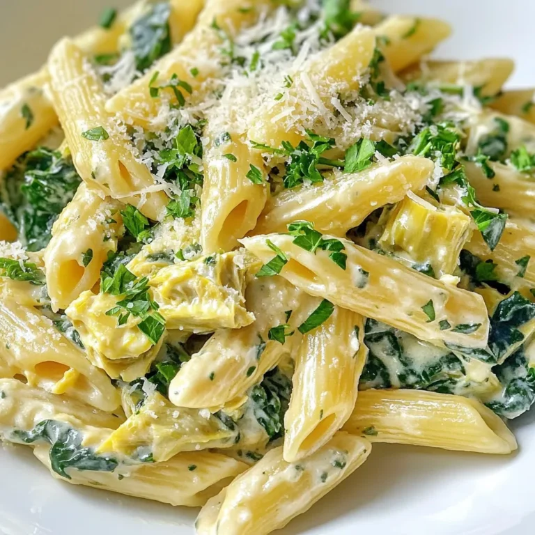 For a rich and creamy Spinach Artichoke Pasta, gather these key items: - 8 oz. pasta (penne or rotini) - 2 cups fresh spinach, chopped - 1 cup canned artichoke hearts, drained and chopped - 1 cup cream cheese, softened - 1/2 cup heavy cream - 1/2 cup grated Parmesan cheese - 1 tablespoon olive oil - 3 cloves garlic, minced - 1 teaspoon onion powder - Salt and pepper to taste Adding a little flair is easy with these optional items: - Red pepper flakes (for heat) - Fresh parsley, chopped (for garnish) To make this dish, have these tools ready: - Large pot for boiling pasta - Frying pan for sautéing - Mixing bowl for combining ingredients - Measuring cups and spoons for precision {{ingredient_image_1}} Start by boiling water in a large pot. Add salt to the water for flavor. Once it boils, add 8 ounces of pasta, like penne or rotini. Cook it according to the package instructions until it’s al dente. This usually takes around 8 to 10 minutes. Drain the pasta and set it aside. In the same pot, add 1 tablespoon of olive oil and heat it over medium heat. Once warm, add 3 cloves of minced garlic. Sauté the garlic for about 1 minute until it smells good. Be careful not to burn it. Next, add 2 cups of chopped fresh spinach and 1 cup of chopped artichoke hearts. Cook this mix for 3 to 4 minutes until the spinach wilts down. Lower the heat and stir in 1 cup of softened cream cheese. Once it melts, add in 1/2 cup of heavy cream. Stir until the sauce is creamy and smooth. Then, mix in 1/2 cup of grated Parmesan cheese, 1 teaspoon of onion powder, salt, and pepper. Now it's time to bring it all together! Add the cooked pasta to the sauce in the pot. Toss the pasta gently to coat it well with the creamy sauce. If you like a bit of heat, sprinkle in some red pepper flakes. Taste and adjust the seasoning if needed. Serve your dish right away, garnished with fresh parsley and extra Parmesan if desired. Enjoy your rich and creamy spinach artichoke pasta! To boost flavor, use fresh herbs like basil or thyme. They add a bright taste. You can also add lemon juice for a zingy note. If you like spice, sprinkle in more red pepper flakes. This will give your dish a nice kick. Taste as you go, and adjust seasonings to your liking. One major mistake is overcooking the pasta. Cook it just until al dente. This keeps it firm and helps it hold the sauce better. Another mistake is not draining the artichokes well. Excess water can make your sauce too thin. Lastly, don’t skimp on the cheese! It adds richness to the dish. For a smooth sauce, make sure the cream cheese is softened. This helps it melt easily. Stir it in slowly, letting it blend with the spinach and artichokes. If the sauce is too thick, add a bit more heavy cream. This gives it a nice, creamy consistency. Keep stirring until it all comes together. Pro Tips Choose the Right Pasta: Opt for pasta shapes like penne or rotini that can hold the creamy sauce well, ensuring each bite is flavorful. Fresh Ingredients Matter: Use fresh spinach and artichoke hearts for the best flavor and texture. Canned artichokes can work, but fresh is always better! Adjust the Creaminess: If you prefer a lighter dish, reduce the amount of cream cheese or heavy cream, or substitute with Greek yogurt for a healthier option. Make It Ahead: This dish can be made ahead of time and stored in the refrigerator. Just reheat gently on the stove with a splash of cream to maintain creaminess. {{image_2}} You can easily add protein to your Spinach Artichoke Pasta. Chicken and shrimp work great. For chicken, use cooked, diced meat. You can sauté it with garlic before adding spinach. For shrimp, cook them in the same pot until pink. This adds flavor and makes the dish heartier. To make this dish vegetarian, skip the protein. Use vegetable broth instead of water when cooking pasta. For a vegan twist, replace cream cheese with cashew cream or tofu. Use coconut cream for a rich texture. Nutritional yeast can stand in for Parmesan cheese. You still get great flavor without animal products. If you need a gluten-free option, choose gluten-free pasta. Many brands now offer good choices. You can also try zucchini noodles or spaghetti squash. Both will give you a fun twist. Just remember to cook them until tender. This way, you can enjoy your dish without gluten. You can store leftovers in an airtight container. Let the pasta cool to room temperature first. Place it in the fridge for up to three days. When you’re ready to eat, check for any off smells before reheating. This helps keep your meal safe and tasty. To freeze the pasta, use a freezer-safe container. Make sure it is well-sealed to prevent freezer burn. The dish can last up to two months in the freezer. When ready to enjoy, thaw it overnight in the fridge. This keeps the texture and flavor intact. Reheat your pasta on the stove for best results. Add a splash of milk or cream to keep it creamy. Stir it over low heat until hot. You can also use the microwave, but cover it with a damp paper towel. This helps to avoid dryness. Enjoy your rich and creamy delight just like the first time! Yes, you can use frozen spinach. Just thaw and drain it well before adding. Frozen spinach is often just as tasty and saves time. If using frozen, expect a slightly different texture, but the flavor remains great. You can swap cream cheese for Greek yogurt or ricotta cheese. Both options give a creamy texture. Greek yogurt adds tang, while ricotta offers a mild taste. Adjust the amount based on your preference. To add heat, sprinkle in red pepper flakes. Start with a small amount and taste as you go. You can also add diced jalapeños or hot sauce for extra spice. Adjust according to your heat level. Yes, this dish is vegetarian-friendly. It uses spinach, artichokes, and dairy products. Ensure that your pasta is egg-free if you want it completely vegetarian. Enjoy this rich flavor without meat. Penne or rotini work best for this dish. Their shapes hold the creamy sauce well. You can also try bowtie or fusilli for fun shapes. Just make sure to cook until al dente for the best texture. This blog covered all you need for a great Spinach Artichoke Pasta. We looked at required and optional ingredients. I shared step-by-step cooking instructions and useful tips to enhance flavor. You learned about protein options and how to store leftovers. Remember, you can customize this dish to fit your tastes. Use what you have on hand and make it your own. Enjoy crafting this dish and impressing your family or friends!