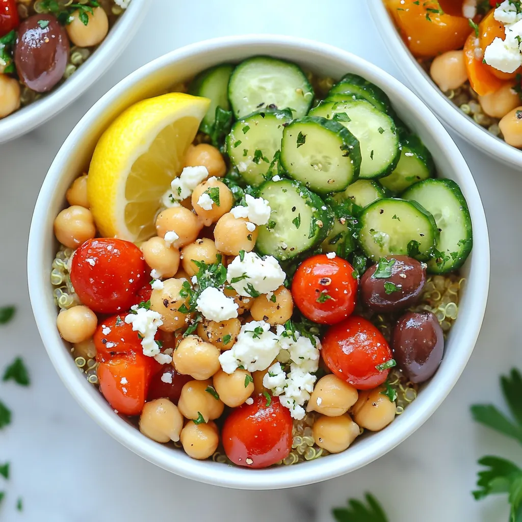 - 1 cup quinoa - 2 cups water - 1 cucumber, diced - 1 cup cherry tomatoes, halved - 1 cup chickpeas, drained and rinsed - 1/2 red onion, finely chopped - 1/2 cup feta cheese, crumbled - 1/4 cup Kalamata olives, pitted and sliced - 3 tablespoons olive oil - 2 tablespoons lemon juice - 1 teaspoon dried oregano - Salt and pepper to taste - Fresh parsley, chopped (for garnish) Quinoa is a star in these bowls. It is packed with protein and fiber. This grain helps keep you full. Cucumber adds crunch and hydration. Tomatoes provide vitamins A and C. Chickpeas boost protein and fiber as well. Red onion adds flavor and nutrients. Feta cheese gives a creamy touch and calcium. Kalamata olives offer healthy fats and a briny taste. Olive oil is full of good fats and helps with heart health. Lemon juice brightens the dish and adds vitamin C. Oregano brings a fresh herb taste and can aid digestion. If you need to avoid grains, consider using cauliflower rice instead of quinoa. For a vegan option, swap out feta with avocado or a vegan cheese. If you are gluten-free, this recipe is safe as it uses quinoa. For nut allergies, ensure your olives and dressing do not contain nuts. You can also replace chickpeas with cooked lentils for a different protein source. {{ingredient_image_1}} First, rinse the quinoa in cold water. This step helps remove any bitterness. Then, measure 1 cup of quinoa and 2 cups of water. In a medium pot, mix the quinoa and water. Bring this mixture to a boil. Once it boils, turn the heat down. Cover the pot and let it simmer for 15 minutes. When the water is gone, remove it from heat and let it sit for 5 more minutes. Finally, fluff the quinoa with a fork. Grab a large mixing bowl. Now, add your diced cucumber, halved cherry tomatoes, drained chickpeas, and finely chopped red onion. Next, crumble in 1/2 cup of feta cheese. Add 1/4 cup of sliced Kalamata olives for a briny kick. This mix brings fresh flavors together and is colorful too! Start by taking a bowl for each serving. Add a generous scoop of quinoa to the bottom of each bowl. Next, top the quinoa with your Greek salad mix. This adds a nice crunch and flavor. For the finishing touch, sprinkle fresh chopped parsley on top. If you like, add extra lemon wedges and a drizzle of olive oil for a bright look. Enjoy your Greek Quinoa Power Bowl! To cook quinoa just right, rinse it well first. This step removes its bitter taste. Use two cups of water for every cup of quinoa. Bring the water to a boil, then lower the heat. Cover the pot and let it simmer for 15 minutes. After that, let it sit for five minutes. Fluff the quinoa with a fork before serving. This makes it light and airy. A good dressing can change everything. For our Greek Quinoa Power Bowls, mix olive oil and lemon juice. Use three tablespoons of olive oil and two tablespoons of lemon juice. Add dried oregano, salt, and pepper to taste. Whisk it well to combine all flavors. This simple dressing makes the veggies pop with flavor. Don’t be afraid to taste as you go! Presentation is key to enjoying your meal. Start with a scoop of fluffy quinoa at the bottom. Add the colorful veggie mix on top. Sprinkle crumbled feta cheese and olives for extra color. Garnish with fresh parsley for a bright touch. You can also add lemon wedges on the side. A drizzle of olive oil enhances the look and taste. A well-presented bowl makes every bite more enjoyable! Pro Tips Rinse Your Quinoa: Always rinse quinoa under cold water before cooking to remove its natural bitterness, ensuring a pleasant flavor in your dish. Perfectly Cooked Quinoa: Allow the quinoa to sit covered for 5 minutes after cooking. This step helps it to fluff up nicely, giving it a light and airy texture. Customize Your Veggies: Feel free to add or substitute other vegetables based on your preference or what's in season, such as bell peppers or spinach, to enhance nutrition and flavor. Make Ahead: Prepare the quinoa and vegetable mixture in advance and store them separately in the fridge. Assemble the bowls just before serving for a fresh taste. {{image_2}} You can boost the protein in your Greek quinoa power bowls. Here are a few great options: - Grilled Chicken: This adds a nice flavor and makes it filling. - Shrimp: Quick to cook and works well with the Greek taste. - Tofu: A great choice for vegans; it soaks up flavors well. - Lentils: They are hearty and add fiber, making your meal more satisfying. This recipe is easy to adjust for vegetarian and vegan diets. If you want to keep it vegetarian, use feta cheese as is. For vegan options, simply leave out the feta. You can also add: - Avocado: It adds creaminess and healthy fats. - Nuts or Seeds: Almonds or pumpkin seeds give a nice crunch. - More Veggies: Try bell peppers or spinach for extra nutrients. You can change ingredients based on what’s in season. This keeps your bowls fresh and exciting. Here are some ideas: - Summer: Use fresh corn or zucchini. Both add sweetness. - Fall: Add roasted butternut squash or sweet potatoes for warmth. - Winter: Kale or Brussels sprouts can add a tasty crunch. - Spring: Incorporate asparagus or radishes for a crisp texture. These variations let you play with flavors while keeping your meal healthy and delicious! To keep your Greek Quinoa Power Bowls fresh, place leftovers in an airtight container. This helps maintain flavor and texture. Make sure the bowls cool to room temperature before sealing them. Store them in the fridge for best results. When you want to enjoy your leftovers, you can reheat them easily. Use a microwave for quick warming. Place the bowl in the microwave for about one to two minutes. Stir halfway through to ensure even heating. You can also reheat on the stove. Just add a splash of water to a pan and heat over low heat. Your Greek Quinoa Power Bowls will stay good for about three to four days in the fridge. If you want to keep them longer, consider freezing them. In the freezer, they can last for up to three months. Just remember to thaw them in the fridge before reheating. Yes, you can make Greek Quinoa Power Bowls ahead of time. The quinoa can be cooked and stored in the fridge. Prepare the salad mix with cucumber, tomatoes, chickpeas, onions, feta, and olives. Keep the dressing separate. This way, the flavors stay fresh. When it's time to eat, just combine everything. It makes for a quick and healthy meal. You can serve Greek Quinoa Power Bowls with many tasty sides. Try some warm pita bread for a nice touch. Hummus adds a creamy flavor that pairs well. A simple Greek yogurt dip can also be great. If you want more veggies, a side salad works well too. Each addition enhances the meal and makes it more filling. To make Greek Quinoa Power Bowls gluten-free, use quinoa as your base. Quinoa is naturally gluten-free. Ensure all other ingredients are also gluten-free. Check the labels on chickpeas, feta, olives, and dressing. Most brands are safe, but it’s good to be careful. This way, everyone can enjoy a delicious, gluten-free meal. Greek Quinoa Power Bowls blend taste and health. We covered key ingredients and their benefits. You learned how to prepare, mix, and assemble your bowls step by step. I shared tips for cooking and seasoning that boost flavor. We also explored variations for all diets. To keep leftovers fresh, proper storage is essential. Power Bowls are both simple and versatile. They fit meals for any occasion. Enjoy making this dish your own!