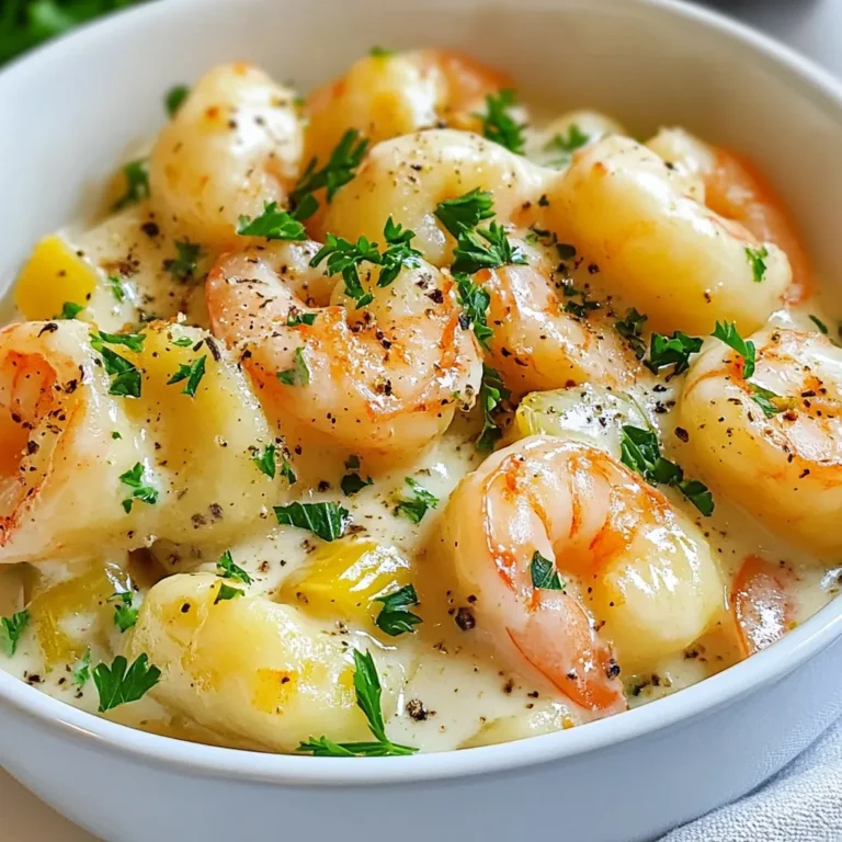 To make creamy Cajun shrimp gnocchi, you will need: - 1 pound shrimp, peeled and deveined - 1 pound potato gnocchi - 2 tablespoons olive oil - 3 cloves garlic, minced - 1 small onion, diced - 1 green bell pepper, diced - 1 cup heavy cream - 1 cup chicken broth - 2 teaspoons Cajun seasoning - 1 teaspoon smoked paprika - Salt and pepper to taste - 1/4 cup grated Parmesan cheese - 2 tablespoons fresh parsley, chopped (for garnish) You can swap some ingredients to suit your taste or what you have. - Use shrimp alternatives like chicken or tofu. - For gnocchi, try pasta or rice. - Use vegetable broth instead of chicken broth for a vegan version. - Replace heavy cream with coconut milk for a lighter option. - If you’re out of Cajun seasoning, mix paprika, garlic powder, and cayenne. Quality matters in this dish. Here are some tips: - Choose fresh shrimp for the best flavor. Look for shrimp with a mild ocean scent. - Select gnocchi made from quality ingredients. Fresh gnocchi tastes better than dried. - Use good olive oil to enhance the dish's richness. - Fresh herbs brighten the flavor. Always use fresh parsley when possible. - Invest in high-quality Parmesan cheese. It melts beautifully and adds depth to your sauce. {{ingredient_image_1}} First, grab a pot of water. Bring it to a boil. Add salt to the water for flavor. Then, add one pound of potato gnocchi. Cook them until they float. This takes about two to three minutes. When they float, they are done. Drain the gnocchi and set them aside. Now, take a large skillet. Heat two tablespoons of olive oil over medium heat. Add one small diced onion and one diced green bell pepper. Sauté them for about four to five minutes. They should become soft. Next, add three cloves of minced garlic. Cook for one more minute. The garlic will smell great! Add one pound of peeled and deveined shrimp. Sprinkle with two teaspoons of Cajun seasoning and one teaspoon of smoked paprika. Cook the shrimp for about three to four minutes. They will turn pink and opaque. Pour in one cup of chicken broth and bring it to a simmer. Reduce the heat to low. Now, stir in one cup of heavy cream. Let it simmer for about five minutes. This allows the sauce to thicken. Next, add the cooked gnocchi to the skillet. Toss everything well to coat the gnocchi in the creamy sauce. Stir in a quarter cup of grated Parmesan cheese. Season with salt and pepper to taste. Heat everything through for another two to three minutes. Remove from heat. Garnish with two tablespoons of chopped fresh parsley. Serve warm and enjoy your creamy Cajun shrimp gnocchi! To make a great creamy sauce, start with the right base. Use heavy cream for richness. Combine it slowly with chicken broth. This adds flavor and keeps the sauce smooth. Always let it simmer to thicken. Stir in Parmesan cheese last for depth. If it seems too thick, add more broth. This keeps it light and enjoyable. When cooking shrimp, timing is key. Cook them just until they turn pink. Overcooked shrimp become tough and rubbery. Use medium heat for even cooking. Add Cajun seasoning early to let the shrimp soak it up. This gives a bold flavor. Don't crowd the pan; give shrimp space to cook. For a great presentation, use shallow bowls. Place the creamy Cajun shrimp gnocchi in the center. Garnish with parsley for color and freshness. Add a sprinkle of Parmesan on top for a touch of elegance. This not only looks good but also enhances the taste. Serve with crusty bread to soak up the sauce. Enjoy this dish with a crisp salad for balance. Pro Tips Perfectly Cooked Shrimp: To ensure your shrimp are tender and juicy, avoid overcooking them. They should only take about 3-4 minutes to turn pink and opaque. Homemade Cajun Seasoning: For a fresher flavor, consider making your own Cajun seasoning. Combine paprika, cayenne pepper, garlic powder, onion powder, thyme, and oregano for a custom spice blend. Gnocchi Cooking Tip: When cooking gnocchi, make sure to salt the water generously. This adds flavor to the gnocchi as they cook and enhances the overall dish. Garnish for Presentation: For a vibrant finish, add a squeeze of lemon juice over the dish before serving. It brightens the flavors and adds a beautiful touch to the presentation. {{image_2}} You can add many vegetables to this dish for more flavor and nutrition. Great options include spinach, kale, or cherry tomatoes. Simply toss them in when you sauté the onions and peppers. This adds color and bites of freshness. If shrimp isn't your thing, you can use chicken or sausage instead. For chicken, cut it into small pieces and cook it until brown. For sausage, slice it and add it with the shrimp. Both choices will still soak up the creamy sauce well. You can change the Cajun seasoning for other spices. Try Italian herbs for a different taste or chili powder for more heat. Each change can give the dish a new twist while keeping it creamy and delicious. To store your creamy Cajun shrimp gnocchi, place it in an airtight container. Make sure the dish cools down to room temperature before sealing. Store it in the fridge for up to three days. This way, you can enjoy it later without losing flavor or texture. When you are ready to eat, reheat the gnocchi on the stove. Place it in a skillet over low heat. Add a splash of chicken broth or cream to keep it moist. Stir gently until it warms up. You can also microwave it in a bowl. Use short bursts of heat, stirring in between to avoid uneven heating. You can freeze creamy Cajun shrimp gnocchi for up to two months. First, let it cool completely. Then, transfer it to a freezer-safe container. Make sure to leave some space at the top, as the sauce may expand. When ready to eat, thaw it in the fridge overnight before reheating. This will help keep the flavors intact. Yes, you can use frozen shrimp. Just thaw them first. Place the shrimp in cold water for quick thawing. This helps keep them fresh. Frozen shrimp work well in this dish. They absorb the Cajun flavors nicely. Absolutely! Creamy Cajun shrimp gnocchi is perfect for meal prep. You can make it ahead of time. Store it in an airtight container in the fridge. It stays good for about three days. Reheat it on the stove or in the microwave. Just add a little water or broth to keep it creamy. You can serve this dish with a simple side salad. A green salad adds a nice crunch. Garlic bread is another great choice. It pairs well with the creamy sauce. You could also add some steamed veggies for color and nutrition. This blog post covered ingredients, step-by-step cooking, tips, variations, and storage for creamy Cajun shrimp gnocchi. You learned about high-quality ingredients and substitutes. I shared cooking techniques for perfecting the sauce and shrimp. You can even explore fun variations or meal prep ideas. Remember, cooking is all about creativity and joy. Enjoy making this dish and share it with friends.