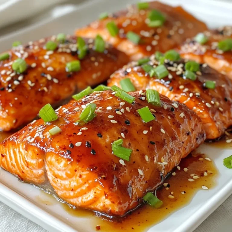 - 4 salmon fillets (6 ounces each) - 1/4 cup soy sauce (low sodium recommended) - 1/4 cup honey - 2 tablespoons sesame oil - 2 cloves garlic, minced - 1 teaspoon fresh ginger, grated - 1 tablespoon rice vinegar - 1 tablespoon green onions, chopped (for garnish) - 1 teaspoon sesame seeds (for garnish) - Salt and pepper to taste To make Sweet Soy Glazed Salmon, you need fresh salmon fillets. I like using wild-caught salmon for the best flavor. Low sodium soy sauce gives the dish a nice, balanced taste without being too salty. Honey adds a sweet touch that pairs well with the salty soy sauce. Sesame oil brings a nutty flavor to the glaze while minced garlic and grated ginger add depth. Rice vinegar brightens the dish and cuts through the richness of the salmon. For garnish, I use chopped green onions and sesame seeds, which add texture and visual appeal. With these ingredients, you create a flavorful, easy meal that impresses everyone at the table. You can find all these items at your local grocery store. Feel free to adjust the amounts to suit your taste. Enjoy cooking! {{ingredient_image_1}} First, grab a medium bowl. In this bowl, whisk together the soy sauce, honey, sesame oil, minced garlic, grated ginger, and rice vinegar. Mix until everything blends well. This mix is your marinade, full of flavor. Next, take your salmon fillets and place them in a shallow dish or resealable plastic bag. Pour the marinade over the salmon, making sure each fillet is well-coated. Cover or seal the dish and put it in the refrigerator. Let it marinate for at least 30 minutes. For an even richer taste, you can marinate up to 2 hours. Now, it's time to bake. Preheat your oven to 400°F (200°C). While the oven heats up, prepare your baking sheet. You can line it with parchment paper or lightly grease it to keep the salmon from sticking. After marinating, take the salmon out of the fridge. Remove excess marinade and place the fillets skin-side down on the baking sheet. Lightly season each fillet with salt and pepper. Bake in the oven for 12-15 minutes. Check if the salmon flakes easily with a fork. This means it’s cooked just right. While the salmon bakes, pour the leftover marinade into a small saucepan. Bring it to a simmer over medium heat. Cook for about 5-7 minutes, until it thickens slightly. Once your salmon is done, drizzle this thickened glaze over the fillets. For the final touch, garnish with chopped green onions and sesame seeds. This makes your dish look beautiful and adds extra flavor. Enjoy your Sweet Soy Glazed Salmon! For the best flavor, marinate your salmon for at least 30 minutes. If you have more time, two hours is even better. This lets the flavors soak in deeply. Adjust the marinade to suit your taste. Want it sweeter? Add more honey. Prefer it saltier? A bit more soy sauce will do the trick. You can cook your salmon in different ways. Besides baking, try grilling or pan-searing. Grilling gives a smoky flavor, while pan-searing adds a nice crust. To check if the salmon is done, use a fork. It should flake easily and look opaque throughout. Pair your salmon with simple sides. Steamed rice or roasted vegetables work great. You can also serve it over a bed of greens for a fresh touch. For style, plate the salmon nicely and drizzle the glaze over it. Add a sprinkle of green onions and sesame seeds for a pop of color. Pro Tips Marination Time: For a deeper flavor, marinate the salmon for up to 2 hours. This allows the flavors to penetrate the fish more thoroughly. Oven Temperature: Ensure your oven is fully preheated to 400°F (200°C) for even cooking and to achieve that perfect flaky texture. Sauce Thickness: Simmer the remaining marinade until it thickens to create a more concentrated flavor for drizzling over the salmon. Serving Suggestions: Pair the salmon with steamed rice or sautéed vegetables for a complete meal that complements the sweet and savory flavors. {{image_2}} You can easily swap salmon for other fish. Try using cod, trout, or tilapia. These fish will still soak up the sweet soy glaze well. Each will give a different twist to your dish. For sweeteners, honey is great, but you can use maple syrup or agave nectar. Both will add a unique flavor. You can also try brown sugar for a richer taste. Each swap will change the final flavor slightly, so feel free to experiment! Want to spice things up? Add some chili flakes or fresh chopped chili to the glaze. This will give your salmon a nice kick! Adjust the amount based on your heat preference. You can also add different herbs and spices to enhance the flavor. Try fresh basil, cilantro, or even mint. Each herb brings its own taste and aroma. Experiment to find your favorite combination! For sweet soy glazed salmon, I recommend storing leftovers in the fridge for 3 days. This keeps the fish fresh and safe to eat. Use an airtight container to keep out air and moisture. Place a piece of parchment paper between the salmon and the lid if it’s still warm. This will help prevent sogginess. When you want to eat it again, simply reheat gently to avoid overcooking. You can freeze cooked salmon for up to 3 months. To do this, wrap each fillet tightly in plastic wrap. Then, place the wrapped fillets in a freezer bag. Make sure to remove as much air as possible. When you're ready to enjoy it, thaw salmon in the fridge overnight. This keeps it safe and helps maintain its flavor. After thawing, reheat gently on the stove or in the oven until warm. You can pair sweet soy glazed salmon with tasty side dishes. Here are some great options: - Steamed rice: White or brown rice absorbs the sauce well. - Quinoa: This adds a nutty flavor and is full of protein. - Roasted vegetables: Try broccoli, carrots, or asparagus for color and crunch. - Salad: A light green salad with a citrus dressing complements the salmon. - Noodles: Asian-style noodles can add a nice twist. These sides will balance the sweet glaze and enhance your meal. Yes, you can marinate the salmon overnight. This gives the fish more time to soak up the flavors. Just remember a few things: - Use a glass or plastic container to avoid reactions. - Keep it in the fridge to stay safe. - If you marinate for too long, the fish can become mushy. Aim for 8 hours max. This time allows the garlic and ginger to really shine. Look for a few signs to know when your salmon is done: - Color: The salmon should change from bright pink to a pale pink or orange. - Flakiness: Use a fork to gently press down. It should flake easily. - Temperature: The internal temperature should reach 145°F (63°C). Checking these signs ensures you serve a perfectly cooked salmon. This blog post covered all you need for Sweet Soy Glazed Salmon. We looked at key ingredients, step-by-step cooking methods, and helpful tips. You learned how to perfect your marinade and pick sides that enhance your meal. Don’t forget about variations and storage tips for leftovers. Enjoy the taste and feel free to experiment. Your delicious salmon experience starts now!