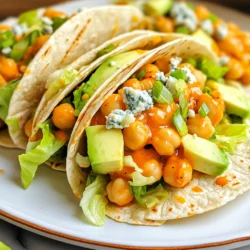- 1 can (15 oz) chickpeas, drained and rinsed - 2 tablespoons olive oil - 1/4 cup buffalo sauce - 1 tablespoon apple cider vinegar - 1 tablespoon maple syrup - 1/2 teaspoon garlic powder - 1/2 teaspoon smoked paprika - Salt and pepper to taste - 1 cup shredded lettuce - 1 ripe avocado, sliced - 4 whole grain wraps or tortillas - 1/2 cup crumbled blue cheese (optional) - 1/4 cup chopped green onions for garnish Gathering the right ingredients is key for great Buffalo Chickpea Wraps. Start with a can of chickpeas. Drain and rinse them well to remove extra salt. This step helps keep the wraps fresh. You’ll need some olive oil to cook the chickpeas. The buffalo sauce gives the wraps a spicy kick. Apple cider vinegar adds a tangy note, and maple syrup balances the heat with sweetness. Don’t forget garlic powder and smoked paprika. They add depth to the flavor. Use salt and pepper to your taste; they bring everything together. For the crunch, shredded lettuce works perfectly. A ripe avocado adds creaminess, and whole grain wraps hold everything nicely. If you like cheese, crumbled blue cheese is a great option. It adds a rich, salty flavor. Finally, green onions add a fresh touch to the wraps. These ingredients combine to make a tasty and satisfying meal. {{ingredient_image_1}} To start, drain and rinse the chickpeas. In a medium bowl, mash them lightly with a fork or potato masher. Aim for a mix of smooth and whole chickpeas. This gives the wrap a nice texture. Leaving some whole chickpeas helps add a bite to each wrap. You want a delightful crunch among the creamy mashed chickpeas. Heat a skillet over medium heat. Add the olive oil and then the mashed chickpeas. Stir in the buffalo sauce, apple cider vinegar, maple syrup, garlic powder, smoked paprika, salt, and pepper. Cook the mixture for about 5 to 7 minutes. Stir occasionally to ensure even heating. The goal is to get everything warm and slightly caramelized. This brings out the flavors and makes the chickpeas taste amazing. Lay out the whole grain wraps on a clean surface. In the center of each wrap, start layering your ingredients. First, add a handful of shredded lettuce. Next, spoon in the buffalo chickpea mixture. Then, add slices of avocado and crumbled blue cheese if you want that tangy flavor. Layering these ingredients gives each bite a burst of flavor. To wrap the chickpeas securely, fold the sides of the wrap inward. Then, roll from the bottom up. This keeps everything tucked inside. Make sure the wrap is tight, so none of the filling falls out. Repeat this with the rest of the wraps. To serve, slice each wrap in half diagonally. This makes for a better presentation. You can also garnish with chopped green onions on top for a pop of color and flavor. These small touches make your wraps look and taste great! To make your chickpea mix just right, start by adjusting the spice levels. If you love heat, add more buffalo sauce. If you prefer it mild, hold back. You can always taste and tweak as you go. To enhance your flavors, add a touch of garlic powder. Smoked paprika gives a nice depth, too. Mixing in the apple cider vinegar adds a zing. Don’t forget to mash the chickpeas lightly. This keeps some whole for great texture. When it comes to wraps, we want to avoid soggy ones. To do this, place your fillings in the center. Start with the lettuce. This creates a barrier against moisture from the chickpeas or avocado. For a creative folding technique, tuck in the sides first. Then roll from the bottom up. This keeps everything secure and makes a neat wrap. Practice makes perfect! Pair your wraps with a fresh salad. A simple green salad with light dressing does wonders. You can add cherry tomatoes and cucumbers for crunch. Dipping sauces can also boost your meal. Try ranch or a creamy avocado dip. Both add a nice touch to the spicy wraps. Pro Tips Use Fresh Ingredients: Opt for fresh lettuce and ripe avocados for the best flavor and texture in your wraps. Adjust Spice Level: Modify the amount of buffalo sauce according to your heat preference; add more for an extra kick! Make It Vegan: Skip the blue cheese or use a plant-based alternative to keep the wraps vegan-friendly. Meal Prep Friendly: Prepare the buffalo chickpea mixture in advance and store it in the fridge for quick assembly during busy days. {{image_2}} If you want a vegan option, skip the blue cheese. You can use cashew cheese instead. It adds creaminess and flavor without the dairy. Try blending soaked cashews with lemon juice, nutritional yeast, and garlic. This mix creates a tasty cheese substitute. To make your wrap gluten-free, choose gluten-free tortillas. There are many brands available now. You can also use lettuce leaves instead of wraps. Large romaine or collard greens work well. They add a fresh crunch. Want to add more veggies? Try sliced cucumbers or shredded carrots. They give extra crunch and nutrients. You can also add roasted red peppers for a sweet touch. For sauces, experiment with ranch or tahini. They both complement the buffalo flavor nicely. Adding a drizzle of hot sauce can also elevate the spice level! To store leftover wraps, wrap them tightly in plastic wrap or foil. Place them in an airtight container. This keeps them fresh and prevents drying out. You can store them in the fridge for up to three days. For freezing, I recommend separating the components. Freeze the chickpea mixture in a freezer-safe bag. Wrap the tortillas in foil and place them in the freezer too. For the best results, thaw the chickpea mixture in the fridge overnight before reheating. You can microwave or heat it in a skillet. Enjoy your wraps fresh and tasty even after freezing! Yes, you can use both. Canned chickpeas are ready to use. Just drain and rinse them. Dried chickpeas need more time. You must soak them overnight and then cook them until soft. This can take a few hours. Canned chickpeas save time and work well in this recipe. Buffalo sauce is great, but you can try others, too. Here are some tasty options: - BBQ sauce for a sweet and smoky flavor - Ranch dressing for a creamy touch - Hummus for a smooth, savory spread - Sriracha for extra heat Feel free to mix and match to find your favorite! To add heat, you can do a few things. Use more buffalo sauce or add a pinch of cayenne pepper. You can also try these spice blends: - Chili powder for a smoky kick - Red pepper flakes for a burst of heat - Hot sauce mixed in for extra flavor Adjust the spice to match your taste! To wrap up, this blog post shared all you need for tasty Buffalo Chickpea Wraps. You learned the key ingredients, step-by-step cooking tips, and useful assembly tricks. We also covered storage ideas and fun variations to suit your taste. Enjoying these wraps at home is simple and fun. You can mix flavors and make them your own. Try these wraps today for a healthy and satisfying meal. Your taste buds will thank you!