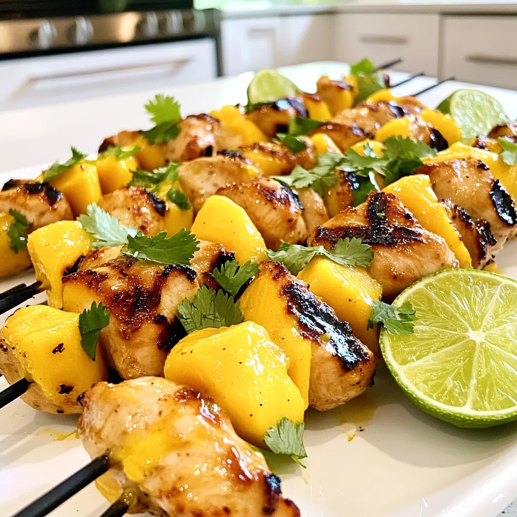 - 1 pound boneless, skinless chicken breast, cut into 1-inch cubes - 1 ripe mango, pureed (about 1 cup) - 1/4 cup lime juice (about 3 limes) - 2 tablespoons honey - 1 tablespoon olive oil - 2 cloves garlic, minced - 1 teaspoon ground cumin - 1 teaspoon paprika - Salt and pepper, to taste For this recipe, you need fresh chicken and ripe mango. The chicken gives a nice base, while the mango adds sweetness. Lime juice brings a bright tang. Honey adds a hint of caramel flavor. Garlic, cumin, and paprika give depth and warmth. Adjust salt and pepper to your taste for the perfect seasoning. - Fresh cilantro for garnish - Extra mango puree for drizzling - Lime wedges These garnishes enhance the dish's look and taste. Fresh cilantro adds a pop of color and freshness. Extra mango puree makes the skewers even sweeter. Lime wedges give a zesty kick when squeezed on top. - Skewers (wooden or metal) - Grill or grill pan - Large mixing bowl - Whisk or spoon for mixing You will need skewers to hold the chicken. Wooden skewers should soak in water before grilling. A grill or grill pan cooks the chicken evenly. Use a large bowl to mix the marinade well. A whisk or spoon helps blend all the flavors together. To start, grab a large bowl. In this bowl, mix the pureed mango and lime juice. Add the honey, olive oil, minced garlic, cumin, and paprika. Sprinkle in some salt and pepper. Stir everything well. This marinade will give your chicken a fresh and zesty taste. Next, cut the chicken breast into 1-inch cubes. Place these cubes in the bowl with the marinade. Toss the chicken until each piece is covered. Cover the bowl with plastic wrap. Let it sit in the refrigerator for at least 30 minutes. If you have more time, marinate it for up to 2 hours. This helps the chicken absorb the flavors. While the chicken marinates, preheat your grill or grill pan over medium-high heat. If you're using wooden skewers, soak them in water for about 15 minutes. This step stops them from burning on the grill. After marinating, thread the chicken onto the skewers. Leave a little space between each piece. Now, place the skewers on the hot grill. Cook them for 12 to 15 minutes. Turn them often for even cooking. The chicken should reach an internal temperature of 165°F (75°C). When they are done, take them off the grill. Let them rest for a few minutes before you serve. Enjoy the bright flavors! To get the best flavor, marinate the chicken for at least 30 minutes. I often let it sit for up to 2 hours. This extra time allows the chicken to soak up all the flavors. Use a large bowl to mix the marinade. Make sure all the chicken pieces are well coated. If you can, use a zip-top bag. This makes it easier to cover the chicken evenly. Preheat your grill to medium-high heat. This helps to seal in the juices. Soak wooden skewers in water for about 15 minutes. This prevents them from burning. When grilling, turn the skewers every few minutes. This helps the chicken cook evenly and get nice grill marks. Aim for an internal temperature of 165°F (75°C) for safe eating. Serve the skewers on a large platter for a nice display. Add fresh cilantro and lime wedges for color. A drizzle of extra mango puree on top looks great too. It adds flavor and makes the dish pop. This way, your guests will be impressed before they even take a bite! {{image_2}} You can switch out chicken for other meats. Try pork or shrimp for a new taste. Both options work great with the mango lime marinade. You can use a pound of pork tenderloin cut into cubes or large shrimp. Adjust the cooking time for shrimp to about 8-10 minutes. If you prefer a meatless meal, try using tofu or tempeh. Press the tofu to remove extra water, then cut it into cubes. Marinate it just like chicken. For tempeh, steam it for 10 minutes before marinating. Both options absorb flavors well and grill nicely. You can boost the flavor with extra spices or herbs. Try adding fresh cilantro or a pinch of chili powder to the marinade. You can also use fresh ginger for a zesty twist. For a smoky flavor, add a dash of smoked paprika. These small changes can make your skewers even more exciting! After enjoying your mango lime chicken skewers, let any leftovers cool down. Place them in an airtight container. Store the container in the fridge for up to three days. If you want to keep them longer, freezing is a great option. To reheat, use your oven or a microwave. For the oven, preheat it to 350°F (175°C). Place the skewers on a baking sheet and cover with foil. Heat for about 10-15 minutes, or until warm. In the microwave, place the skewers on a microwave-safe plate. Heat for 1-2 minutes, checking that they are warm throughout. To freeze, wrap each skewer in plastic wrap. Then, place them in a freezer bag. Squeeze out as much air as you can before sealing. You can freeze the skewers for up to two months. When ready to eat, thaw in the fridge overnight before reheating. You should marinate the chicken for at least 30 minutes. This time lets the flavors blend well. If you want more taste, marinate it for up to 2 hours. Longer marinating makes the chicken juicier and more flavorful. Yes, you can use other fruits! Pineapple, peach, or even orange work well. These fruits add a unique taste and keep the chicken moist. Just ensure the fruit is ripe for the best flavor. You can serve the skewers with rice, salad, or grilled veggies. A fresh cilantro lime rice pairs nicely. You can also add a tangy dipping sauce for extra flavor. Try a yogurt sauce or a simple lime vinaigrette. Yes, you can make these skewers in the oven! Preheat your oven to 400°F (200°C). Place the skewers on a baking sheet lined with foil. Bake for 15-20 minutes, turning them halfway through. Check that the chicken reaches 165°F (75°C) for safety. This blog post covers everything you need for perfect mango lime chicken skewers. You learned about key ingredients, marinating tips, and how to grill like a pro. We also explored variations to fit different diets and how to store your leftovers for later use. In summary, these skewers are not only easy to make, but also packed with flavor. Enjoy these tasty treats at your next meal or gathering!