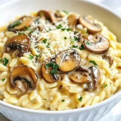 To make creamy mushroom orzo, you will need: - 1 cup orzo pasta - 2 cups vegetable broth - 1 cup mushrooms (cremini or button), sliced - 1 small onion, finely chopped - 3 cloves garlic, minced - 1 cup heavy cream - 1/2 cup grated Parmesan cheese - 2 tablespoons olive oil - 1 teaspoon thyme - Salt and pepper to taste - Fresh parsley, chopped (for garnish) For the best flavor, I suggest using: - Barilla for orzo pasta, as it cooks evenly. - Better Than Bouillon for vegetable broth for rich taste. - Organic Valley for heavy cream, as it’s fresh and creamy. - BelGioioso for Parmesan cheese, which has a great sharpness. You can easily change this recipe to fit your needs: - Use gluten-free orzo if you want a gluten-free dish. - Swap heavy cream for coconut milk for a dairy-free version. - Nutritional yeast can replace Parmesan for a vegan option. - Any mushrooms you prefer will work, such as shiitake or portobello. {{ingredient_image_1}} Gather your ingredients before you start. Here’s what you need: - 1 cup orzo pasta - 2 cups vegetable broth - 1 cup mushrooms (cremini or button), sliced - 1 small onion, finely chopped - 3 cloves garlic, minced - 1 cup heavy cream - 1/2 cup grated Parmesan cheese - 2 tablespoons olive oil - 1 teaspoon thyme - Salt and pepper to taste - Fresh parsley, chopped (for garnish) Having everything ready makes cooking smooth and fun. Chop your onion and garlic first. Slice the mushrooms next. Start by warming the vegetable broth in a medium saucepan over low heat. This keeps it ready for the orzo. In a large skillet, heat the olive oil over medium heat. Add the chopped onion. Cook until it is soft, about 3-4 minutes. Next, stir in the minced garlic and sliced mushrooms. Cook for 5-7 minutes until they are tender and brown. Now, add the orzo to the skillet. Stir to mix all the flavors. Toast the orzo lightly for 2-3 minutes. This step adds depth to the dish. Gradually pour in the warm vegetable broth, one ladle at a time. Stir constantly. Wait for the orzo to absorb the broth before adding more. This will take about 15-20 minutes. When the orzo is creamy and cooked, lower the heat. Stir in the heavy cream, grated Parmesan, thyme, salt, and pepper. Mix well until everything is warm and combined. Taste and adjust the seasoning if needed. Remove the skillet from the heat. For serving, use shallow bowls. Garnish with chopped parsley and sprinkle extra Parmesan on top. This adds a lovely touch to your dish. Enjoy your creamy mushroom orzo! To get a creamy texture, use heavy cream. It adds richness that makes this dish shine. Stir the cream in slowly at low heat. This helps it blend well with the orzo. Also, keep stirring as the orzo cooks. This keeps it from sticking and helps it absorb the broth. One common mistake is adding all the broth at once. This can lead to mushy orzo. Instead, add it a little at a time. Let the orzo soak up the liquid before adding more. Another mistake is cooking the mushrooms too quickly. Take your time and let them brown. This brings out their flavor. Finally, don’t skip the seasoning. A pinch of salt and pepper can make a big difference! Use a large skillet for cooking the orzo. A non-stick skillet works best for easy stirring. A wooden spoon is great for mixing, as it won’t scratch your pan. Have a ladle on hand to pour in the broth. Lastly, a sharp knife will help you chop onions and garlic easily. These tools make the cooking process smooth and fun! Pro Tips Use Fresh Mushrooms: Fresh mushrooms will provide a better texture and flavor compared to canned mushrooms. Always opt for cremini or button mushrooms for the best results. Add Flavor with Broth: Using a high-quality vegetable broth enhances the overall flavor of the dish. You can also try using homemade broth for an even richer taste. Perfect Creaminess: To achieve the perfect creamy texture, add the heavy cream gradually and allow it to heat gently without boiling, which can cause it to separate. Garnish for Color: Fresh parsley not only adds a vibrant color to the dish but also a fresh flavor. You can also sprinkle some red pepper flakes for a hint of heat. {{image_2}} You can boost the flavor and nutrition of creamy mushroom orzo with easy add-ins. Try adding: - Spinach or kale for green goodness - Peas or carrots for sweetness and color - Sun-dried tomatoes for a tangy kick - Cooked chicken or shrimp for protein These ingredients mix well with the rich cream and mushrooms. They add texture and nutrients without much effort. If you want a vegan or dairy-free dish, it's simple to adapt. Use: - Coconut milk or cashew cream instead of heavy cream - Nutritional yeast for a cheesy flavor without dairy - Vegan Parmesan cheese to keep it plant-based These swaps keep the dish creamy and flavorful. You'll enjoy the same great taste while staying within your dietary needs. Orzo is great, but other pasta types can give you different textures. Consider using: - Quinoa for a gluten-free option - Brown rice pasta for a hearty feel - Barley for a chewy texture Each choice adds a unique taste and mouthfeel. You can switch it up each time you make the dish. Enjoy discovering your favorite version! After you cook creamy mushroom orzo, let it cool. Place it in an airtight container. Make sure to seal it well to keep it fresh. Store it in the fridge for up to three days. The cream may thicken as it cools, but a splash of broth can fix that. If you want to save orzo for later, freezing is a good option. Portion it into freezer-safe bags. Remove as much air as possible before sealing. You can freeze it for about two months. To reheat, thaw it in the fridge overnight. Warm it gently in a pan, adding a bit of broth to bring back its creamy texture. For the best taste, use the creamy mushroom orzo within three days in the fridge. If frozen, aim to eat it within two months. After that, the flavors may fade. Always check the smell and look before eating. If it seems off, it's best to toss it. Orzo is a small pasta shaped like rice. It cooks quickly and adds a nice texture to dishes. To make creamy mushroom orzo, cook orzo in broth. Stir it often to help it absorb flavors. As it cooks, it becomes creamy. This dish uses simple ingredients for a rich taste. Yes, you can use many types of mushrooms. Cremini and button mushrooms work well. You can also try shiitake or portobello for a bolder flavor. Each type adds its own taste and texture. Mix them up to create your perfect dish! You can use alternatives like coconut milk or cashew cream. These options still give a creamy texture. Simply replace heavy cream with your choice. Add it in the same step to keep the flavors rich. You can also use a bit of cheese for added creaminess. In this post, we covered key ingredients for creamy mushroom orzo, including brands and swaps. I shared step-by-step instructions to prepare this dish, along with tips for creamy texture and common mistakes. You learned about tasty variations and smart storage tips to keep your meal fresh. I hope these insights help you create a delicious orzo dish. Enjoy cooking and experimenting with it!