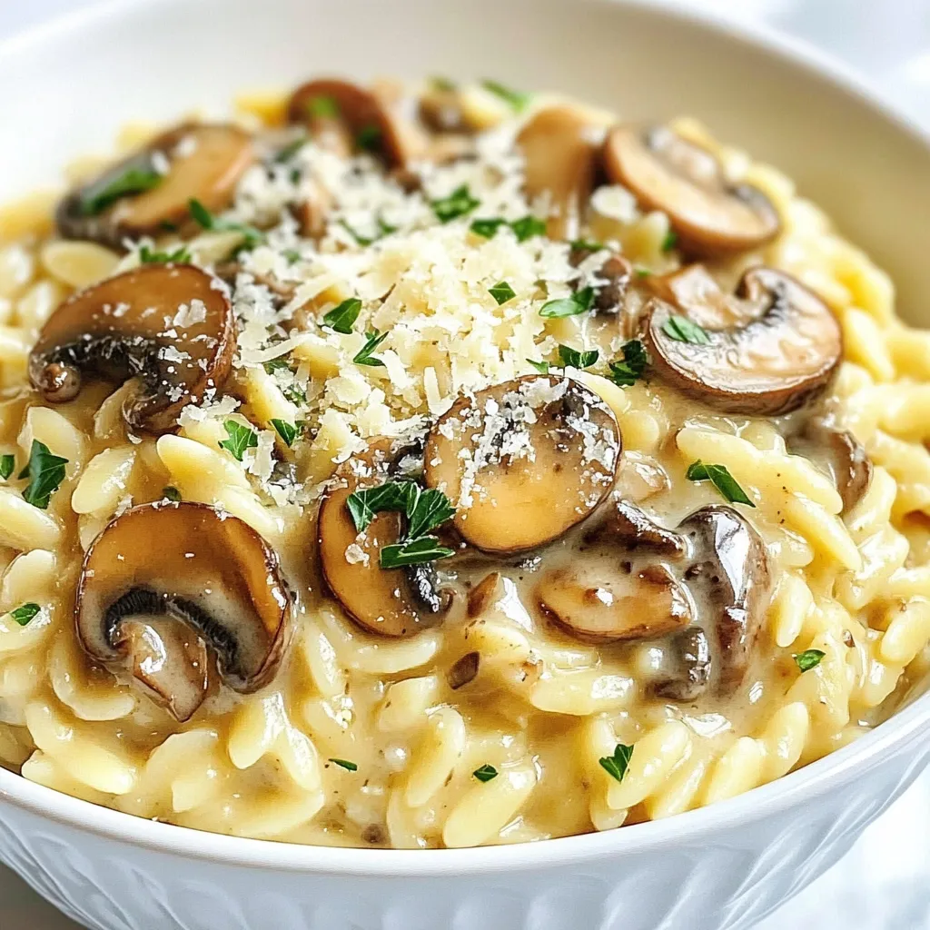 To make creamy mushroom orzo, you will need: - 1 cup orzo pasta - 2 cups vegetable broth - 1 cup mushrooms (cremini or button), sliced - 1 small onion, finely chopped - 3 cloves garlic, minced - 1 cup heavy cream - 1/2 cup grated Parmesan cheese - 2 tablespoons olive oil - 1 teaspoon thyme - Salt and pepper to taste - Fresh parsley, chopped (for garnish) For the best flavor, I suggest using: - Barilla for orzo pasta, as it cooks evenly. - Better Than Bouillon for vegetable broth for rich taste. - Organic Valley for heavy cream, as it’s fresh and creamy. - BelGioioso for Parmesan cheese, which has a great sharpness. You can easily change this recipe to fit your needs: - Use gluten-free orzo if you want a gluten-free dish. - Swap heavy cream for coconut milk for a dairy-free version. - Nutritional yeast can replace Parmesan for a vegan option. - Any mushrooms you prefer will work, such as shiitake or portobello. {{ingredient_image_1}} Gather your ingredients before you start. Here’s what you need: - 1 cup orzo pasta - 2 cups vegetable broth - 1 cup mushrooms (cremini or button), sliced - 1 small onion, finely chopped - 3 cloves garlic, minced - 1 cup heavy cream - 1/2 cup grated Parmesan cheese - 2 tablespoons olive oil - 1 teaspoon thyme - Salt and pepper to taste - Fresh parsley, chopped (for garnish) Having everything ready makes cooking smooth and fun. Chop your onion and garlic first. Slice the mushrooms next. Start by warming the vegetable broth in a medium saucepan over low heat. This keeps it ready for the orzo. In a large skillet, heat the olive oil over medium heat. Add the chopped onion. Cook until it is soft, about 3-4 minutes. Next, stir in the minced garlic and sliced mushrooms. Cook for 5-7 minutes until they are tender and brown. Now, add the orzo to the skillet. Stir to mix all the flavors. Toast the orzo lightly for 2-3 minutes. This step adds depth to the dish. Gradually pour in the warm vegetable broth, one ladle at a time. Stir constantly. Wait for the orzo to absorb the broth before adding more. This will take about 15-20 minutes. When the orzo is creamy and cooked, lower the heat. Stir in the heavy cream, grated Parmesan, thyme, salt, and pepper. Mix well until everything is warm and combined. Taste and adjust the seasoning if needed. Remove the skillet from the heat. For serving, use shallow bowls. Garnish with chopped parsley and sprinkle extra Parmesan on top. This adds a lovely touch to your dish. Enjoy your creamy mushroom orzo! To get a creamy texture, use heavy cream. It adds richness that makes this dish shine. Stir the cream in slowly at low heat. This helps it blend well with the orzo. Also, keep stirring as the orzo cooks. This keeps it from sticking and helps it absorb the broth. One common mistake is adding all the broth at once. This can lead to mushy orzo. Instead, add it a little at a time. Let the orzo soak up the liquid before adding more. Another mistake is cooking the mushrooms too quickly. Take your time and let them brown. This brings out their flavor. Finally, don’t skip the seasoning. A pinch of salt and pepper can make a big difference! Use a large skillet for cooking the orzo. A non-stick skillet works best for easy stirring. A wooden spoon is great for mixing, as it won’t scratch your pan. Have a ladle on hand to pour in the broth. Lastly, a sharp knife will help you chop onions and garlic easily. These tools make the cooking process smooth and fun! Pro Tips Use Fresh Mushrooms: Fresh mushrooms will provide a better texture and flavor compared to canned mushrooms. Always opt for cremini or button mushrooms for the best results. Add Flavor with Broth: Using a high-quality vegetable broth enhances the overall flavor of the dish. You can also try using homemade broth for an even richer taste. Perfect Creaminess: To achieve the perfect creamy texture, add the heavy cream gradually and allow it to heat gently without boiling, which can cause it to separate. Garnish for Color: Fresh parsley not only adds a vibrant color to the dish but also a fresh flavor. You can also sprinkle some red pepper flakes for a hint of heat. {{image_2}} You can boost the flavor and nutrition of creamy mushroom orzo with easy add-ins. Try adding: - Spinach or kale for green goodness - Peas or carrots for sweetness and color - Sun-dried tomatoes for a tangy kick - Cooked chicken or shrimp for protein These ingredients mix well with the rich cream and mushrooms. They add texture and nutrients without much effort. If you want a vegan or dairy-free dish, it's simple to adapt. Use: - Coconut milk or cashew cream instead of heavy cream - Nutritional yeast for a cheesy flavor without dairy - Vegan Parmesan cheese to keep it plant-based These swaps keep the dish creamy and flavorful. You'll enjoy the same great taste while staying within your dietary needs. Orzo is great, but other pasta types can give you different textures. Consider using: - Quinoa for a gluten-free option - Brown rice pasta for a hearty feel - Barley for a chewy texture Each choice adds a unique taste and mouthfeel. You can switch it up each time you make the dish. Enjoy discovering your favorite version! After you cook creamy mushroom orzo, let it cool. Place it in an airtight container. Make sure to seal it well to keep it fresh. Store it in the fridge for up to three days. The cream may thicken as it cools, but a splash of broth can fix that. If you want to save orzo for later, freezing is a good option. Portion it into freezer-safe bags. Remove as much air as possible before sealing. You can freeze it for about two months. To reheat, thaw it in the fridge overnight. Warm it gently in a pan, adding a bit of broth to bring back its creamy texture. For the best taste, use the creamy mushroom orzo within three days in the fridge. If frozen, aim to eat it within two months. After that, the flavors may fade. Always check the smell and look before eating. If it seems off, it's best to toss it. Orzo is a small pasta shaped like rice. It cooks quickly and adds a nice texture to dishes. To make creamy mushroom orzo, cook orzo in broth. Stir it often to help it absorb flavors. As it cooks, it becomes creamy. This dish uses simple ingredients for a rich taste. Yes, you can use many types of mushrooms. Cremini and button mushrooms work well. You can also try shiitake or portobello for a bolder flavor. Each type adds its own taste and texture. Mix them up to create your perfect dish! You can use alternatives like coconut milk or cashew cream. These options still give a creamy texture. Simply replace heavy cream with your choice. Add it in the same step to keep the flavors rich. You can also use a bit of cheese for added creaminess. In this post, we covered key ingredients for creamy mushroom orzo, including brands and swaps. I shared step-by-step instructions to prepare this dish, along with tips for creamy texture and common mistakes. You learned about tasty variations and smart storage tips to keep your meal fresh. I hope these insights help you create a delicious orzo dish. Enjoy cooking and experimenting with it!