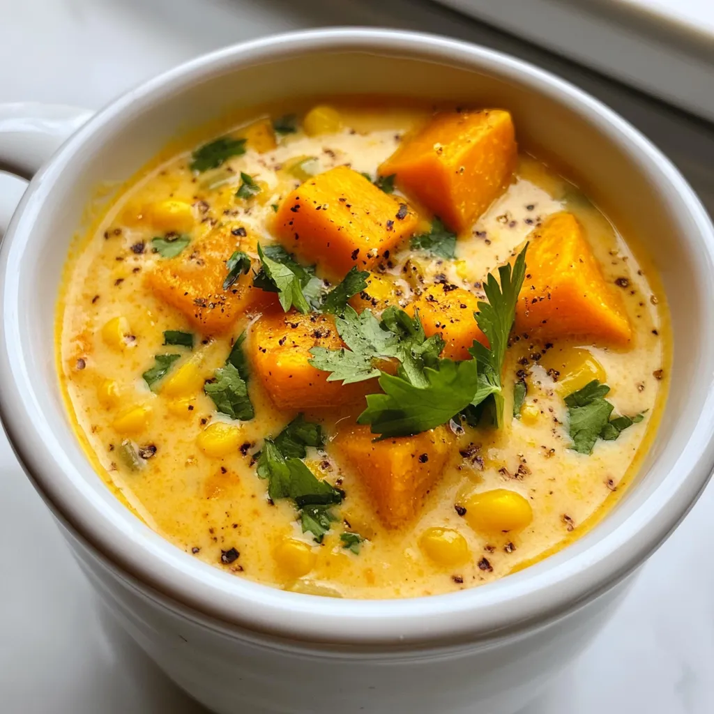 To make a tasty sweet potato corn chowder, gather these simple ingredients: - 2 medium sweet potatoes, peeled and diced - 1 can (15 oz) corn kernels, drained - 1 medium onion, chopped - 2 cloves garlic, minced - 2 cups vegetable broth - 1 cup coconut milk - 1 teaspoon smoked paprika - 1/2 teaspoon cumin - Salt and pepper to taste - 2 tablespoons olive oil - Fresh cilantro for garnish (optional) These ingredients bring a mix of flavors and textures. Sweet potatoes add creaminess, while corn gives a nice crunch. The onion and garlic provide a savory base. The spices, smoked paprika and cumin, enhance the overall taste. Coconut milk adds richness and a hint of sweetness. You can easily swap some ingredients. If you don’t have coconut milk, use almond or soy milk instead. You can also add bell peppers or carrots for extra veggies. Gather everything before you start cooking. This helps keep things organized and fun. Enjoy the process of creating this cozy dish! {{ingredient_image_1}} 1. Heating the oil and sautéing onion In a large pot, pour in the olive oil. Turn the heat to medium. Add the chopped onion. Sauté it for about five minutes. Wait until the onion turns translucent. 2. Cooking garlic and sweet potatoes Next, toss in the minced garlic. Cook it for one more minute until it smells great. Now, add the diced sweet potatoes. Sprinkle in smoked paprika, cumin, and a pinch of salt and pepper. Mix everything well so the sweet potatoes get coated. 3. Adding spices and broth Pour in the vegetable broth. Bring it to a boil. Once it boils, reduce the heat. Let it simmer for 15 to 20 minutes. You want the sweet potatoes to be tender. 4. Blending for desired consistency When the sweet potatoes are soft, it’s time to blend. Use an immersion blender to blend the chowder. Blend it to your liking. If you want it smoother, blend longer. 1. Simmering the chowder After blending, let the chowder simmer on low heat. This helps all the flavors mix together. 2. Stirring in corn and coconut milk Now, add the corn kernels and coconut milk. Stir everything together. Let it simmer for another five minutes. This warms up the corn and coconut. 3. Adjusting seasoning and consistency Taste the chowder. Add more salt and pepper if needed. If it feels too thick, add a bit of vegetable broth or water. Stir until you reach the right consistency. To make your chowder shine, focus on seasoning. Start with fresh herbs. They add brightness and depth. I love using cilantro as a garnish. It brings a fresh taste that pairs well with sweet potatoes. For perfect seasoning, add salt and pepper in stages. Taste as you go. This way, you can adjust to your liking. Smoked paprika gives a warm, smoky flavor. It adds a nice twist to the chowder. Cumin also enhances the earthy notes of sweet potatoes. Using the right cooking techniques makes a big difference. Sauté the onions until they are soft. This builds a strong flavor base. When you add garlic, cook it just until fragrant. This keeps it from burning and tasting bitter. For this chowder, a large pot is a must. A heavy-bottomed pot helps cook evenly. A sturdy wooden spoon works well for stirring. I recommend an immersion blender. It makes blending easy right in the pot. If you don’t have one, a regular blender works too. Just blend in small batches to avoid spills. If your chowder is too thick, don’t worry! You can easily fix it. Just add a little more vegetable broth or water. Stir it in until you reach your desired consistency. To add more depth of flavor, consider a splash of lemon juice. It brightens the dish. You can also try adding more spices. A pinch of cayenne pepper can give it a nice kick. Pro Tips Use Fresh Ingredients: For the best flavor, try to use fresh sweet potatoes and corn when possible. Fresh produce enhances the overall taste of the chowder. Adjust the Creaminess: If you prefer a creamier chowder, add more coconut milk or blend it longer. For a chunkier texture, blend only half of the chowder. Spice it Up: Add a pinch of cayenne pepper or red pepper flakes for a spicy kick. This adds depth and excitement to the chowder. Garnish Wisely: Fresh cilantro adds a burst of flavor, but also consider toppings like avocado or a drizzle of lime juice for extra zest. {{image_2}} You can switch up the broth and milk in this chowder for new tastes. Instead of vegetable broth, try using chicken broth. It adds a rich flavor that enhances the dish. For milk, almond milk or oat milk can work well. They give a creamy texture without the coconut flavor. Feel free to add other veggies, too. Carrots, bell peppers, or zucchini can boost the nutrition. You can even toss in leafy greens like spinach for a pop of color and health. Just chop them small and add them during the last few minutes of cooking. They'll soften and mix well with the chowder. Want to spice things up? Adding spices can give your chowder a kick. Try a pinch of cayenne pepper or chili powder. These spices add heat without overpowering the sweet potato flavor. You can also boost the smokiness by adding a bit more smoked paprika. If you like protein, consider adding chicken or beans. Shredded chicken can make the chowder heartier. Just cook it separately and stir it in before serving. For a plant-based option, black beans or white beans work great. They add protein and texture, making your chowder even more filling. To keep your sweet potato corn chowder fresh, let it cool first. Then, transfer it to an airtight container. Store it in the fridge for up to 4 days. If you want to keep it longer, freeze it in a freezer-safe container. It can last up to 3 months in the freezer. Make sure to leave some space in the container. The chowder may expand as it freezes. When you're ready to enjoy your chowder again, choose the right method for reheating. You can use a pot on the stove. Heat it over low to medium heat, stirring often. This helps maintain the chowder's texture. If you use a microwave, heat it in short bursts. Stir in between to ensure even heating. If the chowder is too thick after reheating, add a splash of vegetable broth or water to smooth it out. This keeps the flavors intact and makes every bite delicious. What can I use instead of coconut milk? You can use almond milk or oat milk. Both add creaminess to the dish. If you want a richer taste, try heavy cream or half-and-half. Each option brings its own flavor, so choose what you like best. Can I make this chowder ahead of time? Yes! You can make this chowder a day in advance. The flavors deepen as it sits. Just store it in the fridge in an airtight container. When you are ready to eat, reheat it on the stove over low heat. How can I adjust the recipe for a slow cooker? To make this chowder in a slow cooker, add all the ingredients except the coconut milk. Cook on low for 6-8 hours or high for 3-4 hours. Add the coconut milk during the last 30 minutes of cooking. Blend as you desire before serving. Each serving of sweet potato corn chowder has roughly 250 calories. It offers a good amount of vitamins and minerals. The chowder is rich in fiber from the sweet potatoes and corn. You also get healthy fats from the coconut milk and olive oil. This dish serves as a warm and filling meal. This sweet potato corn chowder is simple and delicious. We covered the key ingredients, a clear step-by-step guide, and helpful tips for making it perfect. I shared ideas for variations and proper storage too. With these insights, you can enjoy a warm bowl any time. Whether for a meal or a cozy night in, this chowder is sure to please. Happy cooking and enjoy your tasty creation!
