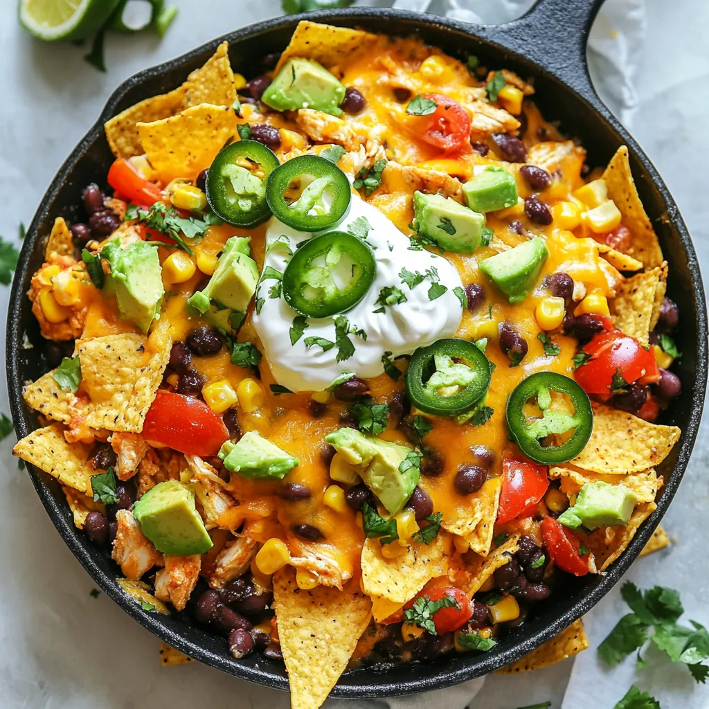 - 1 lb boneless, skinless chicken breasts - Tortilla chips and cheese choices For this Loaded Chicken Nacho Skillet, I use one pound of boneless, skinless chicken breasts. Dicing the chicken helps it cook evenly. You can use tortilla chips as your base. Choose your favorite cheese, like cheddar or Monterey Jack, for that melty goodness. - Chili powder, cumin, garlic powder Seasonings bring flavor to the dish. I use one teaspoon each of chili powder, cumin, and garlic powder. These spices add warmth and depth. Feel free to adjust the amounts based on your taste. - Avocado, sour cream, jalapeños, cilantro The toppings make this dish special. I top it with diced avocado for creaminess. Sour cream adds a cool touch. If you like heat, jalapeños are a great choice. Finish with fresh cilantro for a burst of color and flavor. {{ingredient_image_1}} Start by heating one tablespoon of olive oil in a large skillet over medium heat. Add one pound of diced boneless, skinless chicken breasts to the pan. Sprinkle one teaspoon each of chili powder, cumin, and garlic powder over the chicken. Add salt and pepper to taste. Cook the chicken for about seven to ten minutes. Stir occasionally until it turns golden brown and is fully cooked. Once the chicken is cooked, reduce the heat. Add one cup of black beans, one cup of corn, and one cup of diced tomatoes to the skillet. Mix everything well and cook for an extra three to five minutes. This step heats everything through and blends the flavors nicely. Next, layer one cup of tortilla chips evenly over the chicken mixture in the skillet. Sprinkle one cup of shredded cheddar cheese on top, making sure it covers the chips and chicken mixture. Cover the skillet with a lid and let it cook on low heat for about five to seven minutes. The cheese should melt and become bubbly. After the cheese melts, carefully lift the lid. If you like heat, add sliced jalapeños on top. Remove the skillet from the heat. Finish by topping with diced avocado, dollops of sour cream, and a sprinkle of fresh cilantro. This adds color and flavor, making your dish even more appealing. Serve it warm, and enjoy the comfort of a delicious Loaded Chicken Nacho Skillet! To ensure the chicken is cooked perfectly, start with diced, boneless chicken. Heat olive oil in a large skillet on medium heat. Add the chicken and season it with chili powder, cumin, garlic powder, salt, and pepper. Cook the chicken for about 7-10 minutes, stirring often. Look for a golden color to know it's done. Use a meat thermometer to check for an internal temperature of 165°F. This step prevents any undercooked bites. To boost the flavor, consider adding toppings like sliced jalapeños, fresh lime juice, or a sprinkle of smoked paprika. You can also mix in some black olives or green onions for added texture. If you like it spicy, add more chili powder or crushed red pepper. For a fresh twist, try using pico de gallo or a zesty salsa. Each topping adds a new layer of taste. Present your Loaded Chicken Nacho Skillet directly in the skillet for a rustic feel. If you prefer, transfer the nachos to a large platter. This way, everyone can dig in easily. Garnish the dish with extra cilantro and lime wedges. This brightens the look and adds a pop of flavor. Serve while warm for the best experience. Pro Tips Marinate the Chicken: For deeper flavor, marinate the diced chicken in the spices and olive oil for at least 30 minutes before cooking. Layer Wisely: To prevent soggy chips, layer the tortilla chips on top of the chicken mixture just before serving. Cheese Choices: Experiment with different cheeses like Monterey Jack or Pepper Jack for a unique flavor twist. Garnish with Zest: Add a squeeze of lime juice over the top before serving for an extra burst of freshness. {{image_2}} You can change up proteins in your Loaded Chicken Nacho Skillet. Try using ground turkey or beef instead of chicken. If you want a meat-free option, use diced tofu or tempeh for a plant-based twist. For cheese, switch cheddar with Monterey Jack or pepper jack for a kick. Each swap brings a unique taste to the dish. To make this dish vegetarian, skip the chicken and double the beans or add some sautéed veggies. Bell peppers and zucchini work well. For a gluten-free option, choose corn tortilla chips made from 100% corn. This way, you can enjoy the nacho goodness without worry. If you like heat, add more jalapeños or use a spicy cheese blend. You can also sprinkle in red pepper flakes or a dash of hot sauce while cooking. For a smoky flavor, try adding chipotle powder. Adjust the spice level to fit your taste, and enjoy the bold flavors! To keep your Loaded Chicken Nacho Skillet fresh, place leftovers in an airtight container. Make sure to cool the skillet to room temperature first. Store it in the fridge for up to three days. Layer the ingredients well to prevent sogginess. When you want to enjoy your leftovers, reheat them on the stove. Use low heat and stir gently. This helps maintain the cheese's creamy texture. You can also microwave in short bursts. Just cover the dish to keep it moist. If you want to save some for later, freezing is a great option. Divide the skillet into portions and place in freezer-safe bags. Squeeze out any air before sealing. You can freeze it for up to three months. To thaw, place it in the fridge overnight before reheating. Yes, you can use frozen chicken. If you choose frozen chicken, thaw it first. The best way is to leave it in the fridge overnight. If you’re short on time, you can use the microwave. Just make sure to cook it right after thawing. Frozen chicken may need a few extra minutes on the stove. Always check the chicken is cooked through and no longer pink. I love using shredded cheddar cheese for this dish. It melts well and adds great flavor. You can also try Monterey Jack for a creamier texture. If you want something sharp, go for a sharp cheddar. For a fun twist, mix in some pepper jack for a little heat. You can even use a blend of cheeses for more depth. To prep this dish in advance, cook the chicken mixture first. After cooking, let it cool and store it in the fridge. You can also layer the chips and cheese in the skillet. When ready to serve, just heat the chicken mixture. Then add the chips and cheese on top. Cover and cook until the cheese melts. This way, you can enjoy a quick meal, even on busy nights. In this post, we covered a fun and tasty recipe using chicken, chips, and cheese. I shared tips on how to cook chicken, combine ingredients, and make the dish shine with toppings. Remember, you can switch up ingredients to fit your needs. Whether you're serving a crowd or enjoying a meal alone, this dish is easy and delicious. With the right care in cooking and storing, you can enjoy it multiple times. Get ready to gather your ingredients and get cooking!