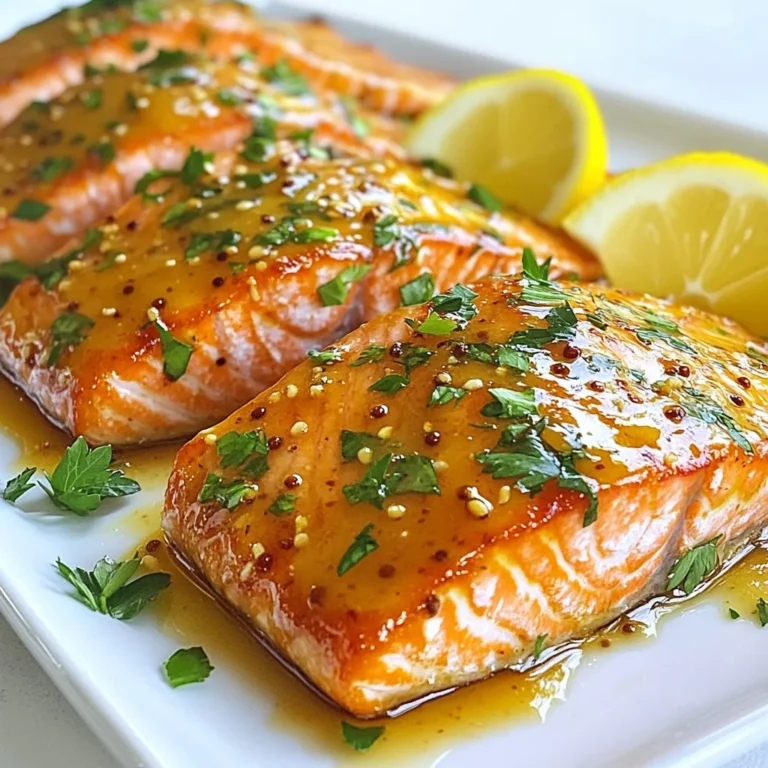 - 4 salmon fillets (6 oz each) - 1/4 cup honey - 1/4 cup Dijon mustard - 2 tablespoons olive oil - 2 cloves garlic, minced - 1 tablespoon soy sauce - Salt and black pepper, to taste To make honey mustard glazed salmon, you need fresh salmon fillets. I prefer fillets that each weigh around six ounces. This size cooks well and provides a good portion. Next, honey and Dijon mustard form the base of the glaze. The honey adds sweetness, while the mustard gives that tangy kick. Use a good quality honey for the best flavor. Olive oil and minced garlic come next. The olive oil helps the glaze stick and gives a nice richness. The garlic adds depth. You also need soy sauce. It gives a savory note that balances the sweet and tangy flavors. Finally, season with salt and black pepper for taste. - Fresh parsley for garnish - Lemon wedges for serving - Suggested side dishes For garnishing, I like to use fresh parsley. It adds a pop of color and a fresh taste. Serving lemon wedges alongside the salmon is great too. The lemon juice brightens the dish and cuts through the richness. You can pair this salmon with many sides. Try steamed vegetables, rice, or a fresh salad. They all complement the flavors well. {{ingredient_image_1}} First, preheat your oven to 400°F (200°C). This temperature is perfect for cooking salmon. Next, lightly grease a baking dish using cooking spray or a bit of olive oil. This helps prevent the salmon from sticking. Now, let’s make the honey mustard glaze. In a medium bowl, whisk together the following ingredients: - 1/4 cup honey - 1/4 cup Dijon mustard - 2 tablespoons olive oil - 2 cloves garlic, minced - 1 tablespoon soy sauce - Salt and black pepper, to taste Mix these well until they combine into a smooth glaze. Place the salmon fillets in the greased baking dish, skin-side down. This helps keep the fish moist. Spoon the honey mustard glaze generously over each fillet. Make sure each piece is well coated. Reserve some glaze for basting later. Bake the salmon in the oven for 12-15 minutes. To check if it’s done, use a fork to see if it flakes easily. Halfway through cooking, baste the fillets with the reserved glaze. This adds extra flavor and keeps them juicy. Once the salmon is cooked, remove it from the oven. Let it rest for a few minutes. This helps the juices settle back into the fish. For serving, garnish with chopped fresh parsley. Add lemon wedges on the side for a zesty touch. This adds brightness to the dish and enhances the flavors. Enjoy your delicious honey mustard glazed salmon! To make the best honey mustard glaze, you need to balance sweetness and tanginess. Use equal parts honey and Dijon mustard to create a nice blend. If you want it sweeter, add more honey. If you prefer more tang, add extra mustard. Adjust the spice levels too. You can add a pinch of cayenne for heat or keep it mild. You can cook salmon in the oven or on the grill. Both ways work well. If you choose the oven, preheat it to 400°F (200°C). For grilling, preheat your grill to medium-high. For crispy skin, start with skin-side down. This helps it crisp up nicely. Cook until the salmon flakes easily. This usually takes about 12-15 minutes. Plating your honey mustard glazed salmon can impress guests. Place the salmon on a clean plate. Drizzle some extra glaze on top. Add a sprinkle of chopped parsley for color. Lemon wedges on the side add a fresh touch. For drinks, pair it with a crisp white wine like Sauvignon Blanc. This wine complements the glaze well. Enjoy your meal! Pro Tips Choose Fresh Salmon: Always opt for fresh salmon fillets for the best flavor and texture. Look for bright, firm flesh and a clean scent. Adjust Sweetness: If you prefer a less sweet glaze, reduce the honey slightly or add a splash of lemon juice to balance the flavors. Cooking Time Tips: Cooking times may vary depending on the thickness of the fillets. Use a food thermometer; salmon should reach an internal temperature of 145°F (63°C). Resting Period: Allow the salmon to rest for a few minutes after baking. This helps to retain moisture and enhances the overall flavor. {{image_2}} You can change the taste of your honey mustard glazed salmon in fun ways. Try using maple syrup instead of honey for a deeper flavor. You can also swap Dijon mustard for whole-grain mustard. This adds texture and a new taste profile. Adding herbs like dill or thyme can also brighten the dish. A pinch of red pepper flakes brings heat and excitement to the glaze. You can grill your salmon for a smoky flavor. Just marinate the fillets in the honey mustard glaze before grilling. Cook them on medium heat for about 6-8 minutes per side. Sautéing is another simple option. Heat olive oil in a pan and cook the fillets for about 4-5 minutes per side. For a healthier choice, use the oven-baked method. Bake the salmon at 400°F for 12-15 minutes, ensuring it stays moist and flaky. If you need gluten-free options, use tamari instead of soy sauce. This keeps the flavor while avoiding gluten. For a low-calorie dish, reduce the amount of honey and oil in the glaze. You can also use skinless salmon to cut down on fat. These changes keep your meal delicious and healthier while still being satisfying. To keep your honey mustard glazed salmon fresh, store it in an airtight container. Place it in the fridge right after it cools. This method helps maintain its flavor and texture. You can safely store it for up to three days. When reheating salmon, I recommend using the oven. Preheat it to 350°F (175°C). Place the salmon in a baking dish and cover it with foil. This keeps it moist. Heat for about 10 to 15 minutes. If you want to keep the glaze intact, brush a little extra on top before reheating. To freeze honey mustard glazed salmon, wrap each fillet tightly in plastic wrap. Place them in a freezer bag and remove as much air as possible. You can freeze it for up to three months. When you're ready to eat, thaw it overnight in the fridge. This method ensures the best taste and texture. Honey mustard glazed salmon takes about 12 to 15 minutes to cook in the oven. You want the salmon to be flaky and fully cooked. Preheat your oven to 400°F (200°C) before starting. This ensures even cooking. Check for doneness by using a fork. If it flakes easily, it is ready. Yes, you can use other types of fish for this recipe. Good options include trout or tilapia. These fish have a similar texture to salmon. Just keep in mind that cooking times may vary. Thin fillets may need less time, while thicker ones may need more. You can serve honey mustard glazed salmon with many sides. Some great options include: - Steamed broccoli - Roasted asparagus - Quinoa or rice - Mixed green salad These sides add color and flavor to your meal. They also complement the sweet and tangy taste of the salmon. This blog post covered how to make delicious honey mustard glazed salmon. You learned about the key ingredients, easy step-by-step instructions, and tips for the best results. I shared ways to customize flavors and methods to store leftovers. Remember, fun garnishes and sides can elevate your meal. Enjoy experimenting with this recipe to make it your own. With the right balance of flavors, you can impress anyone at your table. Happy cooking!
