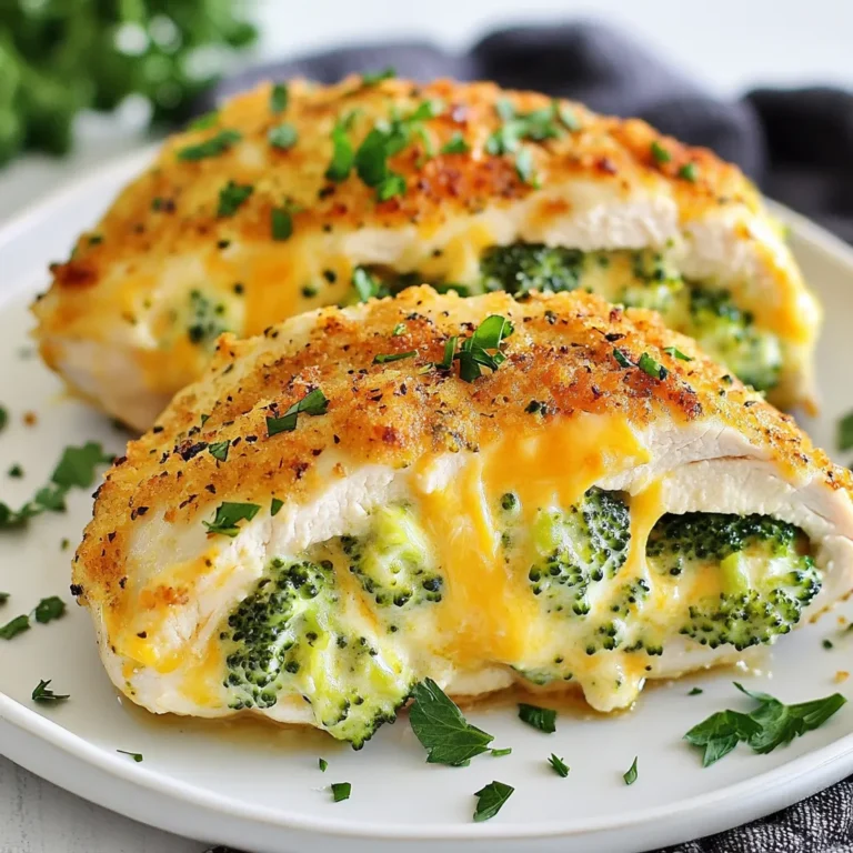 - 4 boneless, skinless chicken breasts - 1 cup fresh broccoli florets, steamed and chopped - 1 cup shredded cheddar cheese - 1/2 cup cream cheese, softened - 1 teaspoon garlic powder - 1 teaspoon onion powder - 1 teaspoon paprika - Salt and pepper to taste - 1/2 cup whole wheat bread crumbs - 2 tablespoons olive oil - Fresh parsley, chopped (for garnish) Using high-quality ingredients makes a big difference in taste. Fresh broccoli gives a nice crunch and bright flavor. Good cheese, like sharp cheddar, adds depth. Cream cheese makes everything creamy and rich. If you can't find fresh broccoli, frozen chopped broccoli works well too. You can swap cheddar for mozzarella or pepper jack for a kick. If you're out of cream cheese, Greek yogurt can be a healthy alternative. Just remember, ingredient quality matters for the best broccoli cheddar stuffed chicken. {{ingredient_image_1}} 1. Preheat the oven and prep ingredients: Start by setting your oven to 375°F (190°C). Gather all your ingredients, including chicken breasts, broccoli, and cheese. 2. Prepare the broccoli and cheese mixture: In a bowl, mix 1 cup of steamed and chopped broccoli with 1 cup of shredded cheddar cheese and 1/2 cup of softened cream cheese. Add 1 teaspoon of garlic powder, 1 teaspoon of onion powder, and 1 teaspoon of paprika. Season with salt and pepper. Stir everything until well combined. 3. Stuff and secure the chicken breasts: Take each boneless chicken breast and carefully slice a pocket into the side. Avoid cutting all the way through. Stuff the pocket with your broccoli and cheese mixture. If needed, secure the openings with toothpicks. 1. Sear the chicken for flavor: Heat 2 tablespoons of olive oil in a skillet over medium-high heat. Sear each stuffed chicken breast for about 3-4 minutes on each side. This step adds a nice golden color and flavor. 2. Bake the stuffed chicken: Once seared, place the chicken breasts in a baking dish. Bake them in the preheated oven for 20-25 minutes. The chicken should reach an internal temperature of 165°F (75°C). 3. Ensure proper cooking temperature: After baking, let the chicken rest for 5 minutes. This helps keep it juicy. Remove any toothpicks used and slice each breast in half to show the cheesy broccoli filling. To ensure even cooking and great flavor, follow these steps: - Sear the chicken: Searing adds color and taste. Cook each side for about 3-4 minutes. - Use a meat thermometer: Check the chicken's internal temperature. It should reach 165°F (75°C). - Let it rest: Resting for 5 minutes helps juices settle for moist chicken. For easier preparation, consider these tools: - Sharp knife: Use it to slice pockets in the chicken breasts. - Mixing bowl: This helps combine the broccoli and cheese mix well. - Toothpicks: Use them to secure chicken openings if needed. To avoid dry chicken, try these tips: - Don’t overcook: Keep an eye on the cooking time. - Use cream cheese: It keeps the filling moist. - Cover with foil: During baking, this helps retain moisture. Garnishing can make your dish pop: - Chopped parsley: Sprinkle on top for a fresh look. - Lemon wedges: Serve on the side for extra zest. For serving, choose the right platters: - White plates: They make the colors of your dish stand out. - Wooden boards: They add a rustic touch that feels warm and inviting. Pair with sides like rice, quinoa, or a fresh salad to complete the meal. Enjoy your flavorful dinner! Pro Tips Choose Fresh Broccoli: Fresh broccoli not only enhances the flavor but also provides better texture in your stuffing. Look for bright green florets without any yellowing. Perfectly Cooked Chicken: Use a meat thermometer to ensure the chicken reaches an internal temperature of 165°F (75°C) for safe consumption while keeping it juicy. Customize Your Cheese: While cheddar is classic, feel free to experiment with other cheeses like mozzarella or pepper jack for a unique twist on flavor. Let It Rest: Allow the chicken to rest for at least 5 minutes after baking. This helps the juices redistribute, making each slice more tender and flavorful. {{image_2}} You can switch up the cheese for your taste. Try mozzarella or pepper jack for a twist. Mixing in some creamy goat cheese adds a tangy flavor too. Feel free to add more veggies! Chopped bell peppers or spinach blend well with the broccoli. For a spicy kick, toss in some red pepper flakes. If you have dietary needs, you can make this recipe gluten-free. Use gluten-free bread crumbs in place of regular ones. For a keto option, skip the bread crumbs and serve with a salad instead. You can grill or bake the stuffed chicken. Grilling adds a smoky flavor and crispy skin. Just make sure the grill is hot before placing the chicken on it. Baking is easy and keeps the chicken juicy. Bake at 375°F until the internal temperature reaches 165°F. If you want tender chicken with less effort, try a slow cooker. Cook on low for 4-6 hours. This way, the chicken absorbs all the flavors. To store leftover stuffed chicken, let it cool first. Place it in an airtight container. I recommend using glass or plastic containers with tight lids. This keeps the chicken fresh and moist. Leftover stuffed chicken lasts about three to four days in the fridge. If you want to keep it longer, consider freezing it instead. Always check for signs of spoilage before eating. To freeze the stuffed chicken, wrap each piece tightly in plastic wrap. Then, place them in a freezer-safe bag or container. This extra layer protects against freezer burn. When you are ready to eat, thaw the chicken in the fridge overnight. For reheating, place it in the oven at 350°F (175°C). Heat until it reaches an internal temperature of 165°F (75°C). This ensures the chicken stays juicy and delicious. Enjoy your tasty meal! What to serve with broccoli cheddar stuffed chicken? I love to serve this dish with a simple side salad or roasted veggies. Mashed potatoes also pair well. You can add a light sauce for extra flavor. Rice or quinoa can make it a complete meal. Can I make this recipe ahead of time? Yes, you can prepare the chicken and stuffing in advance. Just store the stuffed chicken in the fridge. You can bake it later when you are ready to eat. It will save you time on busy nights. How can I tell if the chicken is fully cooked? Use a meat thermometer to check the chicken's internal temperature. It should reach 165°F (75°C). Cut into the chicken to check that the juices run clear, not pink. Can I use frozen broccoli instead of fresh? Yes, you can use frozen broccoli. Just make sure to thaw and drain it well. This keeps the stuffing from becoming too watery. Frozen broccoli is a great time-saver. How to adjust cooking times for larger chicken breasts? If your chicken breasts are larger, you may need to bake them longer. Check the temperature as they cook. Add about 5 to 10 minutes to the baking time if needed. Always ensure they reach 165°F (75°C) for safety. In this post, we explored how to make delicious broccoli cheddar stuffed chicken. We covered ingredient choices, cooking steps, and helpful tips. You learned how to ensure the chicken is juicy and flavorful while also considering different dietary needs. Remember, great meals start with quality ingredients and smart cooking methods. Try this recipe to impress your family or friends. Enjoy your cooking journey, and don't hesitate to experiment!