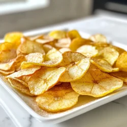 To make these tasty cinnamon sugar apple chips, you need: - 2 large apples (Fuji or Honeycrisp work best) - 2 tablespoons granulated sugar - 1 teaspoon ground cinnamon - 1 teaspoon lemon juice - Pinch of salt If you don&rsquo;t have Fuji or Honeycrisp apples, use Granny Smith or Gala apples. They also taste great. For sugar, you can use coconut sugar for a healthier option. If you want a sugar-free treat, try a sugar substitute like stevia. Instead of lemon juice, you can use lime juice for a twist. These apple chips are a smart snack choice. Apples are high in fiber and vitamin C. They help keep your heart healthy and support your immune system. Cinnamon adds flavor and may help lower blood sugar levels. This snack is low in calories, making it a great option for any time of day. Enjoy them as a crunchy treat or a topping for yogurt! {{ingredient_image_1}} To make cinnamon sugar apple chips, start by gathering your ingredients. You need two large apples, sugar, cinnamon, lemon juice, and a pinch of salt. Preheat your oven to 200&deg;F (93&deg;C) and line two baking sheets with parchment paper. This setup is key to preventing sticking while baking. 1. Wash and Slice: Clean the apples well. Use a mandoline or a sharp knife to slice them very thin. Aim for 1/8 inch thick slices for best results. 2. Mix Sugar and Spices: In a small bowl, blend the sugar, cinnamon, and salt. This mix gives the chips their sweet and spicy flavor. 3. Prepare Apple Slices: Place the apple slices in a large bowl. Drizzle them with lemon juice. Toss gently until all slices are coated. 4. Add Cinnamon Sugar: Sprinkle the cinnamon-sugar mix over the apple slices. Ensure that every slice gets a nice coating. 5. Arrange on Baking Sheets: Lay the apple slices in a single layer on the prepared sheets. Avoid overlapping them. This step ensures even baking. 6. Bake: Place the sheets in the oven. Bake for 2 to 3 hours, flipping the slices halfway through. Check them closely after the first hour. They should be crisp and dry. 7. Cool Down: Once baked, take the sheets out. Let the apple chips cool completely on the sheets. They will continue to crisp as they cool. - Slice Thinly: Thin slices bake more evenly and become crispier. - Watch the Oven: Ovens vary, so keep an eye on the chips. Remove them when they look dry and crisp. - Store Properly: Once cool, store the chips in an airtight container. This keeps them fresh and crispy. Store your cinnamon sugar apple chips in an airtight container. They stay fresh for about a week. If you want them crisp longer, keep them in a cool, dry place. Avoid moisture, as it can make them soggy. You can also use a vacuum sealer for extra protection. I recommend using Fuji or Honeycrisp apples. They are sweet and juicy, which makes for tasty chips. Other great options include Gala and Pink Lady apples. These apples hold their shape well and add great flavor. Choose firm apples for the best results. One common mistake is not slicing the apples thin enough. Aim for about 1/8 inch thick. Thicker slices take longer to bake and may not crisp up. Another mistake is overcrowding the baking sheets. Lay the slices in a single layer. This allows for even baking and perfect crispness. Lastly, keep an eye on the chips as they bake. Every oven behaves differently, and you don&rsquo;t want them to burn. Pro Tips Choose the Right Apples: Fuji and Honeycrisp apples are sweet and hold their shape well, making them perfect for chips. Uniform Slices are Key: Use a mandoline slicer for even thickness, which ensures all chips bake at the same rate. Monitor Baking Time: Every oven is different; start checking for crispness after the first hour to avoid burning. Store Properly: Keep cooled apple chips in an airtight container to maintain their crunchiness for longer. {{image_2}} You can mix flavors for a fun twist. Try adding vanilla or nutmeg to the cinnamon-sugar mix. For a spicy kick, add a pinch of cayenne pepper. You can even use maple sugar for a richer taste. These small changes can make your apple chips unique and exciting. You don&rsquo;t have to stick to apples! Pears make a great option. Just like apples, they get crispy and sweet. You can also try bananas. Slice them thin and watch them turn golden and crunchy. Pineapple or peaches also work well. Each fruit gives a new flavor to your snack. You can bake or dehydrate your apple chips. Baking is easy and gives great results. Use your oven as I showed you in the recipe. Dehydrating takes longer but preserves the fruit's natural taste. A dehydrator works best for this method. Both ways will give you tasty chips, so choose what fits your time and tools. If you want a quick snack, look for brands like Bare and Apple Crisps. These brands offer tasty apple chips. They make great snacks for kids and adults. I love their crunch and flavor. Always check the ingredient list for added sugars or preservatives to get the best option. Homemade apple chips are fresher and tastier. You control the ingredients, so you can adjust the sweetness. Plus, making them is fun! Store-bought chips are convenient but may have extra sugars or oils. If you want a healthy treat, making them at home is best. They taste amazing right out of the oven. You can find apples and supplies at local stores. Farmers' markets often have fresh apples, too. If you prefer online shopping, websites like Amazon or Walmart offer great deals. You can order your favorite apples and supplies with just a few clicks. Don&rsquo;t forget to check for discounts or bulk options! Cinnamon sugar apple chips can last up to two weeks. Store them in an airtight container. Keep them in a cool, dry place. If they get soft, you can re-crisp them in the oven. Yes, you can use an air fryer! Set it to 300&deg;F (150&deg;C). Cook the apple slices for about 15-20 minutes. Check them often to avoid burning. They should be crisp and golden brown when done. I recommend using Fuji or Honeycrisp apples. These apples have great sweetness and crispness. Other good options include Granny Smith for a tart flavor or Gala for a mild taste. Choose apples that are firm and fresh for the best results. We&rsquo;ve covered the key ingredients for making cinnamon sugar apple chips, from substitutions to health benefits. I shared step-by-step baking instructions to ensure you achieve that perfect crispness. We also explored common mistakes to avoid and how to store leftovers. Lastly, I discussed fun variations and where to find both homemade and store-bought options. With these tips, you can easily create a tasty and healthy snack. Enjoy your baking journey and the delicious results!