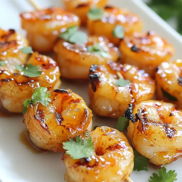 - Large shrimp (1 pound, peeled and deveined) - Honey (1/4 cup) - Soy sauce (3 tablespoons) - Minced garlic (3 cloves) - Fresh ginger (1 tablespoon, grated) - Sesame oil (1 tablespoon) - Lime juice (1 tablespoon) - Black pepper (1/2 teaspoon) - Red pepper flakes (1/4 teaspoon, optional) - Fresh cilantro (for garnish) - Skewers (bamboo or metal) Honey garlic shrimp skewers are easy to make. You only need a few fresh, tasty items. Start with one pound of large shrimp. Make sure they are peeled and deveined. For a sweet and savory flavor, grab a quarter cup of honey and three tablespoons of soy sauce. You will also need three cloves of minced garlic and one tablespoon of grated ginger for a fresh kick. To add a bit of richness, use one tablespoon of sesame oil. A tablespoon of lime juice will brighten the dish. Don't forget half a teaspoon of black pepper for spice. If you like heat, add a quarter teaspoon of red pepper flakes. Lastly, you can use fresh cilantro to garnish the skewers when they are ready to serve. And remember, you need skewers, either bamboo or metal, to hold your shrimp while cooking. Now you are ready to whip up a dish that is sure to impress! {{ingredient_image_1}} First, grab a medium bowl. In that bowl, whisk together these ingredients: - 1/4 cup honey - 3 tablespoons soy sauce - 3 cloves garlic, minced - 1 tablespoon fresh ginger, grated - 1 tablespoon sesame oil - 1 tablespoon lime juice - 1/2 teaspoon black pepper - 1/4 teaspoon red pepper flakes (optional for heat) Make sure the mixture is smooth and well combined. This will be the marinade that flavors your shrimp. Next, add the shrimp to the bowl. Make sure each shrimp gets coated well with the marinade. This step is key for great taste! Once the shrimp are coated, cover the bowl with plastic wrap or a lid. Place it in the fridge for at least 30 minutes. This resting time helps the shrimp absorb all those yummy flavors. If you can let them sit longer, do it! The taste gets even better. Now it’s time to grill! Preheat your grill or grill pan over medium-high heat. If you use bamboo skewers, remember to soak them in water for 20-30 minutes. This helps prevent burning. Next, take the marinated shrimp and thread them onto the skewers. Aim for about 4-5 shrimp per skewer. Make sure they are snug but not too tight. When your grill is hot, place the skewers on it. Cook the shrimp for 2-3 minutes on each side. Look for them to turn pink and opaque. Be careful not to overcook them. Overcooked shrimp can be tough. Once done, remove the skewers from the grill. Let them rest for a minute. Finish by garnishing with fresh cilantro. Enjoy! To make your honey garlic shrimp skewers pop, consider these tips: - Add fresh herbs like cilantro or parsley for brightness. - A squeeze of lime juice brightens the dish. - Use fresh garlic for a more robust flavor. - Dried garlic works too, but the taste is less bold. Shrimp cook fast, so watch them closely. Here’s how to know when they’re ready: - Perfectly cooked shrimp turn pink and opaque. - They should curl slightly but not be tight. - Adjust cooking time based on shrimp size. Larger shrimp may need an extra minute. Proper skewer prep helps your shrimp cook well. Here’s what to do: - If using bamboo skewers, soak them in water for 20-30 minutes. This prevents burning. - Metal skewers don’t need soaking, but they can get hot. Use tongs to handle them. - Thread shrimp onto the skewers, leaving space for even cooking. Pro Tips Marinate Longer: For even more flavor, consider marinating the shrimp for 1-2 hours instead of just 30 minutes. Perfect Skewering: Make sure to thread the shrimp through the tail and the body for better stability on the grill. Watch the Heat: Cook the shrimp over medium-high heat to avoid charring while ensuring they cook through. Garnish with Style: Add a squeeze of fresh lime juice just before serving for an extra burst of freshness. {{image_2}} You can make honey garlic shrimp skewers even more fun. Try different marinades. For a sweet twist, swap honey for maple syrup. If you love spice, add chili paste or sriracha to your mix. You can even use herbs like basil or cilantro for a fresh kick. Add veggies to your skewers! Bell peppers, zucchini, and cherry tomatoes work great. They add color and crunch. Just cut them into bite-sized pieces. This way, you have a tasty mix of shrimp and veggies. You can cook shrimp skewers in different ways. Grilling makes them smoky and delicious. Heat your grill to medium-high. Cook the skewers for about 2-3 minutes on each side. Oven roasting is another option. Preheat your oven to 400°F. Place skewers on a baking sheet. Roast them for about 8-10 minutes. This method gives a nice, even cook and is super easy. Broiling is yet another way to enjoy shrimp skewers. Set your broiler to high and place the skewers on the top rack. Broil for about 2-3 minutes each side. This method gives a crisp finish. Each method offers a unique taste and texture. Try them all! You can store leftover honey garlic shrimp skewers in the fridge. Place them in an airtight container. They last for up to three days. If you want to keep them longer, freeze the shrimp. Lay them flat in a freezer bag. They can last for up to three months. Just be sure to remove as much air as possible. To reheat the shrimp, the best method is using a skillet. Heat it on medium heat. Add a bit of oil to keep the shrimp moist. Cook for about three to four minutes. Stir gently to avoid overcooking. You can also use the microwave, but this may change the texture. If you do, set it to low power and heat for 30 seconds at a time. Check often to make sure they don’t get rubbery. Yes, you can use frozen shrimp. First, thaw the shrimp. Place them in a bowl of cold water for about 15-20 minutes. Change the water if it gets warm. Once thawed, peel and devein them if needed. Pat them dry with a paper towel. This helps the marinade stick better. Shrimp cook quickly. Look for a pink color. They should also be opaque, not translucent. If they curl up into a tight "C" shape, they are usually done. Cooking time is about 2-3 minutes per side on the grill. Avoid overcooking as they become rubbery. These skewers pair well with many sides. You can serve them with rice, like jasmine or basmati. Steamed veggies also work great. Try a fresh salad with lime dressing for a light touch. Noodles tossed in sesame oil are another tasty option. This blog showed how to make honey garlic shrimp skewers. You learned about the ingredients, steps for grilling, and helpful tips. Each part plays a role in getting tasty results. Enjoy experimenting with different flavors or cooking methods. Remember to store leftovers properly and reheat them for the best taste. Cooking should be fun and creative, so try new ideas! I hope you enjoy making these skewers as much as I do. Happy grilling!