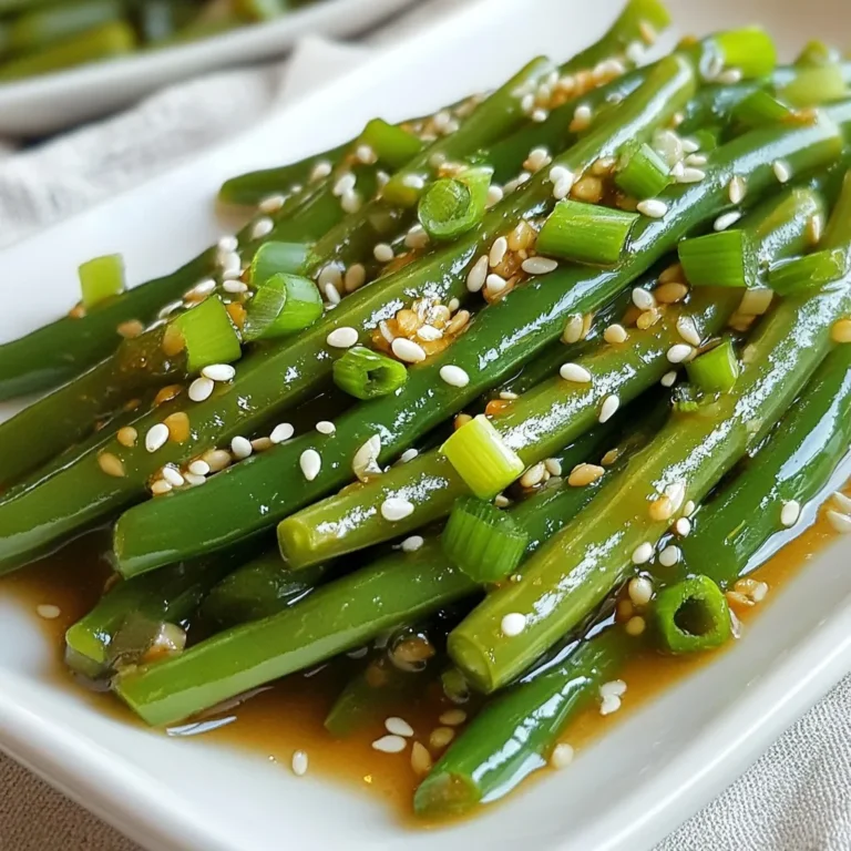 To make Ginger Soy Glazed Green Beans, you need: - 1 lb fresh green beans, trimmed - 2 tablespoons soy sauce - 1 tablespoon fresh ginger, grated - 2 cloves garlic, minced - 1 tablespoon sesame oil - 1 tablespoon honey or maple syrup - 1 teaspoon rice vinegar - 1 teaspoon sesame seeds (for garnish) - 2 green onions, chopped (for garnish) - Salt and pepper to taste These ingredients work together to create a sweet and savory flavor. The fresh ginger and garlic add a nice kick. You can add a few optional ingredients for extra flavor: - Crushed red pepper flakes for heat - Chopped nuts like almonds or peanuts for crunch - A splash of lime juice for brightness These options let you customize the dish to your taste. If you don’t have some ingredients, here are great substitutions: - Coconut aminos instead of soy sauce for a gluten-free option - Ground ginger if fresh ginger is not available - Olive oil instead of sesame oil - Maple syrup instead of honey for a vegan option These swaps keep the dish tasty, even if you need to adjust. {{ingredient_image_1}} To start, fill a pot with salted water and bring it to a boil. Once boiling, add 1 pound of fresh green beans that you have trimmed. Cook them for 3 to 4 minutes. They should turn bright green and feel slightly tender. After that, drain the beans and quickly move them to a bowl of ice water. This stops the cooking and keeps the color. After a few minutes, drain the beans again and set them aside. In a small bowl, mix together 2 tablespoons of soy sauce, 1 tablespoon of grated ginger, and 2 cloves of minced garlic. Add 1 tablespoon of sesame oil, 1 tablespoon of honey or maple syrup, and 1 teaspoon of rice vinegar. Whisk it all together until it blends well. This glaze brings a sweet and savory flavor that pairs perfectly with the green beans. Now, heat a large skillet over medium-high heat. Add the blanched green beans to the skillet and sauté them for 2 to 3 minutes to heat them up. You want them to get a slight char for extra taste. Next, pour the ginger soy glaze over the green beans and toss them well to coat. Cook for another 2 to 3 minutes. This time lets the glaze thicken and stick to the beans. Finally, season with salt and pepper to your taste. When done, remove the skillet from heat. Transfer the beans to a serving dish and sprinkle sesame seeds and chopped green onions on top for garnish. Blanching is key for bright green beans. To start, boil salted water in a pot. Add the green beans and cook for 3-4 minutes. They should be vibrant and slightly tender. Quickly drain the beans. Then, put them in ice water. This stops the cooking. Keeping the beans crisp is important for texture. The glaze must cling to the beans well. Mix soy sauce, ginger, garlic, sesame oil, honey, and rice vinegar in a bowl. Whisk until smooth. When cooking, pour this mix over the heated beans. Let it thicken for 2-3 minutes. The glaze should coat the beans nicely, giving them a shiny look. Garnishes make your dish pop. Use sesame seeds for a nutty crunch. Chopped green onions add color and flavor. You can also try crushed red pepper for heat. These toppings enhance both taste and presentation. Feel free to experiment with your favorite herbs or nuts! Pro Tips Tip Title 1: Blanch the green beans in salted water to enhance their color and flavor. Tip Title 2: For a deeper flavor, let the ginger and garlic sauté briefly before adding the green beans. Tip Title 3: Adjust the sweetness by varying the amount of honey or maple syrup to your taste. Tip Title 4: Garnish with toasted sesame seeds for an extra crunch and nutty flavor. {{image_2}} You can easily add protein to make this dish heartier. Chicken, shrimp, or tofu work well. Simply cook the protein in the skillet first, then add the green beans. This keeps the flavors rich and tasty. For chicken, cut it into bite-sized pieces. For shrimp, use raw, peeled shrimp. If using tofu, press it to remove moisture, then cube it. Cook until golden before adding the glaze. Feel free to switch out green beans for other veggies. Broccoli, snap peas, or bell peppers all taste great. These options give different textures and flavors. Just remember to blanch the veggies before adding the glaze. This helps keep them bright and crisp. You can mix and match for a colorful dish. If you like heat, add crushed red pepper or sriracha to the glaze. Start with a small amount, then taste it. You can always add more if you want more spice. This change gives the dish a fun kick. It pairs nicely with the sweet and savory notes of the glaze. Adjust the heat to suit your taste. You can store leftover ginger soy glazed green beans in the fridge. Place them in an airtight container. They stay fresh for about 3 to 4 days. If you want to keep them longer, consider freezing instead. Freezing ginger soy glazed green beans is easy. Let the beans cool completely before freezing. Place them in a freezer-safe bag or container. Squeeze out as much air as you can. They can last for up to 3 months in the freezer. When you're ready to use them, just thaw overnight in the fridge. To reheat, you have a few options. You can use the microwave for quick heating. Place the beans in a bowl and cover them to keep moisture. Heat in short bursts until warm. You can also reheat them on the stove. Just add a splash of water and sauté over medium heat. This method helps keep them tender and tasty. Yes, you can use frozen green beans. They are handy and can save time. Just make sure to thaw them first. Blanching is not necessary, as they are already cooked. Sauté them in the skillet until heated through. These green beans last for about three to four days in the fridge. Store them in an airtight container to keep them fresh. Reheat them in the microwave or on the stove for best results. Ginger soy glazed green beans pair well with many dishes. They go great with rice or quinoa. You can also serve them alongside grilled chicken or tofu. For a full meal, add a salad or soup to the plate. This blog post covered how to make tasty ginger soy glazed green beans. We discussed the needed ingredients and some optional ones. I shared easy step-by-step instructions for blanching and cooking your green beans. You learned tips for perfecting the glaze and making variations with proteins or other veggies. Finally, we explored storage tips for your leftovers. Try these ideas, and make this dish your own. Enjoy cooking and sharing this delicious meal with friends and family!