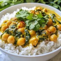 - 2 cans (15 oz each) chickpeas, drained and rinsed - 1 large onion, finely chopped - 3 cloves garlic, minced - 1-inch piece ginger, grated - 2 cups fresh spinach, chopped - 1 can (14 oz) coconut milk - 2 tablespoons curry powder - 1 teaspoon ground cumin - 1 teaspoon ground coriander - 1/2 teaspoon turmeric - 1 tablespoon olive oil - Salt and pepper to taste - Fresh cilantro for garnish - Cooked basmati rice for serving When measuring, use dry measuring cups for solids, like chickpeas and spices. For liquids, use a liquid measuring cup. This keeps your amounts accurate. Always level off dry ingredients with a knife for best results. I prefer canned chickpeas for ease. They save time and taste good. If you want, you can use dried chickpeas. Just soak them overnight and cook until soft. For spinach, fresh is best for flavor. However, frozen spinach works too. Just thaw and drain it before use. {{ingredient_image_1}} Start by gathering all your ingredients. You will need: - 2 cans (15 oz each) chickpeas, drained and rinsed - 1 large onion, finely chopped - 3 cloves garlic, minced - 1-inch piece ginger, grated - 2 cups fresh spinach, chopped - 1 can (14 oz) coconut milk - 2 tablespoons curry powder - 1 teaspoon ground cumin - 1 teaspoon ground coriander - 1/2 teaspoon turmeric - 1 tablespoon olive oil - Salt and pepper to taste - Fresh cilantro for garnish - Cooked basmati rice for serving Make sure to rinse the chickpeas well. This removes excess sodium and gives a fresher taste. Chop the onion finely to help it cook evenly. Mince the garlic and grate the ginger so they blend well in the mix. Wash and chop the spinach into bite-sized pieces. In a large pot, heat the olive oil over medium heat. Toss in the chopped onion and sauté it for about 5 minutes. You want the onion to be soft and translucent. This step builds the base flavor. Next, add the minced garlic and grated ginger to the pot. Cook them for another 2 minutes. You will notice a lovely aroma filling your kitchen. Now, it's time to add the spices. Sprinkle in the curry powder, ground cumin, ground coriander, and turmeric. Stir everything for about 1 minute. Toasting the spices enhances their flavors, making the curry taste richer. Once the spices are fragrant, pour in the drained chickpeas and the coconut milk. Stir everything together, mixing well. Bring the mixture to a gentle simmer. This is where the magic happens! Let it cook for 8-10 minutes. Stir occasionally to prevent sticking. During this time, the flavors meld together. You’ll see the curry get thicker and creamier. If it seems too thick, you can add a splash of water. After simmering, add the chopped spinach. Cook for an additional 3-5 minutes. The spinach will wilt and blend into the curry. Now, season with salt and pepper to taste. Adjust the spices if you want more heat or flavor. When ready, serve the curry hot over a bed of cooked basmati rice. Finish with a sprinkle of fresh cilantro for a pop of color and taste. Enjoy your flavorful Chickpea Spinach Curry! To boost the taste of your chickpea spinach curry, use fresh herbs. Fresh cilantro adds a bright touch. You can also squeeze some lemon juice before serving. This brightens the dish and balances the spices. Don't forget to toast your spices before adding other ingredients. This step releases their rich flavors. Using a heavy-bottomed pot is key. It helps to cook the curry evenly. A wooden spoon is great for stirring. It prevents scratching your pot. I also recommend having a sharp knife for chopping your onions and garlic. A cutting board is essential for safety and ease. One common mistake is not rinsing the chickpeas. Rinsing removes excess sodium and improves texture. Another mistake is adding spinach too early. You want it wilted but not overcooked. Lastly, don’t skip the salt. It enhances all the flavors in the dish. Adjusting salt at the end gives you full control over the taste. Pro Tips Use Fresh Spinach: Fresh spinach adds a vibrant color and flavor to the curry. If using frozen spinach, make sure to thaw and drain it well to avoid excess moisture. Adjust Spice Levels: Feel free to adjust the amount of curry powder and other spices according to your heat preference. Adding a pinch of red pepper flakes can increase the heat. Add a Squeeze of Lime: A squeeze of fresh lime juice just before serving enhances the flavors and adds a refreshing brightness to the dish. Store Leftovers Properly: Store any leftovers in an airtight container in the refrigerator for up to 3 days. Reheat gently on the stove to restore its creaminess. {{image_2}} You can boost your Chickpea Spinach Curry with some great add-ins. Try adding diced tomatoes for more flavor and color. Sweet potatoes work well too. They add a soft texture and sweetness. You might also add carrots or bell peppers for crunch. These veggies bring more vitamins and make the dish colorful. If you want more protein, toss in some tofu or lentils. This makes the meal heartier and very filling. Want to change the heat? It’s easy! If you like it spicy, add red pepper flakes or cayenne. Start with just a pinch, then taste it. You can always add more if needed. For a milder version, skip the heat altogether. You can also add a spoon of yogurt on top when serving. This cools down the dish and adds creaminess. You can make this curry in different ways. A slow cooker is great if you want to set it and forget it. Just add your ingredients and cook on low for 6-8 hours. This method softens the chickpeas and blends the flavors well. An Instant Pot is another option. Cook on high pressure for about 10 minutes. It’s fast, and the curry tastes amazing. Both methods save time and create a tasty meal. To store your chickpea spinach curry, let it cool first. Then, place it in an airtight container. This keeps the flavors fresh. You can keep it in the fridge for up to three days. Make sure to label the container with the date. This way, you know when to eat it. When you're ready to enjoy your leftovers, take the curry out of the fridge. Pour it into a pot over medium heat. Stir it often to prevent sticking. You can add a splash of water or coconut milk if it seems dry. Heat it until it's hot, which usually takes about 5 to 10 minutes. You can also reheat it in the microwave. Just cover it and heat for 1 to 2 minutes, stirring halfway. If you want to save your curry for longer, freezing is a great option. Use freezer-safe bags or containers. Make sure to leave some space for expansion. Label your containers with the date and name. You can freeze it for up to three months. When you’re ready to eat it, move it to the fridge overnight to thaw. Then, reheat it as mentioned above. This keeps the taste and texture nice! You can serve chickpea spinach curry with cooked basmati rice. The rice soaks up the tasty sauce. You might also try naan bread for a fun twist. It pairs well with a simple cucumber salad, too. This adds freshness and crunch to your meal. Yes, this recipe is vegan. It uses coconut milk for creaminess, not dairy. Chickpeas provide protein, making this dish healthy and filling. You can enjoy it without any animal products. This makes it great for everyone, whether you follow a vegan diet or not. Absolutely! You can make this curry ahead of time. It stores well in the fridge for about three days. The flavors actually get better after sitting. Just reheat it on the stove before serving. If you want to keep it longer, freeze it for up to three months. In this post, we covered how to make a delicious chickpea spinach curry. You learned about ingredients, cooking steps, and essential tips. We discussed variations and storage methods for extra convenience. Remember, cooking can be fun and easy. Experiment with flavors, and don’t be afraid to try new things. Enjoy your curry journey, and share it with friends and family. Delicious meals can bring everyone together. Happy cooking!
