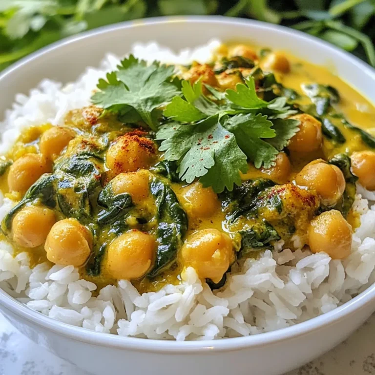 - 2 cans (15 oz each) chickpeas, drained and rinsed - 1 large onion, finely chopped - 3 cloves garlic, minced - 1-inch piece ginger, grated - 2 cups fresh spinach, chopped - 1 can (14 oz) coconut milk - 2 tablespoons curry powder - 1 teaspoon ground cumin - 1 teaspoon ground coriander - 1/2 teaspoon turmeric - 1 tablespoon olive oil - Salt and pepper to taste - Fresh cilantro for garnish - Cooked basmati rice for serving When measuring, use dry measuring cups for solids, like chickpeas and spices. For liquids, use a liquid measuring cup. This keeps your amounts accurate. Always level off dry ingredients with a knife for best results. I prefer canned chickpeas for ease. They save time and taste good. If you want, you can use dried chickpeas. Just soak them overnight and cook until soft. For spinach, fresh is best for flavor. However, frozen spinach works too. Just thaw and drain it before use. {{ingredient_image_1}} Start by gathering all your ingredients. You will need: - 2 cans (15 oz each) chickpeas, drained and rinsed - 1 large onion, finely chopped - 3 cloves garlic, minced - 1-inch piece ginger, grated - 2 cups fresh spinach, chopped - 1 can (14 oz) coconut milk - 2 tablespoons curry powder - 1 teaspoon ground cumin - 1 teaspoon ground coriander - 1/2 teaspoon turmeric - 1 tablespoon olive oil - Salt and pepper to taste - Fresh cilantro for garnish - Cooked basmati rice for serving Make sure to rinse the chickpeas well. This removes excess sodium and gives a fresher taste. Chop the onion finely to help it cook evenly. Mince the garlic and grate the ginger so they blend well in the mix. Wash and chop the spinach into bite-sized pieces. In a large pot, heat the olive oil over medium heat. Toss in the chopped onion and sauté it for about 5 minutes. You want the onion to be soft and translucent. This step builds the base flavor. Next, add the minced garlic and grated ginger to the pot. Cook them for another 2 minutes. You will notice a lovely aroma filling your kitchen. Now, it's time to add the spices. Sprinkle in the curry powder, ground cumin, ground coriander, and turmeric. Stir everything for about 1 minute. Toasting the spices enhances their flavors, making the curry taste richer. Once the spices are fragrant, pour in the drained chickpeas and the coconut milk. Stir everything together, mixing well. Bring the mixture to a gentle simmer. This is where the magic happens! Let it cook for 8-10 minutes. Stir occasionally to prevent sticking. During this time, the flavors meld together. You’ll see the curry get thicker and creamier. If it seems too thick, you can add a splash of water. After simmering, add the chopped spinach. Cook for an additional 3-5 minutes. The spinach will wilt and blend into the curry. Now, season with salt and pepper to taste. Adjust the spices if you want more heat or flavor. When ready, serve the curry hot over a bed of cooked basmati rice. Finish with a sprinkle of fresh cilantro for a pop of color and taste. Enjoy your flavorful Chickpea Spinach Curry! To boost the taste of your chickpea spinach curry, use fresh herbs. Fresh cilantro adds a bright touch. You can also squeeze some lemon juice before serving. This brightens the dish and balances the spices. Don't forget to toast your spices before adding other ingredients. This step releases their rich flavors. Using a heavy-bottomed pot is key. It helps to cook the curry evenly. A wooden spoon is great for stirring. It prevents scratching your pot. I also recommend having a sharp knife for chopping your onions and garlic. A cutting board is essential for safety and ease. One common mistake is not rinsing the chickpeas. Rinsing removes excess sodium and improves texture. Another mistake is adding spinach too early. You want it wilted but not overcooked. Lastly, don’t skip the salt. It enhances all the flavors in the dish. Adjusting salt at the end gives you full control over the taste. Pro Tips Use Fresh Spinach: Fresh spinach adds a vibrant color and flavor to the curry. If using frozen spinach, make sure to thaw and drain it well to avoid excess moisture. Adjust Spice Levels: Feel free to adjust the amount of curry powder and other spices according to your heat preference. Adding a pinch of red pepper flakes can increase the heat. Add a Squeeze of Lime: A squeeze of fresh lime juice just before serving enhances the flavors and adds a refreshing brightness to the dish. Store Leftovers Properly: Store any leftovers in an airtight container in the refrigerator for up to 3 days. Reheat gently on the stove to restore its creaminess. {{image_2}} You can boost your Chickpea Spinach Curry with some great add-ins. Try adding diced tomatoes for more flavor and color. Sweet potatoes work well too. They add a soft texture and sweetness. You might also add carrots or bell peppers for crunch. These veggies bring more vitamins and make the dish colorful. If you want more protein, toss in some tofu or lentils. This makes the meal heartier and very filling. Want to change the heat? It’s easy! If you like it spicy, add red pepper flakes or cayenne. Start with just a pinch, then taste it. You can always add more if needed. For a milder version, skip the heat altogether. You can also add a spoon of yogurt on top when serving. This cools down the dish and adds creaminess. You can make this curry in different ways. A slow cooker is great if you want to set it and forget it. Just add your ingredients and cook on low for 6-8 hours. This method softens the chickpeas and blends the flavors well. An Instant Pot is another option. Cook on high pressure for about 10 minutes. It’s fast, and the curry tastes amazing. Both methods save time and create a tasty meal. To store your chickpea spinach curry, let it cool first. Then, place it in an airtight container. This keeps the flavors fresh. You can keep it in the fridge for up to three days. Make sure to label the container with the date. This way, you know when to eat it. When you're ready to enjoy your leftovers, take the curry out of the fridge. Pour it into a pot over medium heat. Stir it often to prevent sticking. You can add a splash of water or coconut milk if it seems dry. Heat it until it's hot, which usually takes about 5 to 10 minutes. You can also reheat it in the microwave. Just cover it and heat for 1 to 2 minutes, stirring halfway. If you want to save your curry for longer, freezing is a great option. Use freezer-safe bags or containers. Make sure to leave some space for expansion. Label your containers with the date and name. You can freeze it for up to three months. When you’re ready to eat it, move it to the fridge overnight to thaw. Then, reheat it as mentioned above. This keeps the taste and texture nice! You can serve chickpea spinach curry with cooked basmati rice. The rice soaks up the tasty sauce. You might also try naan bread for a fun twist. It pairs well with a simple cucumber salad, too. This adds freshness and crunch to your meal. Yes, this recipe is vegan. It uses coconut milk for creaminess, not dairy. Chickpeas provide protein, making this dish healthy and filling. You can enjoy it without any animal products. This makes it great for everyone, whether you follow a vegan diet or not. Absolutely! You can make this curry ahead of time. It stores well in the fridge for about three days. The flavors actually get better after sitting. Just reheat it on the stove before serving. If you want to keep it longer, freeze it for up to three months. In this post, we covered how to make a delicious chickpea spinach curry. You learned about ingredients, cooking steps, and essential tips. We discussed variations and storage methods for extra convenience. Remember, cooking can be fun and easy. Experiment with flavors, and don’t be afraid to try new things. Enjoy your curry journey, and share it with friends and family. Delicious meals can bring everyone together. Happy cooking!