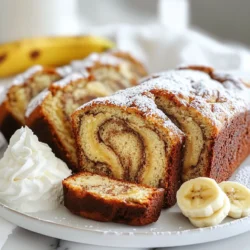 To make this delightful cinnamon swirl banana bread, gather these items: - 3 ripe bananas, mashed - 1/3 cup melted butter - 1 teaspoon baking soda - Pinch of salt - 3/4 cup sugar (or brown sugar for a richer flavor) - 1 large egg, beaten - 1 teaspoon vanilla extract - 1 1/2 cups all-purpose flour - 2 teaspoons ground cinnamon (for the swirl) - 2 tablespoons sugar (for the swirl) You can switch some items if you wish. For bananas, use 2 large bananas or 4 small ones. Instead of butter, try coconut oil or vegetable oil. If you want less sugar, use 1/2 cup of honey or maple syrup. You can also replace all-purpose flour with whole wheat flour for a healthier option. If you want a nutty crunch, add chopped nuts or chocolate chips. Choose bananas that are yellow with brown spots. These spots show that the bananas are sweet and ready for baking. If your bananas are too green, leave them out for a few days. To speed up ripening, place them in a brown paper bag. This traps ethylene gas, which helps them ripen faster. Avoid bananas with bruises that look too dark or mushy. These may spoil your bread's taste. {{ingredient_image_1}} First, set your oven to 350°F (175°C). This heat is perfect for baking. Next, get a 4x8 inch loaf pan. You can grease it with butter or use parchment paper. The paper helps with easy removal later. In a mixing bowl, mash 3 ripe bananas. Add 1/3 cup of melted butter to the bowl. Mix these well until smooth. Then, stir in 1 teaspoon of baking soda and a pinch of salt. Next, add 3/4 cup of sugar. You can use brown sugar for a richer taste. Mix in 1 large beaten egg and 1 teaspoon of vanilla extract. Finally, gently fold in 1 1/2 cups of all-purpose flour. Be careful not to overmix. In a small bowl, mix 2 teaspoons of ground cinnamon and 2 tablespoons of sugar. Pour half of your banana batter into the pan. Sprinkle half of the cinnamon-sugar mixture on top. Pour the rest of the batter into the pan, then add the remaining cinnamon-sugar mix. Use a knife to gently swirl the batter. Aim for a marbled look without mixing too much. Now you are ready to bake! To get that soft and moist banana bread, use ripe bananas. Look for yellow bananas with brown spots. The more spots, the sweeter your bread will taste. Mix the batter gently. Overmixing can make it tough. It is okay if the batter looks a bit lumpy; this is normal. Let the bread cool slightly in the pan. This helps keep it moist and tender. One big mistake is using unripe bananas. They don’t have enough flavor. Another is overbaking. Check the bread with a toothpick. If it comes out clean, it’s done! Also, avoid skipping the cinnamon swirl step. That’s what makes this bread special. Lastly, don’t rush the cooling time. Let it cool fully before slicing to avoid a mushy texture. Here are some tools to help you bake the best banana bread: - Large mixing bowl - 4x8 inch loaf pan - Measuring cups and spoons - Whisk for mixing - Spatula for folding - Toothpick for checking doneness - Parchment paper for easy removal These tools make the process easier and more fun. Happy baking! Pro Tips Use Overripe Bananas: The riper the bananas, the sweeter and more flavorful your banana bread will be. Look for bananas that are heavily speckled or even brown. Don’t Overmix: When combining the flour with the wet ingredients, mix gently until just combined. Overmixing can lead to a dense bread. Check for Doneness: Ovens can vary, so start checking your banana bread a few minutes before the suggested baking time. A toothpick should come out clean when it’s done. Storage Tips: To keep your banana bread fresh, wrap it tightly in plastic wrap or aluminum foil and store it at room temperature for up to 3 days. For longer storage, freeze slices in an airtight container. {{image_2}} You can easily add nuts or chocolate chips to your banana bread. I love using walnuts or pecans for a nice crunch. Just chop about 1/2 cup of nuts and fold them into the batter before baking. If you prefer chocolate, add 1/2 cup of chocolate chips instead. The blend of flavors is simply delightful. You can make this banana bread gluten-free easily. Substitute all-purpose flour with a gluten-free blend. Make sure the blend has a good structure. For a vegan option, replace the egg with a flax egg. Mix 1 tablespoon of ground flaxseed with 2.5 tablespoons of water. Let it sit for 10 minutes to thicken. Then, use it in place of the egg. Enhancing the flavor of your banana bread is fun! Try adding 1/4 teaspoon of nutmeg for a warm touch. You can also boost the vanilla flavor by using 1 tablespoon instead of 1 teaspoon. These small changes make a big impact on taste. Experiment with other spices too, like cardamom or clove, for unique flavors. To keep your cinnamon swirl banana bread fresh, wrap it well. Use plastic wrap or aluminum foil. You can also store it in an airtight container. Place it at room temperature for short-term storage. If you want it to last longer, the fridge is a good option. Just remember, cold can dry it out a bit. For best flavor, eat it fresh! Freezing is a great way to save your banana bread for later. First, let the bread cool completely. Slice it into pieces for easy thawing. Wrap each slice in plastic wrap. Then place the wrapped slices in a freezer bag. Make sure to remove as much air as possible. This helps prevent freezer burn. You can freeze it for up to three months. When stored at room temperature, cinnamon swirl banana bread lasts about 3-4 days. If you keep it in the fridge, it can last up to a week. Once frozen, it stays good for about three months. Always check for signs of spoilage, like mold or off smells, before eating. Yes, you can use frozen bananas. Just thaw them first. Drain excess liquid to avoid too much moisture. Frozen bananas work great and add sweetness. They can make your bread even more moist. Check the center with a toothpick. Insert it into the thickest part. If it comes out clean, your bread is ready. It should also look golden brown around the edges. If it's not done, bake for a few more minutes. Many flavors go well with cinnamon. Nutmeg adds warmth and depth. Vanilla improves sweetness and aroma. Walnuts or pecans add a nice crunch. Chocolate chips can bring a sweet twist. Feel free to mix and match for fun! In this post, we covered the essential steps for making delicious cinnamon swirl banana bread. We explored ingredients, helpful tips, and variations for every taste. Remember to select ripe bananas and avoid common mistakes while baking. Try adding nuts or chocolate chips for extra flavor. Store your bread well to keep it fresh. Baking should be fun, so experiment and enjoy every bite! With these tips, you are ready to create a tasty treat. Happy baking!