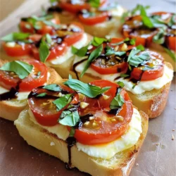 - 1 large baguette or ciabatta bread - 3 tablespoons unsalted butter, softened - 4 cloves garlic, minced - 1 cup fresh mozzarella, diced or mozzarella pearls - 2 medium tomatoes, diced - 1 cup fresh basil leaves, roughly chopped - 2 tablespoons balsamic glaze - Salt and pepper to taste To make Caprese garlic bread, start with a large baguette or ciabatta. These breads give the right texture and flavor. I love how the soft inside contrasts with a crunchy crust. Next, use unsalted butter mixed with minced garlic. This blend creates a fragrant, rich base. The butter adds creaminess while the garlic gives it a punch. Fresh mozzarella is key. I like using diced mozzarella or pearls. They melt beautifully and provide a creamy texture. Tomatoes add freshness. Choose ripe, juicy tomatoes for the best taste. Their sweetness pairs perfectly with the saltiness of the cheese. Fresh basil leaves brighten the dish. They add a lovely aroma and flavor. I always chop them roughly to release their oils. Finally, drizzle balsamic glaze for a touch of sweetness. This adds a nice contrast to the savory flavors. Remember to season with salt and pepper for balance. - 1 teaspoon red pepper flakes for a spicy kick - Salt and pepper to taste For those who enjoy a bit of heat, red pepper flakes are a great option. They add warmth without overpowering. Just a teaspoon can elevate the flavor. Always adjust salt and pepper to your liking. These are basic but important to enhance the overall taste. Use fresh ground pepper for a more vibrant flavor. {{ingredient_image_1}} 1. Preheat your oven to 375°F (190°C). This helps the bread bake evenly. 2. Line a baking sheet with parchment paper. This prevents sticking and makes cleanup easy. 3. Mix garlic butter by combining 3 tablespoons of softened unsalted butter and 4 minced garlic cloves in a small bowl. Stir until they blend well. 1. Slice your bread in half lengthwise. You can use a large baguette or ciabatta bread. 2. Spread the garlic butter mixture generously over the cut sides of the bread. Cover every inch for a tasty bite. 3. Bake the bread for about 10 minutes. Look for golden edges. This gives a nice crisp texture. 1. Prepare the topping by mixing 1 cup of diced fresh mozzarella, 2 diced medium tomatoes, and 1 cup of roughly chopped fresh basil in a bowl. Add salt, pepper, and optional red pepper flakes for heat. 2. Distribute the topping evenly over the baked bread. Make sure every half gets a good amount. 3. Return the bread to the oven and bake for another 8 to 10 minutes. Wait for the cheese to melt and bubble. 4. Drizzle balsamic glaze on top before serving. This adds a sweet and tangy kick! Enjoy your Caprese garlic bread warm for the best taste! To make great garlic bread, spread your garlic butter evenly. Use a butter knife or a spatula. Start from the center and move to the edges. This helps every bite taste rich and buttery. Bake your bread for about 10 minutes at 375°F. This gives it a golden and crispy crust. Try adding herbs like oregano or thyme. A little red pepper can add a nice kick. Fresh ingredients make a big difference. Use ripe, juicy tomatoes and fresh mozzarella for the best taste. They bring life to your dish. Always opt for fresh basil leaves. They add a bright flavor that blends well with garlic. Pro Tips Use Fresh Ingredients: The quality of your tomatoes, mozzarella, and basil will greatly affect the flavor of your Caprese Garlic Bread. Always opt for the freshest produce available. Customize Your Cheese: Feel free to mix different types of cheese, like feta or goat cheese, for a unique twist on the classic Caprese flavor profile. Experiment with Bread Types: While baguette and ciabatta are great choices, you can also try this recipe with sourdough or focaccia for different textures and flavors. Perfect Your Garlic Butter: For a richer flavor, consider adding herbs such as parsley or oregano to your garlic butter mixture before spreading it on the bread. {{image_2}} You can switch up the cheese to make Caprese garlic bread even better. Try using provolone or fontina for a rich twist. These cheeses melt well and add different flavors. If you prefer vegan options, use plant-based mozzarella. Many brands offer tasty vegan cheeses that melt nicely. This keeps the dish delicious while catering to different diets. Adding seasonal vegetables can elevate your Caprese garlic bread. Think about using zucchini or bell peppers. These veggies add color and crunch. They also enhance the flavor profile of your dish. You can also get creative with sauces. A drizzle of pesto or a spicy chili oil can wake up your taste buds. These toppings add a burst of flavor and make your bread stand out even more. To keep your Caprese garlic bread fresh, follow these steps: - Let the bread cool completely before storing. - Wrap it tightly in plastic wrap or aluminum foil. - Place it in an airtight container. - Store it in the fridge for up to three days. - For longer storage, freeze it for up to two months. Using the right container helps maintain flavor and texture. Always check for any signs of spoilage before eating. Reheating your leftovers can bring back that fresh taste. Here’s how: - Oven Method: Preheat your oven to 350°F (175°C). Place the bread on a baking sheet. Bake for 10 minutes until warm and crispy. - Microwave Method: Place a slice on a microwave-safe plate. Heat for 30 seconds. This method is quick but may make the bread soft. For the best results, use the oven method. It keeps the bread crispy and delicious. Enjoy your savory treat again! Can I use stale bread for this recipe? Yes, stale bread works well! It can absorb the garlic butter nicely. Just make sure it is not too hard. If it is very dry, add a bit more butter. This will help keep it moist and tasty. How can I make it vegetarian-friendly? This recipe is already vegetarian. It uses fresh mozzarella, tomatoes, and basil. Just ensure the butter is unsalted and free from animal rennet. You can enjoy this dish without worry. What herbs pair well with Caprese Garlic Bread? Basil is the star herb for this dish. You can add oregano or thyme for extra flavor. If you want a twist, try some chopped parsley or chives. These herbs can elevate the taste. How to adjust recipe for allergies (gluten, dairy)? For gluten-free bread, use a gluten-free baguette or ciabatta. For dairy-free, substitute mozzarella with vegan cheese. There are many great options available now. Adjust the recipe to fit your needs while keeping the flavors delicious. In this post, we explored making Caprese garlic bread, from selecting key ingredients to baking. We covered how to prepare garlic butter and achieve the perfect melt of fresh mozzarella. Tips on enhancing flavor and storage ensure this dish stays delightful. Keep experimenting with toppings and flavors. Each bite should bring joy and creativity to your kitchen. Enjoy your baking adventure, and don’t forget to share your variations with friends!