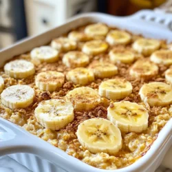 For peanut butter banana baked oatmeal, you need these key ingredients: - 2 cups rolled oats - 2 ripe bananas, mashed - 1/2 cup creamy peanut butter - 1/4 cup honey or maple syrup - 1 cup almond milk (or any milk of your choice) - 2 large eggs - 1 teaspoon vanilla extract - 1 teaspoon baking powder - 1/2 teaspoon cinnamon - A pinch of salt These ingredients work together to create a warm, tasty dish that is filling and nutritious. You can enhance the flavors with these fun add-ins: - 1/2 cup chopped walnuts or pecans - Extra banana slices for topping - A dollop of peanut butter for serving Adding these can give your baked oatmeal a nice crunch and extra richness. When picking bananas, look for ones that are ripe. Ripe bananas are soft and have brown spots. They taste sweeter and mash easily. For nut butter, choose creamy peanut butter for a smooth texture. Ensure it has no added sugars or oils. Natural peanut butter offers the best flavor and health benefits. {{ingredient_image_1}} Start by gathering all your ingredients. You will need: - 2 cups rolled oats - 2 ripe bananas, mashed - 1/2 cup creamy peanut butter - 1/4 cup honey or maple syrup - 1 cup almond milk (or any milk of your choice) - 2 large eggs - 1 teaspoon vanilla extract - 1 teaspoon baking powder - 1/2 teaspoon cinnamon - A pinch of salt - 1/2 cup chopped walnuts or pecans (optional) - Extra banana slices and peanut butter for topping Make sure your bananas are ripe. They should be soft and brown for the best flavor. Preheat your oven to 375°F (190°C). Grease an 8x8-inch baking dish with oil or cooking spray. This helps the oatmeal not stick. In a large bowl, combine the mashed bananas, peanut butter, honey or maple syrup, almond milk, eggs, and vanilla extract. Use a whisk to mix until it is smooth. Next, add the rolled oats, baking powder, cinnamon, and salt. Stir until all the ingredients blend well. If you want some crunch, fold in the walnuts or pecans. Pour the oatmeal mixture into your greased baking dish. Spread it out evenly to ensure it bakes well. For a nice look, add banana slices and dollops of peanut butter on top. Bake it in the preheated oven for 25-30 minutes. Look for a golden brown top and a firm center. This shows it’s done. Let it cool for a few minutes before slicing into squares. Enjoy your warm, tasty baked oatmeal! To keep your baked oatmeal moist, use ripe bananas. They add natural sweetness and moisture. Make sure to mash them well. I also recommend using creamy peanut butter. This helps to blend the ingredients smoothly. Adding almond milk keeps the mixture rich. You can adjust the milk amount for your desired texture. If you find the oatmeal too dry, try adding a splash more milk before baking. While an 8x8-inch baking dish works great, you can use other options. A 9x9-inch dish will also work well. If you want smaller portions, try a muffin tin. Just adjust the baking time to about 20 minutes. For a fun twist, use a cast-iron skillet. It gives a nice crust and looks great when serving. This baked oatmeal is perfect for meal prep. You can make it ahead and store it in the fridge. Slice it into squares for easy grabbing. To reheat, pop a square in the microwave for about 30 seconds. If you want it warm and fresh, bake it in the oven at 350°F for 10 minutes. Adding a bit of almond milk before reheating keeps it moist. Enjoy this tasty breakfast throughout the week! Pro Tips Use Ripe Bananas: The riper the bananas, the sweeter and more flavorful your baked oatmeal will be. Look for bananas with brown spots for the best taste! Customize Your Nuts: Feel free to swap walnuts or pecans for your favorite nuts or even seeds like pumpkin or sunflower seeds for a nut-free option. Storage Tips: This baked oatmeal can be stored in an airtight container in the fridge for up to a week. Reheat individual portions in the microwave for quick breakfasts. Make It Vegan: To make this recipe vegan, substitute the eggs with flax eggs (1 tablespoon of ground flaxseed mixed with 2.5 tablespoons of water per egg) and use maple syrup instead of honey. {{image_2}} You can easily make this dish nut-free. Just swap the peanut butter for sun butter or soy nut butter. These spreads have a rich taste similar to peanut butter. They are great for kids or anyone with nut allergies. You will still get that creamy texture and flavor you love. Feel free to mix things up! You can add cocoa powder for a chocolate twist. Swap bananas for apples to create an apple cinnamon flavor. Try adding pumpkin puree for a fall taste. You can even throw in some dried fruit. Get creative with spices too! Ginger or nutmeg can add a nice kick. For an extra treat, toss in some chocolate chips. They melt and create pockets of gooey goodness. Fresh or frozen berries also work well. Blueberries, raspberries, or strawberries add a burst of flavor. You can add them right into the mixture or sprinkle them on top before baking. These add-ins make your baked oatmeal even more tasty and fun! Store any leftover peanut butter banana baked oatmeal in an airtight container. Place it in the fridge. This way, it stays fresh for up to five days. If you want to keep it longer, consider freezing it. To freeze baked oatmeal, wait for it to cool completely. Cut it into squares and wrap each square in plastic wrap. Then, place them in a freezer-safe bag. You can store these for up to three months. Make sure to label the bag with the date. When you are ready to enjoy the leftovers, remove a square from the fridge or freezer. If frozen, let it thaw in the fridge overnight. For reheating, you can use the microwave. Heat it for about 30 seconds. Check if it’s warm enough. If not, heat for another 10-15 seconds. You can also reheat it in the oven. Set the oven to 350°F (175°C) and bake for 10-15 minutes. Enjoy it warm with extra peanut butter or banana slices on top! Yes, you can use quick oats. They cook faster and absorb more liquid. This change can make your baked oatmeal softer. Just remember to adjust the baking time. Check for doneness a few minutes early. To make this recipe vegan, you can swap eggs for flax eggs. Mix one tablespoon of ground flaxseed with three tablespoons of water. Let it sit for five minutes until it thickens. Use maple syrup instead of honey, and choose plant-based milk. Serve it warm with extra banana slices on top. A dollop of peanut butter adds creaminess. Drizzle honey or maple syrup for sweetness. You can also sprinkle cinnamon for a cozy touch. This dish is perfect for breakfast or a snack. Enjoy it with a cup of tea or coffee. This blog post covered how to make baked oatmeal, from gathering essential ingredients to baking it just right. You learned about flavor add-ins and tips for selecting ripe bananas and nut butter. By following the steps provided, anyone can create a delicious dish. Remember, you can adjust ingredients and try different flavors to suit your taste. Store leftovers well and reheat for a quick, healthy meal. Enjoy making baked oatmeal, and don’t forget to share your results with friends!