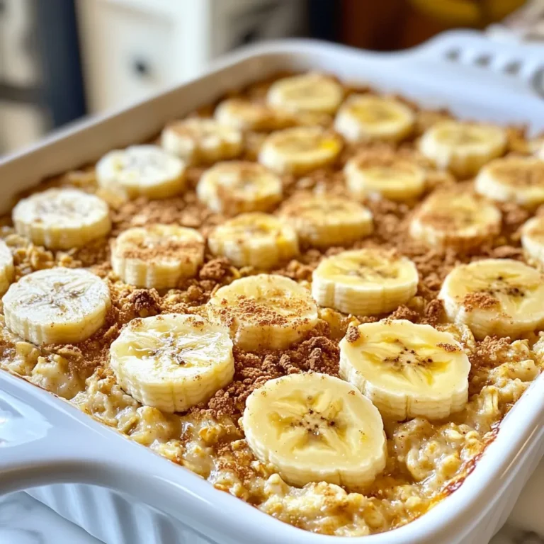For peanut butter banana baked oatmeal, you need these key ingredients: - 2 cups rolled oats - 2 ripe bananas, mashed - 1/2 cup creamy peanut butter - 1/4 cup honey or maple syrup - 1 cup almond milk (or any milk of your choice) - 2 large eggs - 1 teaspoon vanilla extract - 1 teaspoon baking powder - 1/2 teaspoon cinnamon - A pinch of salt These ingredients work together to create a warm, tasty dish that is filling and nutritious. You can enhance the flavors with these fun add-ins: - 1/2 cup chopped walnuts or pecans - Extra banana slices for topping - A dollop of peanut butter for serving Adding these can give your baked oatmeal a nice crunch and extra richness. When picking bananas, look for ones that are ripe. Ripe bananas are soft and have brown spots. They taste sweeter and mash easily. For nut butter, choose creamy peanut butter for a smooth texture. Ensure it has no added sugars or oils. Natural peanut butter offers the best flavor and health benefits. {{ingredient_image_1}} Start by gathering all your ingredients. You will need: - 2 cups rolled oats - 2 ripe bananas, mashed - 1/2 cup creamy peanut butter - 1/4 cup honey or maple syrup - 1 cup almond milk (or any milk of your choice) - 2 large eggs - 1 teaspoon vanilla extract - 1 teaspoon baking powder - 1/2 teaspoon cinnamon - A pinch of salt - 1/2 cup chopped walnuts or pecans (optional) - Extra banana slices and peanut butter for topping Make sure your bananas are ripe. They should be soft and brown for the best flavor. Preheat your oven to 375°F (190°C). Grease an 8x8-inch baking dish with oil or cooking spray. This helps the oatmeal not stick. In a large bowl, combine the mashed bananas, peanut butter, honey or maple syrup, almond milk, eggs, and vanilla extract. Use a whisk to mix until it is smooth. Next, add the rolled oats, baking powder, cinnamon, and salt. Stir until all the ingredients blend well. If you want some crunch, fold in the walnuts or pecans. Pour the oatmeal mixture into your greased baking dish. Spread it out evenly to ensure it bakes well. For a nice look, add banana slices and dollops of peanut butter on top. Bake it in the preheated oven for 25-30 minutes. Look for a golden brown top and a firm center. This shows it’s done. Let it cool for a few minutes before slicing into squares. Enjoy your warm, tasty baked oatmeal! To keep your baked oatmeal moist, use ripe bananas. They add natural sweetness and moisture. Make sure to mash them well. I also recommend using creamy peanut butter. This helps to blend the ingredients smoothly. Adding almond milk keeps the mixture rich. You can adjust the milk amount for your desired texture. If you find the oatmeal too dry, try adding a splash more milk before baking. While an 8x8-inch baking dish works great, you can use other options. A 9x9-inch dish will also work well. If you want smaller portions, try a muffin tin. Just adjust the baking time to about 20 minutes. For a fun twist, use a cast-iron skillet. It gives a nice crust and looks great when serving. This baked oatmeal is perfect for meal prep. You can make it ahead and store it in the fridge. Slice it into squares for easy grabbing. To reheat, pop a square in the microwave for about 30 seconds. If you want it warm and fresh, bake it in the oven at 350°F for 10 minutes. Adding a bit of almond milk before reheating keeps it moist. Enjoy this tasty breakfast throughout the week! Pro Tips Use Ripe Bananas: The riper the bananas, the sweeter and more flavorful your baked oatmeal will be. Look for bananas with brown spots for the best taste! Customize Your Nuts: Feel free to swap walnuts or pecans for your favorite nuts or even seeds like pumpkin or sunflower seeds for a nut-free option. Storage Tips: This baked oatmeal can be stored in an airtight container in the fridge for up to a week. Reheat individual portions in the microwave for quick breakfasts. Make It Vegan: To make this recipe vegan, substitute the eggs with flax eggs (1 tablespoon of ground flaxseed mixed with 2.5 tablespoons of water per egg) and use maple syrup instead of honey. {{image_2}} You can easily make this dish nut-free. Just swap the peanut butter for sun butter or soy nut butter. These spreads have a rich taste similar to peanut butter. They are great for kids or anyone with nut allergies. You will still get that creamy texture and flavor you love. Feel free to mix things up! You can add cocoa powder for a chocolate twist. Swap bananas for apples to create an apple cinnamon flavor. Try adding pumpkin puree for a fall taste. You can even throw in some dried fruit. Get creative with spices too! Ginger or nutmeg can add a nice kick. For an extra treat, toss in some chocolate chips. They melt and create pockets of gooey goodness. Fresh or frozen berries also work well. Blueberries, raspberries, or strawberries add a burst of flavor. You can add them right into the mixture or sprinkle them on top before baking. These add-ins make your baked oatmeal even more tasty and fun! Store any leftover peanut butter banana baked oatmeal in an airtight container. Place it in the fridge. This way, it stays fresh for up to five days. If you want to keep it longer, consider freezing it. To freeze baked oatmeal, wait for it to cool completely. Cut it into squares and wrap each square in plastic wrap. Then, place them in a freezer-safe bag. You can store these for up to three months. Make sure to label the bag with the date. When you are ready to enjoy the leftovers, remove a square from the fridge or freezer. If frozen, let it thaw in the fridge overnight. For reheating, you can use the microwave. Heat it for about 30 seconds. Check if it’s warm enough. If not, heat for another 10-15 seconds. You can also reheat it in the oven. Set the oven to 350°F (175°C) and bake for 10-15 minutes. Enjoy it warm with extra peanut butter or banana slices on top! Yes, you can use quick oats. They cook faster and absorb more liquid. This change can make your baked oatmeal softer. Just remember to adjust the baking time. Check for doneness a few minutes early. To make this recipe vegan, you can swap eggs for flax eggs. Mix one tablespoon of ground flaxseed with three tablespoons of water. Let it sit for five minutes until it thickens. Use maple syrup instead of honey, and choose plant-based milk. Serve it warm with extra banana slices on top. A dollop of peanut butter adds creaminess. Drizzle honey or maple syrup for sweetness. You can also sprinkle cinnamon for a cozy touch. This dish is perfect for breakfast or a snack. Enjoy it with a cup of tea or coffee. This blog post covered how to make baked oatmeal, from gathering essential ingredients to baking it just right. You learned about flavor add-ins and tips for selecting ripe bananas and nut butter. By following the steps provided, anyone can create a delicious dish. Remember, you can adjust ingredients and try different flavors to suit your taste. Store leftovers well and reheat for a quick, healthy meal. Enjoy making baked oatmeal, and don’t forget to share your results with friends!