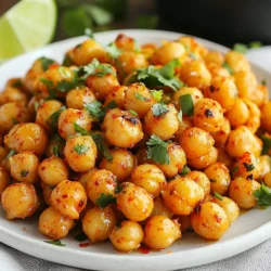 - 1 can (15 oz) chickpeas - 2 tablespoons olive oil - Spices: chili powder, smoked paprika, cumin, garlic powder - Lime: zest and juice - Salt and pepper to taste - Optional garnish: fresh cilantro Chili lime roasted chickpeas start with just a few simple ingredients. First, you need one can of chickpeas. This gives you a great base. Make sure to drain and rinse them well. You want them clean and ready to soak up flavors. Next, grab two tablespoons of olive oil. This helps the chickpeas get crispy as they roast. For the spices, you will use: - 1 teaspoon of chili powder for heat. - 1 teaspoon of smoked paprika for a depth of flavor. - 1/2 teaspoon of cumin for warmth. - 1/4 teaspoon of garlic powder for savory notes. Don't forget the lime! You&rsquo;ll need the zest and the juice from one lime. This adds a bright, zesty punch to the dish. Lastly, add salt and pepper to taste. If you like, you can finish it off with fresh cilantro as a garnish. This adds color and freshness to your snack. {{ingredient_image_1}} - Start with one can of chickpeas. Drain and rinse them well under cold water. - Spread the chickpeas on a clean towel and pat them dry. This step is key for getting them crispy. - In a mixing bowl, combine two tablespoons of olive oil, one teaspoon of chili powder, one teaspoon of smoked paprika, half a teaspoon of cumin, and a quarter teaspoon of garlic powder. - Add the zest of one lime and season with salt and pepper. Mix it well. - Toss the dried chickpeas in the spice mixture. Make sure every chickpea is coated evenly. - Preheat your oven to 400&deg;F (200&deg;C). This hot oven helps make the chickpeas crunchy. - Line a baking sheet with parchment paper. Spread the seasoned chickpeas in a single layer. - Roast them in the oven for 25 to 30 minutes. Shake the pan halfway through. This helps them cook evenly. - When they are golden and crispy, take them out. Squeeze fresh lime juice over the hot chickpeas for a zesty flavor. - Let them cool a bit before serving. If you like, top with chopped cilantro for a fresh touch. To get that perfect crunch, start by drying your chickpeas well. After you rinse them, spread them out on a towel and pat them dry. This step is key. If you skip it, your chickpeas may not crisp up as much. Roasting them at 400&deg;F (200&deg;C) works best. This high heat gives them that golden-brown color and tasty crunch. Roast for 25 to 30 minutes, shaking the pan halfway. This helps them cook evenly. Want to kick up the spice? You can easily adjust the amount of chili powder or smoked paprika. If you like it hotter, add more chili powder. For a milder flavor, use less. Fresh herbs can also boost the taste. Try adding fresh cilantro or even parsley after roasting. They add a nice touch of brightness. You can also mix in lime zest for more zing. This way, every bite bursts with flavor! Pro Tips Dry Chickpeas Thoroughly: Ensure chickpeas are patted dry before roasting to achieve maximum crispiness. Spice Variations: Feel free to experiment with different spices like cayenne pepper or onion powder for unique flavors. Watch the Roasting Time: Keep an eye on the chickpeas in the oven, as roasting times can vary based on your oven's calibration. Serve Immediately: Roasted chickpeas are best enjoyed fresh out of the oven for optimal crunch and flavor. {{image_2}} You can change up the spices to make these chickpeas your own. Try using: - Cajun seasoning for a kick. - Italian herbs like oregano and basil for a fresh taste. - Curry powder for a warm, rich flavor. You can also play with different citrus. Instead of lime, try: - Lemon for a brighter, tangy note. - Orange for a sweet twist. - Grapefruit for a unique, zesty flavor. These changes make the recipe fun and exciting. Chili lime roasted chickpeas are great on their own, but you can pair them with dips or sauces. Try serving them with: - Hummus for a creamy contrast. - Guacamole for a rich, smooth bite. - Tahini sauce for a nutty flavor. You can also add these chickpeas to salads or grain bowls. They add a nice crunch and protein. Mix them with: - Greens for a healthy base. - Quinoa or rice for a hearty meal. - Veggies like bell peppers or cucumbers for color and texture. These options make your snack or meal more delicious and satisfying. To keep your chili lime roasted chickpeas fresh, store them in an airtight container. Place the container in the fridge for up to 3 days. This helps maintain their crispiness. If you want to freeze them, it is not the best idea. They lose their crunch when thawed. So, enjoy them fresh for the best taste! Roasted chickpeas can stay fresh for about 3 to 4 days in the fridge. After that, they may start to lose their flavor and texture. Watch for signs of spoilage. If they smell off or feel soggy, it&rsquo;s time to toss them. Always trust your senses; they guide you well. Yes, you can use dried chickpeas. First, soak them overnight in water. This softens them. Next, cook them until tender. You can boil them for about an hour. After cooking, drain and rinse the chickpeas. Then, follow the same steps as with canned chickpeas. This way, you still get that crispiness and flavor. Dried chickpeas can give you a fresher taste. Absolutely! These chili lime roasted chickpeas are vegan. They contain no animal products. Chickpeas are a great plant-based protein source. The olive oil and spices keep it healthy. You can enjoy them without worry. They fit well into any vegan meal plan. To add heat, you can use more chili powder. Try adding cayenne pepper for a kick. You can also mix in crushed red pepper flakes. Start with a small amount, then taste. This way, you can control the spice level. Adding fresh jalape&ntilde;os before roasting is another option. Experiment until you find your perfect heat! Roasting chickpeas is simple and fun. You learned how to prepare, season, and roast them. I shared tips for crispiness and flavor. You can customize your chickpeas with spices or fresh herbs. Store leftovers properly to enjoy them later. Overall, roasted chickpeas are a great snack or meal addition. They are healthy, tasty, and easy to make. Enjoy your cooking adventure with these versatile bites!