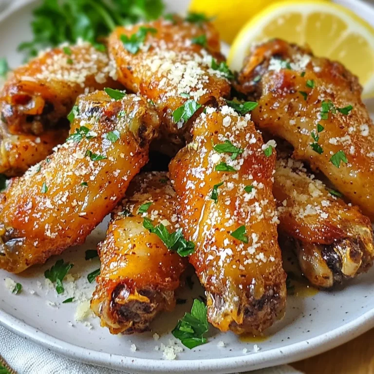 - 2 lbs chicken wings - 3 tablespoons olive oil - 4 cloves garlic, minced - 1 teaspoon dried oregano - 1 teaspoon paprika - 1 teaspoon salt - 1/2 teaspoon black pepper - 1 cup grated Parmesan cheese - 2 tablespoons fresh parsley, chopped (for garnish) - Optional: lemon wedges for serving When picking chicken wings, look for fresh, plump options. Choose wings that are firm and have no signs of freezer burn. Fresh garlic adds a strong flavor, so select bulbs that feel heavy and firm. For olive oil, extra virgin is best for rich taste. Go for a brand you trust. When choosing Parmesan cheese, opt for block cheese and grate it yourself for the best flavor. You can swap chicken wings for drumsticks if you prefer. If you need a garlic substitute, garlic powder works, but use less. Instead of olive oil, you might use avocado oil for a different taste. If you want a lower sodium option, try using a salt substitute. For a cheese swap, consider using nutritional yeast for a dairy-free version. {{ingredient_image_1}} First, take your chicken wings and pat them dry with paper towels. This helps remove moisture. Dry wings will get crispy in the air fryer. Make sure every wing is dry. In a big bowl, mix the olive oil, minced garlic, oregano, paprika, salt, and black pepper. Stir it all well to make a smooth marinade. This mix adds great flavor to the wings. Next, add the wings to the bowl with the marinade. Toss them until they are fully coated. Let them sit for 15 minutes to soak up the flavors. While they marinate, preheat your air fryer to 400°F (200°C) for about 5 minutes. Once heated, place the wings in a single layer in the air fryer basket. Cook them for 25-30 minutes. Make sure to flip them halfway through. This way, they cook evenly. When they turn golden brown and crispy, they are ready. After cooking, take the wings out and place them in a large bowl. While they are hot, sprinkle the grated Parmesan cheese over them. Toss gently until all wings are well-coated. Finally, transfer the wings to a serving platter. Garnish with chopped fresh parsley. Serve them hot with lemon wedges for that extra zing. Enjoy! To get crispy wings, start with dry chicken. Pat them with paper towels. This step helps remove moisture. Moisture makes wings soggy. You can also toss them in a bit of cornstarch before cooking. Cornstarch adds extra crunch. Marinating is key for tasty wings. Mix olive oil, garlic, and spices in a bowl. Add wings and coat them well. Let them sit for at least 15 minutes. This allows flavors to soak in. You can marinate longer for a stronger taste. Just don’t go over two hours. If wings are not crispy, check a few things. First, ensure you preheat the air fryer. Cooking at the right temperature is crucial. If wings cook unevenly, try flipping them halfway through. Lastly, do not overcrowd the basket. Space allows hot air to circulate, making them crispier. Pro Tips Pat Dry for Crispiness: Make sure to thoroughly pat the chicken wings dry before marinating. This helps achieve a crispy texture in the air fryer. Marinate for More Flavor: Allow the wings to marinate for at least 15 minutes. This enhances the flavor and makes each bite more delicious. Don't Overcrowd the Basket: Arrange the wings in a single layer in the air fryer basket. Overcrowding can prevent them from cooking evenly and getting crispy. Use Fresh Ingredients: Whenever possible, use fresh garlic and parsley. Fresh ingredients elevate the flavor and overall quality of the dish. {{image_2}} If you love heat, try adding some spice. Mix in 1-2 teaspoons of cayenne pepper with your seasoning. You could also use hot sauce in the marinade. This adds flavor and kick. When you sprinkle the Parmesan, consider using spicy cheese for extra heat. For a fresh twist, add herbs like thyme or rosemary. Chop about 1 tablespoon of fresh herbs and mix them into the marinade. You can also add lemon zest for a bright taste. This will give your wings a garden-fresh flavor that pairs well with the garlic and Parmesan. Get creative with sauces! Swap the garlic for BBQ sauce or honey mustard. You can also try a teriyaki glaze for a sweet and savory option. Just make sure to coat the wings well in your chosen sauce before air frying. This way, you can enjoy a variety of flavors! To store leftover wings, place them in an airtight container. Let them cool to room temperature first. Cover the container tightly. This keeps the wings fresh for up to three days in the fridge. If you want to eat them later, freezing is a great option. To reheat wings, use your air fryer for the best results. Preheat your air fryer to 350°F (175°C). Place the wings in a single layer in the basket. Heat them for about 5 to 7 minutes. This method helps them stay crispy. You can also use an oven if you prefer. Just heat them at 375°F (190°C) for 10 to 15 minutes. If you want to freeze these wings, start by letting them cool completely. Then, arrange them in a single layer on a baking sheet. Freeze them for a couple of hours. Once frozen, transfer the wings to a freezer bag. Remove as much air as possible. They will keep well for about two months in the freezer. When you’re ready to eat, thaw them overnight in the fridge before reheating. Enjoy your tasty snack! Yes, you can use frozen chicken wings. Just add extra time for cooking. Set your air fryer to 400°F (200°C) and cook for 30-35 minutes. Flip them halfway for even cooking. This will ensure they get crispy and hot. Cook your chicken wings for about 25-30 minutes at 400°F (200°C). Flip them halfway through. This helps them cook evenly and get that nice golden color. You can try many flavors! Add hot sauce for a spicy kick. Smoky chipotle or honey mustard work well too. Experiment with different spices, like cumin or curry powder, for unique flavors. To make wings extra crispy, keep them dry before cooking. Pat them with paper towels. Use a little oil in the marinade and do not overcrowd the air fryer basket. Cook them in a single layer for the best results. You learned about the best ingredients for chicken wings and how to choose them. I also shared tips for cooking them in an air fryer. Now you have helpful tricks to make your wings crispy and tasty. Don’t forget to try the flavor variations and storage tips. Cooking wings can be fun and easy. Enjoy making them and impress your friends with your skills!