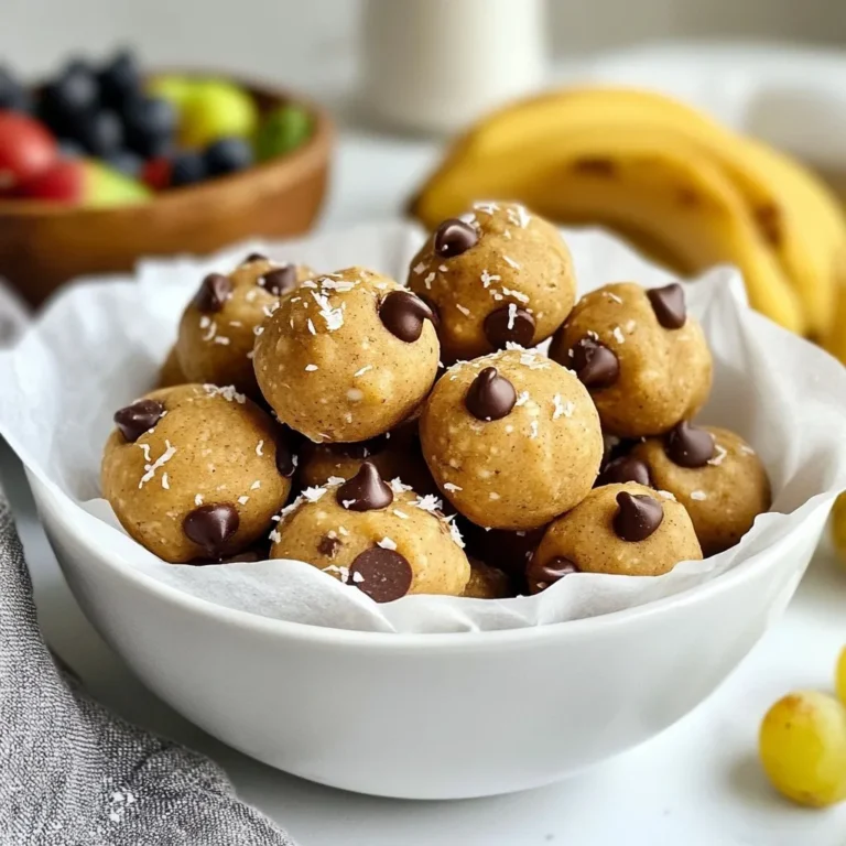 To make Vegan Chocolate Chip Cookie Dough Bites, gather these core ingredients: - 1 cup almond flour - 1/2 cup rolled oats - 1/4 cup maple syrup - 1/4 cup almond butter (or peanut butter) - 1 tsp vanilla extract - 1/2 tsp baking soda - 1/4 tsp salt - 1/3 cup vegan chocolate chips - 2 tablespoons coconut flour (for rolling) These ingredients work together to create a tasty, chewy treat that feels indulgent but is still healthy! If you have specific dietary needs, you can easily swap some ingredients. - Use oat flour instead of almond flour for gluten-free bites. - Maple syrup can be replaced with agave syrup if needed. - For nut allergies, sunflower seed butter works great in place of almond butter. These swaps keep the cookie dough bites delicious while meeting your needs. Want to take your cookie dough bites to the next level? Consider these add-ins: - A pinch of cinnamon adds warmth. - Chopped nuts provide a nice crunch. - Dried fruit, like cranberries or raisins, adds sweetness. These enhancements let you customize your bites to fit your taste! {{ingredient_image_1}} To make the dough, start by gathering your ingredients. In a large bowl, mix the almond flour, rolled oats, baking soda, and salt. Stir these dry ingredients well. In another bowl, whisk together the maple syrup, almond butter, and vanilla extract until smooth. This step blends the flavors nicely. Next, pour the wet mixture into the dry mix. Stir until a dough forms. If it seems crumbly, add a spoonful of water to help it stick together. When mixing, be gentle but thorough. You want all the dry bits to be moist. I recommend using a spatula or your hands. This helps feel the dough's texture. Once combined, fold in the vegan chocolate chips. Make sure they spread evenly throughout the dough. This ensures each bite has that yummy chocolate flavor. Now it’s time to shape your dough. Take small pieces and roll them into balls about one inch wide. I find using your palms works best for this. After shaping, roll each ball in coconut flour. This adds a nice touch and keeps them from sticking. Place the cookie dough bites on a parchment-lined baking sheet. Chill them in the fridge for at least 30 minutes. This helps them firm up, making them easier to enjoy later. To get the right dough, mix almond flour and oats well. If it feels too dry, add water, one tablespoon at a time. You want a soft, moldable dough. Too wet? Add a bit more almond flour. The dough should hold its shape but not be sticky. For deeper flavor, try adding a pinch of cinnamon or nutmeg. You can also mix in a tablespoon of cocoa powder for a chocolate boost. If you want more sweetness, add chopped dates or a splash more maple syrup. These little tweaks make a big difference in taste. If your dough is too crumbly, adding water helps. If it sticks to your hands, wet them slightly. You can also chill the dough for easier handling. If the bites spread too much while chilling, make sure to roll them tightly. Adjusting these factors will lead to perfect bites every time. Pro Tips Storage Solution: Store the cookie dough bites in an airtight container in the refrigerator for up to a week for the best freshness. Flavor Boost: For an added flavor twist, mix in a tablespoon of cocoa powder to the dry ingredients for a richer chocolate taste. Nut Butter Alternatives: Feel free to substitute almond butter with cashew butter or tahini for different nut-free profiles. Vegan Chocolate Choices: Ensure your chocolate chips are dairy-free and vegan-friendly, as some brands may contain milk or milk derivatives. {{image_2}} You can change the nut butter in this recipe. Almond butter is creamy and mild. Peanut butter gives a richer taste. Cashew butter makes it super smooth. Each nut butter brings its own flavor and texture. Try different ones to find your favorite. Add spices or extracts for a twist. A pinch of cinnamon adds warmth. Use a bit of sea salt for contrast. Almond extract gives a nutty kick. You can even add a splash of coffee for depth. These small changes make a big impact. Coconut flour is a great choice for rolling. You can also use crushed nuts for crunch. Try cocoa powder for a chocolate boost. Sprinkles can add fun colors. Each coating changes the look and taste. Mix it up to keep things exciting! To keep your vegan chocolate chip cookie dough bites fresh, store them in an airtight container. This simple step helps avoid drying out or getting hard. Place parchment paper between layers if you stack them. This keeps them from sticking together. If you want to save some cookie dough bites for later, freezing is a great option. Arrange the bites on a baking sheet and freeze them for about an hour. Once they are firm, transfer them to a freezer-safe bag. Make sure to remove as much air as possible. They will stay good in the freezer for up to three months. In the fridge, your cookie dough bites can last about one week. However, they taste best within the first few days. Store them in an airtight container to keep them moist and tasty. If they start to dry out, you can add a touch of maple syrup to revive them. Yes, these bites are a healthier treat. They use almond flour and oats, which are good for you. Almond flour has healthy fats and protein. Rolled oats add fiber, which helps digestion. Maple syrup is a natural sweetener, better than refined sugar. Vegan chocolate chips keep it plant-based while still being tasty. You can make these bites sugar-free! Swap out maple syrup for a sugar-free sweetener. Look for options like stevia or erythritol. Just remember, it may change the taste a bit. You want to ensure it still feels sweet and delicious. You can find pre-made vegan cookie dough bites at many health food stores. Check sections for vegan snacks or frozen treats. Some online stores sell them too. Brands like Doughp or Lenny & Larry's offer tasty options. Always read labels to ensure they meet your needs. We covered the main ingredients for cookie dough bites and their substitutes. You learned step-by-step instructions for prepping and mixing the dough. I shared tips to get the best texture and flavor. We also explored variations with different nut butters and add-ins. Lastly, I provided storage info to keep your treats fresh. Experiment with the recipe. Have fun making your own versions. Enjoy your delicious creations!