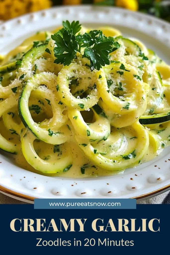 Discover the ultimate comfort food with this Creamy Garlic Parmesan Zoodles recipe! Perfectly spiralized zucchini noodles create a low carb creamy pasta that's both delicious and healthy. This Garlic Parmesan Zoodles dish is easy to make and perfect for a quick weeknight dinner. Ready in just 20 minutes, it's a flavorful twist on traditional pasta! Save this recipe for a wholesome zoodle dinner tonight! #ZucchiniNoodlesRecipe #LowCarbCreamyPasta #HealthyZoodleDinner #GarlicParmesanZoodles
