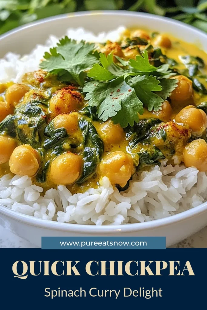Discover this delicious Chickpea Spinach Curry, the perfect Vegan Curry Recipe that's both easy to make and packed with flavor! This Coconut Milk Chickpea Dish is a nutritious option for any meal. Enjoy healthy spinach recipes that will impress your family and friends and provide a wholesome Easy Vegetarian Dinner. Try it tonight! Save this recipe for later and add a burst of flavor to your meals. #ChickpeaSpinachCurry #VeganRecipes #HealthyEating #EasyDinnerIdeas