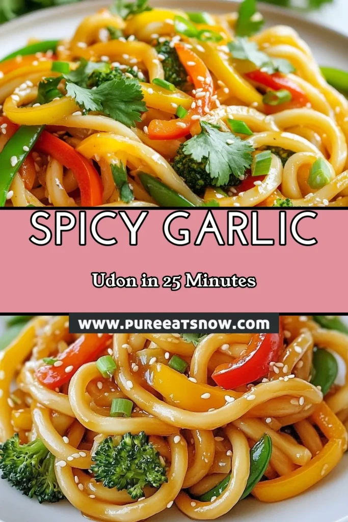 Craving an explosion of flavors? Try this Spicy Garlic Udon Stir Fry, a quick and easy Udon Stir Fry Recipe that's perfect for busy nights! Packed with colorful veggies and delicious garlic goodness, these Easy Udon Noodles are a must-try for anyone who loves Vegetarian Stir Fry. Whip up this dish in just 25 minutes for a satisfying meal. Don't miss out&mdash;save this recipe and impress your family tonight! #UdonNoodles #VegetarianRecipes #StirFry #QuickMeals