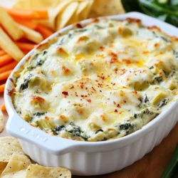 - 1 cup frozen spinach, thawed and well-drained - 1 cup canned artichoke hearts, drained and chopped - 1 cup cream cheese, softened - 1/2 cup sour cream - 1 cup shredded mozzarella cheese - 1/2 cup grated Parmesan cheese - 2 cloves garlic, minced - 1 teaspoon lemon juice - 1 teaspoon onion powder - Salt and pepper to taste - Optional: red pepper flakes for a kick If you want to spice up your dip, consider adding some red pepper flakes. They add heat and flavor. You can also use fresh herbs like parsley or basil for a fresh taste. A splash of Worcestershire sauce can give it a nice depth too. You can swap cream cheese with a dairy-free version or Greek yogurt. For a lighter dip, use low-fat sour cream. If you can&rsquo;t find artichokes, try using chopped mushrooms or sun-dried tomatoes instead. Using fresh spinach instead of frozen can also make your dip more vibrant. {{ingredient_image_1}} Start by preheating your oven to 375&deg;F (190&deg;C). This step is key to getting that perfect, bubbly dip. Next, take a large mixing bowl and add the softened cream cheese, sour cream, and lemon juice. Mix these three until they are smooth and creamy. I find using a hand mixer makes this part quick and easy. Now, add the minced garlic, onion powder, and salt and pepper to taste. Stir until everything is well combined. This blend of flavors gives your dip a rich taste. Then, fold in the thawed spinach and chopped artichokes. Make sure to mix gently so you don&rsquo;t break them apart too much. Finally, add the shredded mozzarella and grated Parmesan cheeses. Mix until everything is evenly distributed. Now it's time to bake your dip. Transfer the mixture into an oven-safe baking dish. Spread it out evenly for nice cooking. If you like a little heat, sprinkle some red pepper flakes on top. This step is fun and adds a nice touch! Place the dish in the oven and bake for about 25 to 30 minutes. You want the dip to be bubbly and golden brown on top. Keep an eye on it to avoid burning. Once your dip is ready, remove it from the oven. Let it cool for a few minutes before serving. This helps prevent burns. For a beautiful presentation, garnish with extra Parmesan and a few artichoke hearts. Serve it warm with tortilla chips, sliced baguette, or fresh veggies. Enjoy the creamy goodness! When making creamy spinach artichoke dip, some errors can ruin your dish. Here are common mistakes to watch for: - Not draining ingredients: Ensure spinach and artichokes are well-drained. Excess moisture can make your dip watery. - Skipping garlic: Always add garlic. It adds a rich flavor that enhances the dip. - Using cold cream cheese: Soften the cream cheese first. Cold cheese makes it hard to mix. - Overbaking: Keep an eye on the oven. Bake until bubbly. Overbaking can dry it out. A creamy texture makes your dip extra special. Here are some tips to get it just right: - Use full-fat cream cheese: Low-fat options can lack richness. Full-fat gives you that creamy delight. - Mix ingredients well: Blend cream cheese with sour cream until smooth. This helps create a uniform texture. - Incorporate cheeses gradually: Fold in mozzarella and Parmesan slowly. This ensures even melting and creaminess. - Add a splash of lemon juice: It brightens the flavor and helps with texture. Servings can make or break your dip. Here are some tasty ideas for serving: - Warm tortilla chips: These are perfect for scooping. Their crunch pairs well with the creamy dip. - Sliced baguette: Toasted baguette adds a nice texture. It&rsquo;s great for dipping too. - Fresh veggie sticks: Carrots, celery, or bell peppers add a fresh crunch. They balance the richness of the dip. - Garnish with extra Parmesan: A sprinkle of cheese on top makes it look appealing. It also adds flavor. These tips can help you create a delicious creamy spinach artichoke dip that everyone will love! Pro Tips Drain Well: Ensure the spinach and artichokes are well-drained to prevent a watery dip. Cheese Variations: Experiment with different cheeses like cheddar or gouda for a unique flavor twist. Make Ahead: Prepare the dip a day in advance and store it in the refrigerator. Bake just before serving. Serving Suggestions: Pair with an assortment of dippers like pita chips, crackers, or fresh vegetables for variety. {{image_2}} You can easily make this dip vegan. Swap cream cheese for a dairy-free cream cheese. Use coconut yogurt in place of sour cream. For cheese, choose a vegan mozzarella. These swaps keep the dip creamy and tasty without dairy. If you love heat, add spice! Mix in red pepper flakes for a nice kick. You can also use diced jalape&ntilde;os for more zest. For a smoky flavor, try adding some smoked paprika. Adjust the spice level to what you like best. To make this dip low-carb, replace the cream cheese with a full-fat version. Use cheese as the main ingredient, and skip the sour cream. You can enjoy it with low-carb veggies like bell peppers or celery. This way, you satisfy your cravings while sticking to your diet! To store leftovers, first let the dip cool to room temperature. Transfer it to an airtight container. This keeps it fresh longer. You can store it in the fridge for up to three days. Make sure to cover it well to avoid drying out. When you're ready to enjoy the dip again, preheat your oven to 350&deg;F (175&deg;C). Place the dip in an oven-safe dish. Heat it for about 15-20 minutes, or until warm. You can also microwave it. Heat it in 30-second bursts, stirring in between. This warms the dip without drying it out. If you want to freeze the dip, do so before baking. Place the mixed dip into a freezer-safe container. It can last for up to three months in the freezer. When you're ready to bake, let it thaw overnight in the fridge. Then, bake as usual. This way, you can enjoy creamy spinach artichoke dip anytime! Yes, you can make this dip ahead of time. Prepare it fully, then store it in the fridge. Cover the dip with plastic wrap or foil. When you are ready to bake it, just take it out. Let it sit for a few minutes at room temperature. Then, bake it as usual until it's hot and bubbly. This dip pairs well with many things. Here are some great options: - Tortilla chips - Sliced baguette - Fresh vegetable sticks like carrots or celery - Crackers - Pita chips These options add crunch and flavor, making every bite special. Homemade spinach artichoke dip lasts about 3 to 5 days in the fridge. Store it in an airtight container. If you notice any changes in smell or color, it's best to toss it out. Enjoy the dip warm for the best taste! To wrap up, we covered the key ingredients for creamy spinach artichoke dip, including substitutions for different tastes. I provided step-by-step instructions for preparation and baking, ensuring you avoid common mistakes. You also learned ways to serve and store leftovers effectively. Lastly, I shared tasty variations to suit various diets. Now, you can confidently make this dip at home. Enjoy the creamy goodness and flavors with family and friends!
