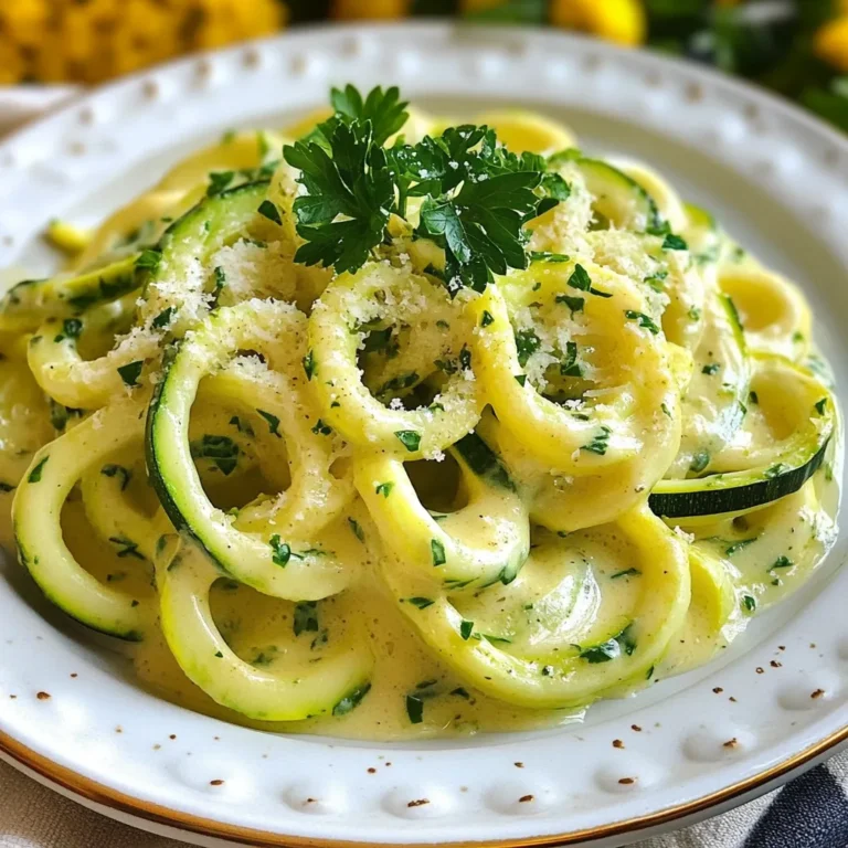 - 4 medium zucchini (zoodles) - 2 tablespoons olive oil - 4 cloves garlic, minced - 1 cup heavy cream - 1 cup freshly grated Parmesan cheese Zucchini forms the base of the dish. You spiralize it into zoodles, which add a fun twist. Olive oil adds flavor while helping to cook the garlic. Fresh minced garlic gives the dish its rich taste. Heavy cream makes the sauce creamy and smooth. Lastly, freshly grated Parmesan cheese brings a salty, savory touch. - 1/2 teaspoon salt - 1/4 teaspoon black pepper - 1/4 teaspoon red pepper flakes (optional) - Fresh parsley, chopped (for garnish) Salt and black pepper enhance the overall flavor. Red pepper flakes add a bit of heat if you want a spicy kick. Fresh parsley not only brightens the dish but also adds a pop of color. These seasonings and garnishes elevate the creamy garlic Parmesan zoodles, making them more appealing and delicious. {{ingredient_image_1}} To start, spiralize the zucchini into zoodles. You can use a spiralizer or a julienne peeler. Aim for long, thin strands for the best texture. After spiralizing, lay the zoodles on a paper towel. This helps absorb excess moisture. Zucchini has a high water content. Removing this moisture keeps your dish from getting soggy. Next, heat the olive oil in a large skillet over medium heat. Once hot, add the minced garlic. Sauté the garlic for about one minute. You want it to smell great but not burn. After the garlic is fragrant, pour in the heavy cream. Let it come to a gentle simmer. Stir it often. This helps the cream thicken, which takes about three to four minutes. Now, it’s time to make it creamy! Gradually stir in the grated Parmesan cheese. Mix it well until the cheese melts completely. This creates a smooth sauce. Season the sauce with salt, black pepper, and red pepper flakes if you like some heat. Add the zoodles to the sauce and toss them well. Cook them for an additional two to three minutes. You want them tender but still crunchy. Finally, remove the skillet from heat. Serve the zoodles hot, garnished with fresh parsley for a pop of color. Enjoy your delicious, creamy garlic Parmesan zoodles! To avoid overcooked zoodles, cook them briefly. They only need 2-3 minutes in the sauce. Check for a gentle crunch. This keeps them fresh and tasty. To perfect the garlic flavor, sauté it for just one minute. Watch it closely. Burnt garlic tastes bitter. Fresh garlic adds a bright touch to your dish. Choosing the right zucchini is key. Look for firm, shiny zucchini. Avoid soft or wrinkled ones. Medium-sized ones work best for zoodles. If you need alternatives for heavy cream, try coconut cream or cashew cream. Both add richness without dairy. You can also use half-and-half for a lighter option. Pro Tips Choose Firm Zucchini: Look for zucchini that are firm and free of blemishes to ensure your zoodles have the best texture. Don’t Skip the Salt: Salting the zoodles before cooking helps to draw out excess moisture and keep them from becoming soggy. Fresh Garlic for Flavor: Use fresh garlic instead of pre-minced for a more intense and aromatic flavor in your sauce. Adjust Cream for Thickness: If you prefer a thicker sauce, let it simmer a bit longer before adding the zoodles for a creamier consistency. {{image_2}} You can switch up the cheese in this recipe. Try using mozzarella for a milder taste. Feta adds a nice tang, too. If you’re a cheddar fan, give that a go for a sharper flavor. Want to add some protein? Chicken or shrimp work great in this dish. Cook them in the skillet before adding the garlic. This way, they soak up all those tasty flavors. Just make sure they are cooked through before you mix in the zoodles. To take your zoodles up a notch, add herbs and spices. Fresh basil or oregano gives a bright taste. You can also try thyme or dill for something different. A pinch of nutmeg adds warmth and depth, too. If you're looking for a vegan version, swap the heavy cream for coconut milk. Nutritional yeast can replace the Parmesan cheese. This keeps the dish creamy and adds a cheesy flavor without any dairy. You won't miss the cheese at all! To keep your creamy garlic Parmesan zoodles fresh, follow these simple steps: - Place leftovers in an airtight container. - Store in the fridge for up to three days. - Keep the sauce separate if possible. This helps zoodles stay firm. If you want to freeze zoodles, here’s how: - Blanch zoodles in boiling water for two minutes. - Cool them quickly in ice water. - Drain and pack zoodles in freezer bags. Remove air to prevent freezer burn. - Freeze for up to three months. When it’s time to eat your leftovers, you can reheat them easily: - Use a skillet over low heat. Add a splash of olive oil to keep them moist. - Stir gently to avoid breaking the zoodles. - You can also microwave in short bursts. Stir in between to ensure even heating. To maintain texture and flavor, avoid overheating. Zoodles can become mushy if cooked too long. Enjoy your creamy dish again with these tips! Zoodles are noodles made from zucchini. To make them, you spiralize zucchini using a spiralizer or a julienne peeler. This gives you long, thin strands that look just like pasta. It’s a great way to enjoy veggies while keeping your meals light. Yes, you can prepare parts of this dish in advance. You can spiralize the zucchini and store it in the fridge for up to two days. However, I recommend making the sauce fresh when you are ready to serve. This keeps the flavors bright and the zoodles crisp. To avoid soggy zoodles, always absorb excess moisture after spiralizing. I place them on a paper towel to soak up water. Also, cook them just until tender. This keeps them from getting too soft and mushy. Absolutely! This recipe is great for meal prep. You can portion the sauce and zoodles separately. Store them in airtight containers in the fridge. When you're ready to eat, just combine and reheat for a quick meal. In this post, I shared a simple and tasty zoodle recipe. We covered the main ingredients, like zucchini and heavy cream, and how to make the sauce. I highlighted cooking tips to keep your zoodles firm and added variations for different flavors. Finally, I addressed common questions about zoodles and meal prep. Enjoy crafting your delicious zoodle meal. With these tips, you can impress anyone at your table. Happy cooking!