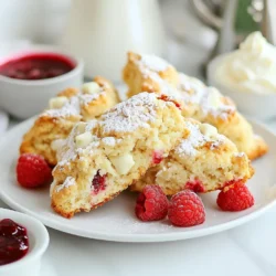 - 2 cups all-purpose flour - 1/2 cup granulated sugar - 1 tablespoon baking powder - 1/2 teaspoon salt - 1/2 cup unsalted butter, cold and cubed - 3/4 cup heavy cream - 1 teaspoon vanilla extract - 1 cup fresh raspberries - 1/2 cup white chocolate chips - Extra cream and sugar for topping For these raspberry white chocolate scones, you need simple yet essential items. All-purpose flour serves as the base. Granulated sugar adds sweetness. Baking powder helps the scones rise. A pinch of salt enhances the flavors. You want cold unsalted butter. It creates a flaky texture. Heavy cream adds richness. Vanilla extract gives a lovely aroma. Fresh raspberries bring tartness and color. White chocolate chips add creamy hints. Lastly, extra cream and sugar make a sweet topping. Gather these ingredients before you start. It makes the cooking process smoother. Each item plays a key role in creating tasty scones. Enjoy the blend of flavors as they come together. {{ingredient_image_1}} 1. Preheat the oven and prepare baking sheet Start by preheating your oven to 400°F (200°C). Line a baking sheet with parchment paper. This helps the scones bake evenly and makes for easy cleanup. 2. Mix dry ingredients In a large mixing bowl, whisk together 2 cups of all-purpose flour, 1/2 cup of granulated sugar, 1 tablespoon of baking powder, and 1/2 teaspoon of salt. Mixing these dry ingredients well ensures that the flavors blend nicely. 3. Incorporate cold butter Next, add 1/2 cup of cold, cubed unsalted butter to the flour mixture. Use a pastry cutter or your fingers to mix until it looks like coarse crumbs. This step is key to getting the right texture. 4. Combine wet ingredients and add to dry mixture In a different bowl, combine 3/4 cup of heavy cream and 1 teaspoon of vanilla extract. Slowly pour this mixture into the dry ingredients. Stir gently until everything is just combined. Don’t over-mix; you want some lumps. 1. Fold in raspberries and white chocolate Carefully add 1 cup of fresh raspberries and 1/2 cup of white chocolate chips to the dough. Gently fold them in without crushing the raspberries. This adds flavor and color. 2. Knead and shape dough Transfer the dough to a lightly floured surface. Knead it gently a few times until it feels smooth. Pat the dough into a circle about 1 inch thick. 3. Cut scones and transfer to baking sheet Use a sharp knife or a pizza cutter to cut the dough into 8 wedges. Carefully transfer the wedges onto your prepared baking sheet, leaving space between them. 4. Brush with cream and sprinkle with sugar Brush the tops of the scones with a bit of extra cream. Then, sprinkle some sugar on top for a sweet touch. This helps create a lovely crust. 1. Recommended baking time and temperature Place the scones in the preheated oven and bake for 15-20 minutes. You want them to turn golden brown on top. 2. How to tell when scones are done Check if they are done by inserting a toothpick into the center. If it comes out clean, the scones are ready. Let them cool slightly before serving for the best taste. Using cold ingredients is key to great scones. Cold butter helps create a flaky texture. It keeps the butter from melting too fast. This leads to light and airy scones. Do not overwork the dough. Mix just until it comes together. Kneading too much can make scones tough. Aim for a gentle touch. This helps maintain the soft structure. For serving, dust scones with powdered sugar. This adds a lovely touch. You can also brush them with extra cream and sprinkle sugar for a sweet crust. Pair your scones with clotted cream or raspberry jam. This makes each bite extra tasty. The cream adds richness, and the jam gives a fruity burst. Enjoy them warm for the best experience. Pro Tips Use Cold Ingredients: Ensure your butter and cream are cold to create a flaky texture in the scones. Don't Overmix: Mix the dough just until combined to prevent tough scones; gentle folding is key. Fresh Berries: Use fresh raspberries for the best flavor and avoid watery scones; frozen berries can make the dough soggy. Serve Warm: For the best experience, serve the scones warm with clotted cream or jam for added richness. {{image_2}} You can change the flavor of your scones easily. Try substituting raspberries with other berries. Blackberries, blueberries, or strawberries work well too. Each berry brings its own taste. Mixing and matching is fun! You can also use different types of chocolate. Instead of white chocolate chips, try dark chocolate or milk chocolate. Each type adds a unique flavor. Think about your taste and what you enjoy most. If you need gluten-free scones, you can use gluten-free flour. Look for blends that work in baking. They can help you make scones just as tasty. For vegan options, substitute the butter with coconut oil or vegan butter. You can also use almond milk or oat milk instead of cream. These swaps keep the scones rich and delicious while fitting your diet needs. Enjoy experimenting! To keep your scones fresh, store them in an airtight container. This helps maintain their soft texture. If you plan to eat them within a few days, leave them at room temperature. For longer storage, refrigerate them. Just make sure to wrap them well. You can also freeze these scones for up to three months. Wrap each scone tightly in plastic wrap, then place them in a freezer-safe bag. This way, you can enjoy them later without losing flavor. To reheat scones, the oven works best. Preheat your oven to 350°F (175°C). Place the scones on a baking sheet. Heat them for about 5-10 minutes. This method helps keep the scones crispy on the outside and soft inside. You can also use a microwave, but it may make them soft. If using a microwave, heat them for 10-15 seconds. Check them often to avoid overcooking. Enjoy your warm scones just like fresh out of the oven! Can I use frozen raspberries instead of fresh? Yes, you can use frozen raspberries. They work well in this recipe. Just remember that frozen raspberries may release more juice. This can make the dough wetter. If you use frozen, add them straight from the freezer. Avoid thawing them first to keep the scones from getting mushy. How do I make my scones taller and fluffier? To make scones taller and fluffier, use cold ingredients. Cold butter and cream help create steam during baking. Do not overwork the dough. Gently mix the ingredients until just combined. This keeps the scones light and airy. Also, make sure your baking powder is fresh for the best rise. What can I serve with raspberry white chocolate scones? You can serve these scones with clotted cream or butter. They also taste great with a dollop of raspberry jam. A light dusting of powdered sugar on top enhances their sweetness. Pairing them with a cup of tea or coffee makes for a delightful treat. Enjoy! You learned how to make raspberry white chocolate scones with this guide. We covered ingredients, step-by-step instructions, and helpful tips. Use cold ingredients and don’t overwork the dough for the best results. Feel free to try different flavors and keep your scones fresh. Remember, you can always reheat them for a warm treat. Enjoy your baking and impress your friends with these delicious scones.