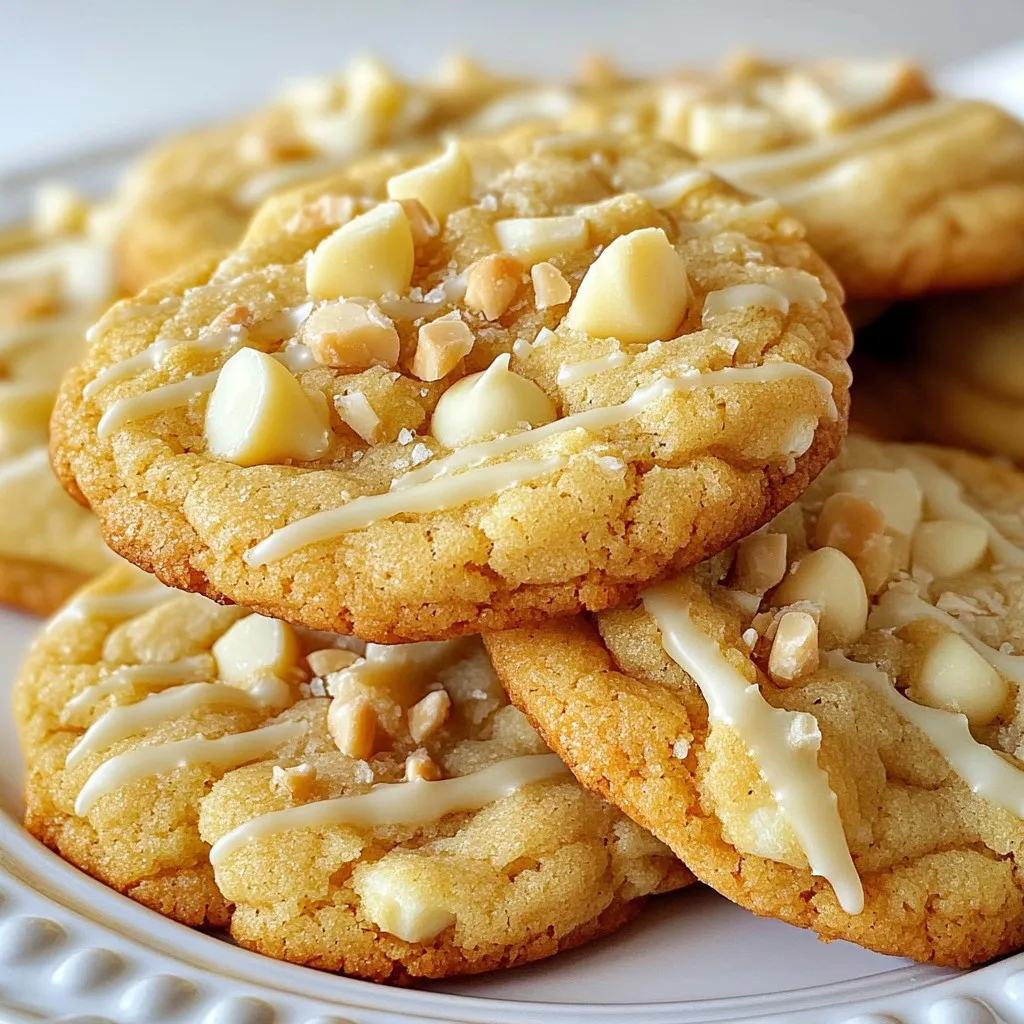 To make these delicious Macadamia White Chocolate Cookies, gather these key ingredients: - 1 cup unsalted butter, softened - 3/4 cup brown sugar, packed - 3/4 cup granulated sugar - 2 large eggs - 1 teaspoon vanilla extract - 2 1/2 cups all-purpose flour - 1 teaspoon baking soda - 1/2 teaspoon salt - 1 cup white chocolate chips - 1 cup macadamia nuts, chopped These ingredients create a rich and creamy cookie that melts in your mouth. For a fun twist, add 1/2 teaspoon of coconut extract. This adds a hint of tropical flavor. It makes the cookies taste even better, like a mini vacation in each bite. If you don't have an ingredient, here are some swaps: - Use salted butter instead of unsalted; just skip the added salt. - Brown sugar can be replaced with coconut sugar for a different sweetness. - All-purpose flour can be swapped with gluten-free flour for a gluten-free treat. - If you want to avoid nuts, try using more chocolate chips or dried fruit. These substitutions keep the cookies tasty while catering to your needs. Enjoy experimenting! {{ingredient_image_1}} Start by preheating your oven to 350°F (180°C). Line two baking sheets with parchment paper. This keeps cookies from sticking. In a large mixing bowl, cream together 1 cup of softened unsalted butter, 3/4 cup of brown sugar, and 3/4 cup of granulated sugar. Mix until it looks light and fluffy. This step adds air and makes cookies soft. Next, add 2 large eggs, one at a time. Mix well after each egg. Then, stir in 1 teaspoon of vanilla extract. If you want extra flavor, add 1/2 teaspoon of coconut extract. In another bowl, whisk together 2 1/2 cups of all-purpose flour, 1 teaspoon of baking soda, and 1/2 teaspoon of salt. Slowly add this dry mix to the wet ingredients. Mix until just combined. Now, fold in 1 cup of white chocolate chips and 1 cup of chopped macadamia nuts. Make sure they are evenly mixed. This gives each cookie a tasty crunch and sweet bites. Using a cookie scoop or a spoon, drop rounded tablespoons of dough onto the prepared sheets. Leave space between each cookie; they will spread. Bake in the preheated oven for 10 to 12 minutes. Look for lightly golden edges. The centers may appear slightly underbaked but will firm up as they cool. After baking, let the cookies cool on the sheets for 5 minutes. This helps them set. Then, transfer them to a wire rack to cool completely. For presentation, stack the cookies on a nice plate. Sprinkle extra chopped macadamia nuts on top. You can even drizzle melted white chocolate over them for a fancy touch. Enjoy your delicious treats! - Use room temperature butter for a smooth mix. - Measure flour carefully. Too much flour makes cookies dry. - Chill your dough for 30 minutes before baking. This helps cookies hold their shape. - Space the dough balls well on the tray. They need room to spread. - Bake one tray at a time for even heat. Rotate trays halfway through. - Don’t skip the baking soda. It helps cookies rise and become fluffy. - Avoid overmixing the dough. It can make cookies tough. - Watch the baking time closely. Cookies should be golden on the edges but soft in the center. - Don’t cool cookies on the baking sheet for too long. This can lead to soggy bottoms. - For chewy cookies, use more brown sugar and less granulated sugar. This adds moisture. - Bake for a shorter time. Remove them when they look slightly underbaked. - For crispy cookies, use more granulated sugar and less brown sugar. This creates a crunchier texture. - Bake until golden all over for that perfect crispness. Pro Tips Use Room Temperature Butter: Softened butter incorporates better with sugars, creating a light and fluffy cookie texture. Don’t Overmix the Dough: Mix until just combined to keep the cookies tender and prevent them from becoming tough. Chill the Dough: For even thicker cookies, chill the dough for 30 minutes before baking to help them retain their shape. Check for Doneness: Cookies will continue to bake on the sheet after being removed from the oven, so take them out when the edges are golden and the centers look slightly underbaked. {{image_2}} You can change the taste of your cookies by adding different flavors. Try adding 1/2 teaspoon of almond extract. This gives a nice twist to the classic taste. You can also mix in 1/2 cup of shredded coconut for a tropical vibe. The coconut adds texture and pairs well with white chocolate. If you need gluten-free cookies, swap the all-purpose flour with a gluten-free blend. This keeps the cookies soft and chewy. For a vegan option, use plant-based butter and replace eggs with flax eggs. To make a flax egg, mix 1 tablespoon of ground flaxseed with 2.5 tablespoons of water. Let it sit for a few minutes until it thickens. These adjustments keep your cookies tasty while meeting dietary needs. You can mix up the nuts and chocolate for fun new flavors. Instead of macadamia nuts, try pecans or walnuts. They add a rich, nutty flavor. For the chocolate, use dark chocolate chips or even milk chocolate. Each combination gives you a unique cookie experience. Experiment with these changes to find your favorite mix! To keep your cookies fresh, store them in an airtight container. I recommend using a glass or plastic container with a tight lid. Place a piece of parchment paper between layers of cookies to prevent sticking. This method helps maintain their soft texture. You can freeze these cookies for later enjoyment. Once they cool completely, place them in a single layer on a baking sheet. Freeze until solid, then transfer them to a freezer bag. Remove as much air as possible. They will stay fresh for up to three months. Baked macadamia white chocolate cookies last about one week at room temperature. After that, they may dry out. If you want them to last longer, freeze them. Just remember to let them thaw before enjoying! Macadamia white chocolate cookies stand out for their rich, creamy flavor. The sweet white chocolate pairs perfectly with the buttery, nutty macadamia nuts. This combo gives each bite a delightful crunch and a melt-in-your-mouth texture. The optional coconut extract adds a tropical twist that makes these cookies feel special. This unique blend of flavors creates a cookie that is both comforting and exciting. Yes, you can use milk chocolate instead of white chocolate. This swap will change the taste and color of your cookies. Milk chocolate brings a creamier flavor and a darker hue. If you enjoy chocolate, this option provides a nice touch. Just keep in mind that it will alter the sweetness level, so taste the dough to find the right balance. If your cookies spread too much, there are several fixes you can try. First, make sure your butter is softened, not melted. Melted butter can cause cookies to spread. Chill the dough for 30 minutes before baking to help it hold its shape. You can also add a little more flour to the dough if it seems too wet. Lastly, ensure you leave enough space between cookies on the baking sheet. This space allows them to spread evenly without merging into one big cookie. In this post, we explored how to make delicious macadamia white chocolate cookies. You learned about essential ingredients, easy steps, and expert tips for the best results. We also covered variations, storage, and answered common questions. Baking can be fun and rewarding. Use this guide to create your perfect batch. Whether you want chewy or crispy cookies, you have the tools to succeed. Enjoy your baking journey!
