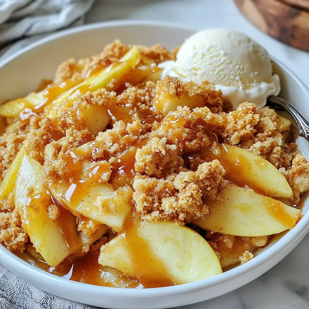 - 4 medium-sized apples (like Granny Smith or Honeycrisp) - 1 cup brown sugar, packed - 1/2 cup granulated sugar - 1 tablespoon lemon juice - 1 teaspoon cinnamon - 1/4 teaspoon nutmeg - 1 tablespoon cornstarch - 1 cup rolled oats - 1 cup all-purpose flour - 1/2 cup unsalted butter, melted - 1/2 teaspoon sea salt - 1 cup salted caramel sauce Each ingredient plays a key role in flavor and texture. The apples provide tartness and sweetness. The brown sugar adds depth, while granulated sugar balances the flavors. Lemon juice brightens the apples. Cinnamon and nutmeg bring warmth. Cornstarch helps thicken the apple filling. Oats and flour create the crunchy topping, and melted butter binds everything together. You can add a handful of chopped nuts, like walnuts or pecans, for extra crunch. Try mixing in some dried cranberries for a tart bite. For a fun twist, sprinkle in some chocolate chips. These options will elevate your crumble and make it even more special. {{ingredient_image_1}} To start, you need apples. I recommend using Granny Smith or Honeycrisp. These apples give a nice sweet and tart balance. First, peel and core four medium apples. Then slice them thinly. In a large bowl, combine the sliced apples with one cup of packed brown sugar and half a cup of granulated sugar. Add one tablespoon of lemon juice for a fresh taste. Sprinkle in one teaspoon of cinnamon and one-fourth teaspoon of nutmeg for warmth. Finally, mix in one tablespoon of cornstarch to help thicken the juices. Toss everything until the apples are well coated. Set this mixture aside to let the flavors blend. Now, let’s make the crumble. In another bowl, mix one cup of rolled oats with one cup of all-purpose flour. Pour in half a cup of melted unsalted butter. Add half a teaspoon of sea salt for flavor. Stir this mixture until it looks crumbly but can still hold together. You want a good texture that will bake nicely on top of the apples. Preheat your oven to 350°F (175°C) and grease a 9x13-inch baking dish. Pour the apple mixture into the dish, spreading it out evenly. Drizzle half of the salted caramel sauce over the apples, ensuring good coverage. Next, sprinkle the crumble topping over the apple layer evenly. This will create a nice crust when baked. Place the dish in the oven and bake for 35 to 40 minutes. The apples should be tender, and the topping should turn golden brown. Once done, take it out of the oven. Let it cool for 10 to 15 minutes. Before serving, drizzle the remaining salted caramel over the top for a sweet finish. Enjoy your warm salted caramel apple crumble! When picking apples, I suggest using Granny Smith or Honeycrisp. These apples bring both tartness and sweetness. Tart apples balance the sweet caramel well. Avoid soft apples, as they won't hold up during baking. Always choose firm apples for the best texture. To boost the flavor, add a splash of vanilla extract to your apple mix. You can also sprinkle in more spices. Try adding a pinch of ginger or cloves for warmth. A squeeze of fresh lemon juice brightens the flavors too. Don't forget to taste as you go! For a lovely presentation, serve the crumble warm in bowls. A scoop of vanilla ice cream on top makes it special. Drizzle extra salted caramel over everything for a sweet touch. You can also add a sprinkle of chopped nuts for crunch. A few apple slices or a mint leaf can add color too. Pro Tips Choose the Right Apples: Opt for tart apples like Granny Smith or Honeycrisp for a perfect balance of sweetness and acidity in your crumble. Make It Extra Crunchy: For a more textured topping, consider adding chopped nuts like walnuts or pecans to the crumble mixture. Serve It Warm: This dish is best enjoyed warm, so allow it to cool slightly before serving. Pair it with vanilla ice cream for an indulgent treat. Store Properly: If you have leftovers, store them in an airtight container in the fridge for up to 3 days. Reheat in the oven for the best texture. {{image_2}} You can make this salted caramel apple crumble gluten-free. Use gluten-free flour instead of all-purpose flour. Many brands offer a great mix that works well. Make sure to check labels to avoid hidden gluten. Adding nuts can enhance the flavor and crunch. Try chopped walnuts or pecans. Mix them into the crumble topping for a nice bite. You could also add some chocolate chips for a sweet twist. They melt and create gooey pockets of chocolate. You can switch out apples for other fruits. Pears or peaches work well for a fresh taste. Mix different fruits to create your own unique flavor. Just keep the same amount of sugar and spices to balance the sweetness. To keep your salted caramel apple crumble fresh, store it in an airtight container. This helps to keep moisture away. If you plan to eat it within a few days, you can leave it at room temperature for up to two days. If you want it to last longer, place it in the fridge. It can stay fresh in the fridge for about four days. When you’re ready to enjoy your leftovers, preheat your oven to 350°F (175°C). Place the crumble in an oven-safe dish. Cover it with foil to prevent it from drying out. Heat it for about 15-20 minutes until warmed through. If you like a crispy top, remove the foil for the last 5 minutes. You can also reheat it in the microwave for a quick option. Just heat it in 30-second bursts until warm. If you want to save some for later, freezing is a great option. Allow the crumble to cool completely. Then, wrap it tightly in plastic wrap, followed by aluminum foil. This prevents freezer burn. You can freeze it for up to three months. To thaw, place it in the fridge overnight. Once thawed, reheat it in the oven as mentioned above for the best taste. Yes, you can use other fruits! Pears, peaches, or berries work well too. The recipe will still taste great. Just remember to adjust the sugar to match the fruit's sweetness. For example, berries are usually sweeter. Keep the same spices for a warm flavor. This dessert lasts about 3 to 4 days in the fridge. Store it in an airtight container to keep it fresh. I recommend reheating it in the oven or microwave before serving. This way, it stays warm and tasty. Absolutely! You can prep the apple mix and crumble topping one day before. Just keep them separate in the fridge. On baking day, assemble the layers and bake. This makes it easy for gatherings or busy days. Enjoy the yummy smell filling your kitchen! This blog post covered all you need for a perfect salted caramel apple crumble. We explored ingredients, measurements, and optional enhancements. Then, I shared step-by-step instructions for preparation, making the topping, and baking. You also learned tips on choosing apples and presentation ideas. In closing, enjoy experimenting with variations and storing your leftovers. This dish is easy to make and fun to share. So go ahead and create your own delicious apple crumble masterpiece!